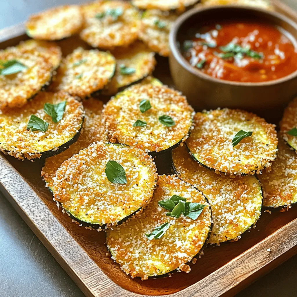 To make crispy air fryer zucchini chips, gather these main ingredients: - 2 medium zucchinis, washed and dried - 1 cup finely grated Parmesan cheese - 1 cup whole wheat breadcrumbs - 2 teaspoons garlic powder - 1 teaspoon onion powder - 1 teaspoon dried oregano - ½ teaspoon salt - ½ teaspoon freshly ground black pepper - 1 large egg, beaten - Cooking spray, for air frying You can add some fun twists to your zucchini chips with these optional ingredients: - Fresh herbs like basil or thyme for extra flavor - A pinch of cayenne pepper for some heat - Nutritional yeast for a cheesy flavor without dairy - Different breadcrumbs like panko for added crunch These crispy zucchini chips are a healthier snack option. Here’s a quick look at the nutrition: - Calories: About 150 per serving - Protein: 8 grams from the egg and cheese - Carbs: 18 grams, mainly from the zucchini and breadcrumbs - Fat: 7 grams, mostly healthy fats from the cheese - Dietary Considerations: These chips are vegetarian and can be made gluten-free with the right breadcrumbs. For the full recipe, check the Crispy Parmesan Air Fryer Zucchini Chips 🥒 details above. To start, wash the zucchinis under cool running water. Make sure to scrub off any dirt. After washing, dry them with a clean towel. Next, trim the ends off each zucchini. Slice them into thin rounds, about 1/8 inch thick. This thickness helps them cook evenly and get crispy. Now, it's time to make the coating. In a shallow bowl, mix together the finely grated Parmesan cheese, whole wheat breadcrumbs, garlic powder, onion powder, dried oregano, salt, and black pepper. Stir it well so that all the spices are mixed in. In a separate bowl, crack the egg and beat it until it looks smooth. This will be your egg wash that helps the coating stick to the zucchini. Preheat your air fryer to 370°F (190°C) for about 5 minutes. This step ensures your chips cook evenly. Take each zucchini slice and dip it into the egg wash first. Let any extra egg drip off. Then, press it into the breadcrumb mixture, making sure to coat it well. Place the coated zucchini chips in a single layer in the air fryer basket. Leave space between them to let air flow. If you have many slices, work in batches. Lightly spray the tops with cooking spray to help them get crispy. Air fry the zucchini chips for 10 to 12 minutes. Flip them halfway through to help them cook evenly. When they are golden brown, they are ready. After cooking, take them out and place them on a paper towel to cool. This helps absorb any extra oil. For the complete recipe, check out the full recipe section. To get that perfect crunch, use a light spray of oil. This helps the chips brown nicely. Place the zucchini chips in a single layer in the air fryer. Make sure not to crowd them. If they touch, they won’t crisp up well. Cook your zucchini chips in batches if needed. This gives them room to breathe and cook evenly. Flip them halfway through cooking. This ensures both sides get the same crispy finish. It’s a simple step that makes a big difference. Want to spice things up? Try adding smoked paprika or cayenne pepper to the breadcrumb mix. Fresh herbs like thyme or basil work well too. A little zest can turn a good chip into a great one. Feel free to experiment! {{image_4}} You can add fun flavors to your zucchini chips. Here are a few ideas: - Spicy Zucchini Chips: Mix cayenne pepper or red pepper flakes into the breadcrumb mix. - Herbed Zucchini Chips: Add fresh herbs like rosemary or thyme for a fragrant touch. - Cheesy Zucchini Chips: Mix in different cheeses like cheddar or mozzarella for extra zest. If you don’t have an air fryer, you can still enjoy these chips. Baking is a great option: - Preheat your oven to 425°F (220°C). - Spread the coated zucchini slices on a baking sheet in a single layer. - Bake for 20-25 minutes, flipping halfway through, until golden and crisp. Pan-frying is another choice: - Heat oil in a skillet over medium heat. - Fry the zucchini chips in batches for 2-3 minutes on each side until crisp. Need to adjust for dietary needs? Here are some options: - Gluten-Free: Use gluten-free breadcrumbs or ground almonds for the coating. - Low-Carb: Replace breadcrumbs with crushed pork rinds or almond flour. These changes keep your zucchini chips tasty while fitting your diet. For the full recipe, check out the complete guide. To keep your zucchini chips fresh, store them in an airtight container. Line the container with a paper towel to absorb moisture. Place the chips in a single layer if possible. This will help maintain their crunch. If you have a lot of chips, consider using multiple layers and changing the paper towel as needed. For longer storage, you can freeze the chips. Just make sure they cool completely before placing them in a freezer bag. Remove as much air as you can from the bag before sealing. When it’s time to enjoy your leftover chips, I recommend reheating them in the air fryer. Set the air fryer to 350°F (175°C). Heat them for about 5 minutes. This will help them regain their crispiness. You can also use an oven at the same temperature, placing the chips on a baking sheet. Avoid using a microwave, as it can make them soggy. Zucchini chips will stay fresh in the refrigerator for about 2 to 3 days. If you freeze them, they can last up to 2 months. After that, they may lose flavor and texture. Always check for any signs of spoilage before eating. If they look or smell off, it’s best to toss them. Enjoy your crispy snacks while they are at their best! For the full recipe, check out the Crispy Air Fryer Zucchini Chips with Parmesan recipe. To make zucchini chips less soggy, start by removing moisture. Here are some tips: - Slice Thinly: Cut zucchini into thin rounds, about 1/8 inch thick. - Salt the Zucchini: Sprinkle salt on the slices and let them sit for 15-30 minutes. This draws out moisture. - Pat Dry: Use paper towels to pat the slices dry after salting. - Avoid Overcrowding: Place zucchini chips in a single layer in the air fryer. This helps them crisp up. Yes, you can use other vegetables! Here are some ideas: - Sweet Potatoes: Slice them thin and coat as you would zucchini. - Eggplant: Works well if you salt it first to reduce moisture. - Carrots: Cut into thin strips and follow the same coating method. These veggies can also become crispy and tasty snacks. Just keep the cooking times in mind, as they may vary. Dipping sauces can elevate your zucchini chips. Here are some tasty options: - Marinara Sauce: A classic choice for a tangy kick. - Ranch Dressing: Creamy and flavorful, perfect for dipping. - Yogurt Dip: Mix yogurt with herbs for a refreshing sauce. These sauces add extra flavor and make your snack even more enjoyable. For more ideas, check the full recipe. In this post, we covered how to make crispy zucchini chips. We discussed key ingredients, detailed steps for preparation, and tips for perfecting the crispiness. You learned about flavor variations and storage tips. Finally, we answered common questions to help you succeed. With these easy methods, you can enjoy healthy and tasty snacks anytime. Now, grab your zucchini and get cooking!
