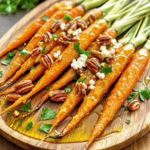 - 1 lb baby carrots - 2 tablespoons extra virgin olive oil - 1 teaspoon pure honey - 1/2 teaspoon fine sea salt - 1/4 teaspoon freshly ground black pepper - 1/2 cup chopped pecans - 2 tablespoons packed brown sugar - 1/2 teaspoon ground cinnamon - 4 oz creamy goat cheese - Fresh parsley for garnish - Regular carrots, sliced into sticks - Additional spices (like nutmeg or cumin) for variation To make this dish shine, I use fresh baby carrots. They are sweet and tender, which makes them perfect for roasting. The extra virgin olive oil gives them a rich flavor, while honey adds a touch of sweetness. Sea salt and black pepper balance all the tastes. Chopped pecans are key for the topping. I mix them with brown sugar and cinnamon for a sweet crunch. Crumbled goat cheese adds creaminess and tang, making the dish extra special. If you want to switch things up, you can use regular carrots cut into sticks. For even more flavor, try adding spices like nutmeg or cumin. This recipe truly highlights the beauty of simple ingredients. Each one plays a role in creating a delightful dish. You can find the full recipe above for all the steps to make this tasty treat. - Preheat the oven to 400°F (200°C). - Line a baking sheet with parchment paper. First, set that oven hot and ready. This step is key for getting the carrots nice and tender. The parchment paper will make cleanup easy, too. - Combine olive oil, honey, salt, and pepper. - Coat the baby carrots thoroughly. In a big bowl, mix olive oil, honey, salt, and pepper. Toss in the baby carrots and mix well. Every carrot should be coated. This mix adds flavor and a nice glaze when roasted. - Place carrots in a single layer on the baking sheet. - Prepare the pecan topping while carrots roast. Spread the carrots out in a single layer. This ensures they roast evenly. While they cook, you can start on the pecan topping. This will add crunch and sweetness. - Mix chopped pecans, brown sugar, and cinnamon. - Scatter the mixture over the carrots halfway through cooking. In a small bowl, combine chopped pecans, brown sugar, and cinnamon. Mix this well. After 15 minutes of roasting, sprinkle this mixture over the carrots. This helps create a sweet, crunchy topping. - Remove from oven and cool briefly. - Top with crumbled goat cheese and parsley before serving. Once done, take the baking sheet out of the oven. Let the carrots cool for a few minutes. This helps the flavors settle. Finish by adding crumbled goat cheese on top and a sprinkle of parsley. This dish is now ready to impress! For the full recipe, check out the details earlier in the article. To get the best flavor from your carrots, spread them in a single layer. This lets hot air cook them evenly. If they overlap, some may burn while others stay raw. Stir the carrots halfway through roasting. This step helps them caramelize nicely on all sides. You can make this dish even better by adding herbs or spices. Try thyme, rosemary, or even a pinch of nutmeg. Another great idea is to drizzle balsamic reduction on top. This adds a sweet and tangy kick that really brightens the dish. Serving is key to enjoying this dish. Use an elegant platter to show off the vibrant colors. For a finishing touch, add whole pecans and fresh parsley on top. This not only looks great but also adds extra texture and flavor. For the full recipe, check the details above. {{image_4}} You can easily make this dish even more delightful. Try these simple swaps: - Substitute brown sugar with maple syrup for a rich, natural sweetness. - Use feta cheese instead of goat cheese. Feta brings a salty tang and creamy texture. This recipe can fit many diets with a few changes: - For gluten-free options, ensure all ingredients are gluten-free. This dish is naturally gluten-free! - For vegan modifications, use dairy-free cheese. This will keep the creamy texture while making it plant-based. You can change up this dish to fit the season: - Incorporate seasonal vegetables like parsnips or sweet potatoes for variety. - Use different nuts based on what you have. Walnuts or almonds can add nice flavors and crunch. For the full recipe, check out the detailed steps to make these roasted carrots shine! After enjoying your roasted carrots, store the leftovers in an airtight container. This keeps them fresh and tasty. You should eat them within 3 days for the best flavor. If you wait too long, they may lose their crunch. To warm up your carrots, I suggest using the oven. This method helps regain their crispness. Preheat your oven to 350°F (175°C) and place the carrots on a baking sheet. Heat for about 10 minutes. If you need a quick option, use the microwave. Just heat them for 1-2 minutes, stirring halfway through. Can roasted carrots be frozen? Yes, but they may lose some texture. If you want to freeze them, let them cool completely first. Place the carrots in a freezer-safe bag. Remove as much air as possible before sealing. When you’re ready to eat them, thaw in the fridge overnight. Then, reheat in the oven for a better taste and texture. For the full recipe, check the recipe section above. Yes, you can use regular carrots. They will need more prep time. Slice them into sticks for even cooking. Regular carrots are larger and take longer to roast. Aim for similar thickness to baby carrots. This helps them cook evenly and become tender. If goat cheese is not your favorite, try feta cheese. It has a similar creamy texture. Cream cheese or ricotta can work too. For a bold flavor, try blue cheese. Each option gives a different taste to the dish. Check your carrots after 25 minutes. They should be fork-tender and slightly caramelized. Look for a golden-brown color on the edges. If they feel soft and sweet, they are done roasting. Yes, you can prepare the carrots and pecans in advance. Roast the carrots and let them cool. Store in the fridge for up to two days. When ready to serve, reheat and add goat cheese. This keeps the flavors fresh and vibrant. Yes, you can use walnuts, almonds, or pistachios. Each nut has its unique flavor. Walnuts add a rich, earthy taste. Almonds give a nice crunch, and pistachios offer a sweet note. Choose based on your preference for a different twist. This blog post guided you on how to roast baby carrots perfectly. You learned key ingredients and easy steps to take. We discussed tips for flavor and presentation, plus variations for dietary needs. Remember, a single layer ensures even roasting. Customize with spices or substitute cheese for new flavors. Enjoy your delicious dish, and don't forget to get creative. Your taste buds and guests will thank you!