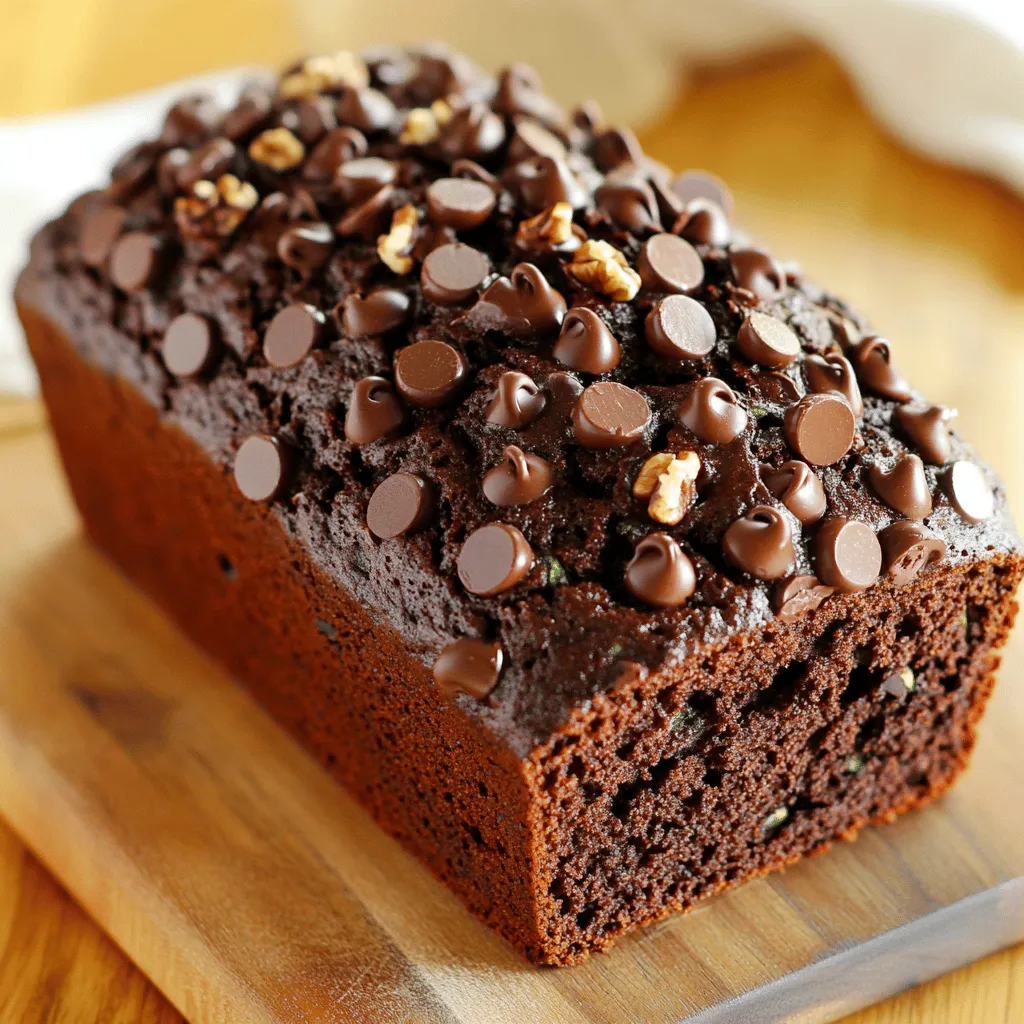 - 1 cup grated zucchini - 1 cup all-purpose flour - 1/2 cup unsweetened cocoa powder - 1/2 cup granulated sugar - 1/2 cup brown sugar - 1/2 cup vegetable or coconut oil - 1/4 cup chopped nuts (walnuts or pecans) - 1/2 cup semi-sweet chocolate chips When picking zucchini, look for firm ones. They should feel heavy for their size. Fresh zucchini has smooth skin and no bruises. You can use honey or maple syrup instead of sugar. For oil, try applesauce or Greek yogurt. These swaps can lower calories. Cocoa powder adds rich flavor and color. It is high in antioxidants, which are good for your health. Plus, it makes your bread extra tasty! For the full recipe, you can check the [Full Recipe]. 1. Preheat the oven: Start by preheating your oven to 350°F (175°C). This step is key for even baking. 2. Prepare the loaf pan: Grease a 9x5-inch loaf pan with cooking spray or oil. You can also line it with parchment paper. This helps with easy removal later. 1. Combine dry ingredients: In a medium-sized bowl, whisk together the all-purpose flour, cocoa powder, baking powder, baking soda, and salt. Make sure there are no lumps. 2. Mix wet ingredients thoroughly: In a large bowl, mix granulated sugar, brown sugar, and oil until smooth. Then, add the eggs and vanilla extract. Whisk until everything is well blended. 1. Incorporate zucchini and combine mixtures: Gently fold the grated zucchini into the wet mixture. Ensure it is evenly mixed. Gradually add the dry mix to the wet mix. Stir gently until just combined. 2. Fold in chocolate and nuts: Carefully add the chocolate chips and nuts, if using. Make sure they are evenly distributed throughout the batter. 3. Pour batter and bake to perfection: Pour the thick batter into the prepared loaf pan. Smooth the top with a spatula. Bake in the preheated oven for 50-60 minutes. To check for doneness, insert a toothpick into the center. It should come out clean or with a few moist crumbs. For the [Full Recipe], follow these steps closely to create a moist and tasty double chocolate zucchini bread. - Ensuring the right texture: The key to great double chocolate zucchini bread is moisture. Grate the zucchini finely and press it lightly to remove excess water. This helps the bread stay moist without being soggy. Mix the batter gently to keep air in, which gives a light texture. - Avoiding overmixing: Overmixing can lead to tough bread. Mix until just combined. You want a few lumps to remain in the batter. This helps the bread rise properly. Remember, less is more when mixing! - Presentation tips for serving: When serving, dust the top with powdered sugar for a charming touch. You can slice the bread thick and serve it warm. A sprinkle of chocolate chips on top adds a nice look, too. - Pairing with beverages: This bread pairs wonderfully with hot drinks. Serve it with coffee or tea. A glass of cold milk also complements the rich chocolate flavor. If you want something special, try a glass of sweet almond milk. - How to store leftovers: To keep your bread fresh, wrap it in plastic wrap or aluminum foil. Store it at room temperature for up to three days. If you want it to last longer, place it in an airtight container. - Best practices for freezing: If you have extra bread, freeze slices for future treats. Wrap each slice in plastic wrap, then place them in a freezer bag. They can last up to three months. When you’re ready to enjoy, simply thaw at room temperature or pop it in the toaster for a warm treat. {{image_4}} You can get creative with your double chocolate zucchini bread. Adding spices can bring new life to the dish. A pinch of cinnamon adds warmth, while nutmeg gives a cozy flavor. You can also switch up the chocolate. Try dark chocolate for a richer taste or white chocolate for a sweeter twist. If you want a healthier bread, consider using whole wheat flour. This option adds fiber and nutrients. You can also reduce the sugar without losing taste. Try cutting the sugar by a quarter. The zucchini keeps the bread moist, so you won't miss the extra sweetness. For a gluten-free version, use a gluten-free flour blend. Many blends work well in baking. Just make sure to check the package for the right amount to use. This way, everyone can enjoy the deliciousness of double chocolate zucchini bread. You can find the full recipe above. Each slice of this double chocolate zucchini bread contains about 200 calories. This tasty treat has around 30 grams of carbohydrates, 10 grams of fats, and 3 grams of protein. These numbers may vary based on your ingredient choices. Zucchini is low in calories and full of nutrients. It provides vitamin C, which helps your immune system. Zucchini also has fiber, which aids digestion. Dark chocolate brings benefits too. It has antioxidants that may improve heart health. Plus, it can boost your mood! This recipe fits many dietary needs. It is vegetarian and can be made gluten-free with the right flour. If you have nut allergies, you can skip the nuts. Always check labels to avoid any allergens in your ingredients. Can I use frozen zucchini? Yes, you can use frozen zucchini. Just thaw and drain it well. This helps remove excess water. Frozen zucchini works great in this recipe. How can I tell if the bread is done? You can check if the bread is done by inserting a toothpick into the center. If it comes out clean or with a few moist crumbs, it is ready. The top should also feel firm to the touch. How can I adjust the sweetness? To adjust sweetness, you can reduce the sugar by a quarter cup. You can also add more cocoa powder for a richer taste. Experiment to find your perfect balance. What to do if the bread is too dense? If your bread is too dense, check your mixing technique. Avoid overmixing the batter. You can also add a little more baking powder to help it rise better next time. What are the best toppings? The best toppings include a sprinkle of powdered sugar or a drizzle of melted chocolate. You can also serve it with whipped cream or a scoop of ice cream for a treat. Can it be made as muffins instead of a loaf? Yes, you can make muffins instead of a loaf. Just pour the batter into a muffin tin. Bake for about 20 to 25 minutes. Use the same toothpick test to check for doneness. In this blog post, we explored a delicious zucchini bread recipe. We covered main and optional ingredients, tips for success, and enticing variations. You learned how to bake, serve, and store your bread. You can enjoy it while making simple swaps for health. Remember, using fresh ingredients and following the steps leads to great results. Happy baking! Enjoy your tasty creation, and feel free to adjust the recipe to suit your taste.