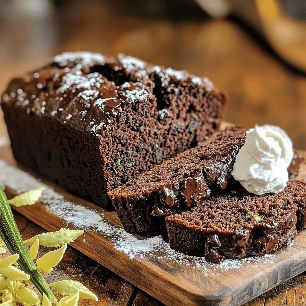 To make a delicious Chocolate Zucchini Bread, gather these main ingredients: - 1 cup grated zucchini (about 1 medium zucchini) - 1 cup all-purpose flour - 1/2 cup unsweetened cocoa powder - 1 teaspoon baking soda - 1/2 teaspoon baking powder - 1/4 teaspoon salt - 1/2 teaspoon ground cinnamon - 1/2 cup granulated sugar - 1/2 cup packed brown sugar - 1/2 cup vegetable oil - 2 large eggs - 1 teaspoon pure vanilla extract - 1 cup semi-sweet chocolate chips These ingredients blend together to create a rich and moist bread. The zucchini adds moisture without changing the taste. You can enhance this recipe with some optional add-ins: - 1/2 cup chopped walnuts or pecans - 1/2 cup shredded coconut - 1/2 cup raisins or dried cranberries These add-ins bring in more texture and flavor. Choose what you like best! If you need alternatives, here are some substitutions: - Use whole wheat flour for a healthier option. - Swap granulated sugar for coconut sugar or honey. - Replace vegetable oil with applesauce for less fat. - For eggs, use flaxseed meal mixed with water (1 tablespoon flaxseed meal + 2.5 tablespoons water = 1 egg). These substitutions can cater to your dietary needs while still keeping the bread tasty. Check out the Full Recipe for more detailed instructions. Start by preheating your oven to 350°F (175°C). Grab a 9x5-inch loaf pan. Lightly grease it with oil or line it with parchment paper. This step makes it easy to take out the bread later. In a medium bowl, whisk the dry ingredients. Combine 1 cup of all-purpose flour, 1/2 cup of unsweetened cocoa powder, 1 teaspoon of baking soda, 1/2 teaspoon of baking powder, 1/4 teaspoon of salt, and 1/2 teaspoon of ground cinnamon. Make sure they mix well. Set this bowl aside for later use. In a large bowl, mix the wet ingredients. Add 1/2 cup of granulated sugar and 1/2 cup of packed brown sugar. Pour in 1/2 cup of vegetable oil. Use a whisk to blend these until smooth. Next, crack in 2 large eggs, adding them one by one. Beat well after each egg. Stir in 1 teaspoon of pure vanilla extract until everything is combined. Now it’s time to combine the mixtures. Gradually add the dry mix to the wet mix. Use a spatula to fold them together gently. Be careful not to overmix. This will help keep your bread light. Once mixed, fold in 1 cup of grated zucchini and 1 cup of semi-sweet chocolate chips. If you want, you can add 1/2 cup of chopped walnuts or pecans too. Pour the batter into your prepared loaf pan. Spread it evenly with a spatula. Place the loaf pan in your preheated oven. Bake for 50-60 minutes. Check if it’s done by inserting a toothpick into the center. If it comes out clean, your bread is ready! Let it cool in the pan for about 10 minutes. After that, move it to a wire rack to cool completely. For the full recipe, refer back to the ingredients list. To make your chocolate zucchini bread moist, use fresh, grated zucchini. The zucchini adds moisture without overpowering the bread. Make sure you squeeze out excess water from the zucchini before adding it to your batter. This helps avoid a soggy texture. You can also replace some of the oil with applesauce for added moisture. Adding an extra egg can also help bind the mixture and enhance moisture. Many bakers overmix the batter. This can lead to a dense loaf. Mix just until you see no dry flour. Another mistake is not checking oven temperature. An oven thermometer can help ensure your oven is at the right heat. Keep an eye on your bread as it bakes. It’s done when a toothpick comes out clean. Overbaking can dry it out, so time it carefully. To boost flavor, try adding a pinch of nutmeg or a splash of coffee. These ingredients enhance the richness of chocolate. You can also mix in different types of chocolate chips, like dark or white chocolate. Nuts or seeds can add crunch and extra flavor. If you enjoy spices, consider more cinnamon or a hint of chili powder for a fun twist. For the full recipe, check out the [Full Recipe]. {{image_4}} You can make a gluten-free version of this delight. Replace all-purpose flour with a gluten-free blend. Look for blends that have xanthan gum. This helps the bread hold shape. The taste remains rich and moist, just like the original. Want to make it vegan? Use flax eggs instead of regular eggs. Mix one tablespoon of ground flaxseed with three tablespoons of water. Let it sit for five minutes to thicken. Substitute vegetable oil with applesauce. This keeps it moist and adds a hint of sweetness. Get creative with flavors! Add a teaspoon of espresso powder for a richer chocolate taste. You can also mix in orange zest for a fresh twist. For a spicy kick, consider adding a pinch of cayenne pepper. Chopped nuts or dried fruit can bring texture and extra flavor. Check out the Full Recipe to explore all the delicious ways to make this bread unique! To keep your chocolate zucchini bread fresh, wrap it tightly in plastic wrap. You can also place it in an airtight container. Store it at room temperature for up to three days. If you want to keep it longer, refrigerate it. This will help maintain its moisture and flavor. Freezing is a great option for long-term storage. First, let the bread cool completely. Then, slice it into individual pieces. Wrap each slice in plastic wrap, then place them in a freezer bag. You can freeze the bread for up to three months. This method keeps the bread tasty and moist. When you want to enjoy your chocolate zucchini bread again, simply remove a slice from the freezer. Let it thaw in the fridge overnight or at room temperature for a few hours. For a warm treat, heat it in the microwave for about 15-20 seconds. You can also use an oven preheated to 350°F (175°C) for about 5-10 minutes. Enjoy it fresh as if it just came from the oven! You can tell your Chocolate Zucchini Bread is done by using a toothpick. Insert it in the center. If it comes out clean or with a few crumbs, your bread is ready. It usually takes about 50 to 60 minutes to bake. Look for a nice rise and a firm crust. If the top is dark, check for doneness sooner. Yes, you can try other flours. Whole wheat flour adds a nutty flavor. Almond flour works well for a gluten-free option. Keep in mind that different flours may change the texture. You might need to adjust the liquid in the recipe too. Always check the consistency of the batter. Zucchini adds moisture without extra fat. It is low in calories and high in fiber. This helps with digestion and keeps you full. Zucchini also contains vitamins A and C. These vitamins support your immune system and skin health. Adding zucchini makes your bread more nutritious while keeping it tasty. You can use alternatives like applesauce or mashed bananas instead of sugar. These natural sweeteners add flavor and moisture. You can also try stevia or erythritol for a low-calorie option. Just be sure to adjust the liquid in the recipe. Test the sweetness and tweak it to your liking. For the best results, follow the Full Recipe for guidance. You learned how to make chocolate zucchini bread, from ingredients to storage. Key steps include mixing dry and wet items, folding in zucchini and chocolate chips, and baking. I shared tips for moisture and common mistakes to avoid. You can even try gluten-free or vegan versions. When stored correctly, this bread stays fresh and tasty. Enjoy your baking adventure!