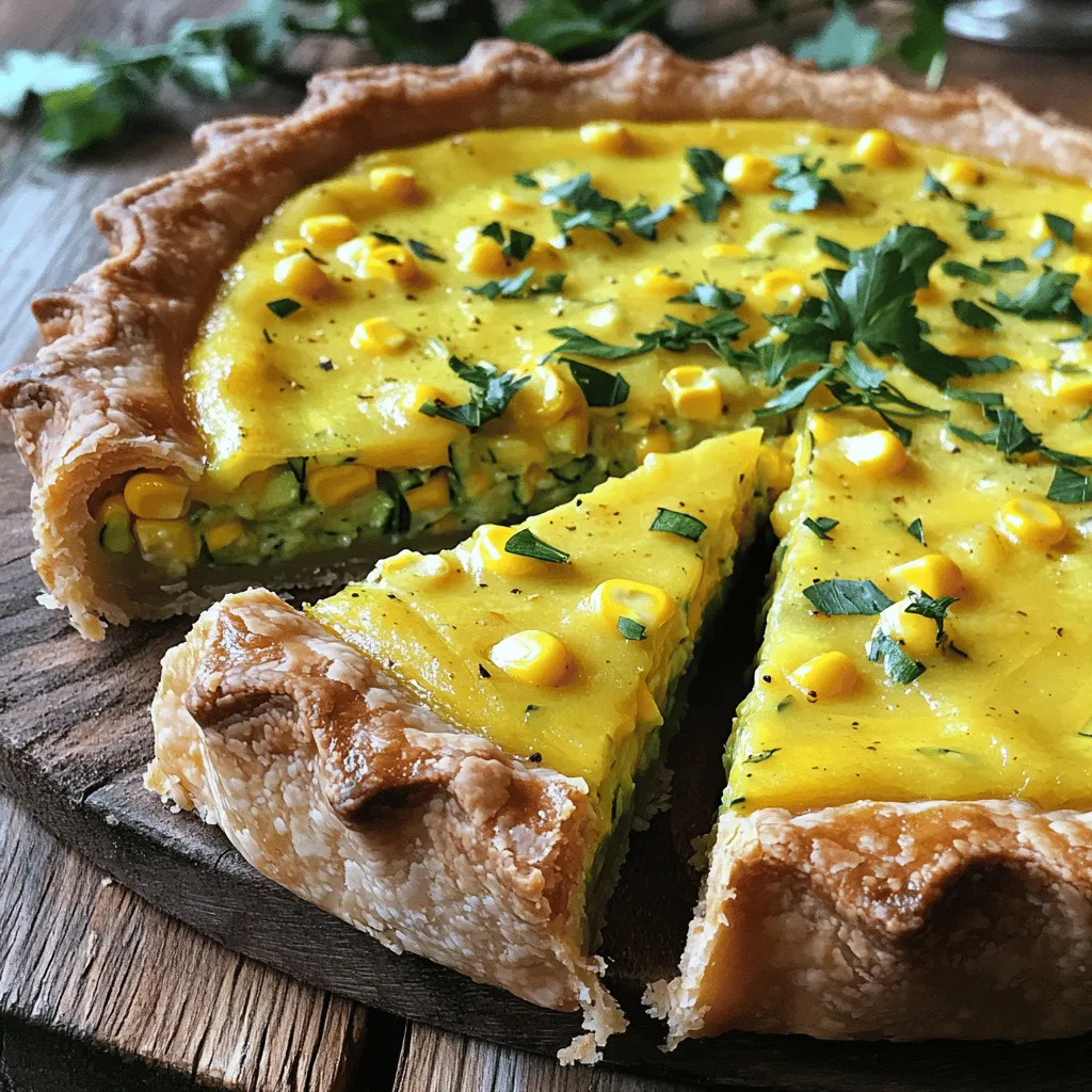 For this savory sweet corn and zucchini pie, you will need: - 2 cups fresh corn kernels (or 1 can of corn, drained and rinsed) - 2 medium zucchinis, grated - 1 small onion, finely chopped - 2 cloves garlic, minced These fresh ingredients bring bright flavors and textures to the pie. The corn adds sweetness, while zucchini gives a nice crunch. Onions and garlic bring depth and aroma. You will also need some pantry staples: - 3 large eggs - 1 cup heavy cream - 1 cup shredded sharp cheddar cheese - 1 teaspoon dried thyme - 1 teaspoon smoked paprika - Salt and freshly ground black pepper to taste - 1 pre-made pie crust (store-bought or homemade) - 2 tablespoons extra virgin olive oil These staples help create a rich and creamy filling. The eggs and cream bind everything together, while cheese adds a delicious cheesy finish. Thyme and paprika enhance the flavor profile. You can customize your pie based on what you have. Try these variations: - Swap fresh corn for frozen corn if that's what you have. - Use different cheeses like feta or mozzarella for unique flavors. - Add spices like cumin or chili powder for a kick. - Mix in herbs like basil or oregano for freshness. These swaps keep the dish fun and exciting. Feel free to experiment and make it your own! For the complete recipe, check out the Full Recipe. Start by gathering your ingredients. You need corn, zucchini, onion, and garlic. If you use fresh corn, cut it off the cob. Grate the zucchini using a box grater. Next, finely chop the onion and mince the garlic. Then, warm the olive oil in a large skillet over medium heat. Add the onion first. Sauté it for 3 to 4 minutes until it becomes clear. Now, add the minced garlic and cook for another minute. You want the garlic to smell great but not brown. After that, stir in the grated zucchini. Cook it for about 5 minutes, stirring often. The zucchini should soften a little. Finally, mix in the corn and season with thyme, smoked paprika, salt, and pepper. Cook for 2 to 3 more minutes. Remove the pan from heat and let it cool. In a large bowl, whisk the eggs and heavy cream together. Make sure they mix well and get a bit frothy. Once your corn and zucchini mix has cooled, fold it into the egg mixture. Add the shredded cheddar cheese and mix everything until it is well combined. This step is key for a creamy filling. It holds all the flavors together. Now, it's time to pour the filling into the pie crust. Make sure the filling is evenly spread out. Place your pie in the oven, which you’ve preheated to 375°F (190°C). Bake it for about 35 to 40 minutes. You want the filling to be set and the top to turn a golden brown. To check if it is done, insert a toothpick into the center. It should come out clean. Once baked, let the pie cool for about 10 minutes. This helps it hold its shape when you slice it. Now you can enjoy a delicious slice of Sweet Corn and Zucchini Pie! For the full recipe, check out the details above. To make a great crust, keep it cold. Use chilled butter or shortening. When you mix the dough, do not overwork it. This keeps it flaky. If you use a store-bought crust, check for cracks. Fix them with a little water and your fingers. This will help hold the filling in. One common mistake is not cooking the veggies enough. If they are too wet, the pie can be soggy. Always sauté your zucchini and corn until they are just tender. Another mistake is using too much salt. This can overpower the dish. Always taste as you go. Lastly, let the pie cool a bit before slicing. This helps it set. For extra flavor, add fresh herbs like basil or chives. You can also mix in some cheese varieties. Feta or goat cheese works great. If you like spice, add a pinch of cayenne pepper. This will give a nice kick. You can also drizzle a bit of balsamic glaze on top before serving. It adds a tasty finishing touch. {{image_4}} You can easily boost the nutrition of your sweet corn and zucchini pie by adding protein. Try mixing in cooked bacon or crumbled sausage for a savory kick. You could also use shredded chicken or turkey for a leaner choice. For a vegetarian option, add some cooked lentils or chickpeas. These additions will make the pie even heartier while keeping the delicious flavors intact. If you need a gluten-free version, simply swap the pie crust. Use a gluten-free crust made from almond flour or a store-bought gluten-free option. You can also make a crustless version by baking the filling directly in a greased pie dish. This not only makes it gluten-free but also cuts down on prep time. The filling will set nicely and still taste great! Embrace seasonal ingredients for a fresh twist! In summer, add diced bell peppers or fresh herbs like basil. In fall, swap zucchini for butternut squash or pumpkin for a warm flavor. During winter, consider adding spinach and feta cheese for a cozy pie. These swaps keep your dish exciting and full of variety throughout the year. For the full recipe, check out the details above. To keep your sweet corn and zucchini pie fresh, store leftovers in an airtight container. Allow the pie to cool to room temperature before sealing it. Place it in the fridge for up to three days. This helps to keep the flavors intact and the texture nice. When you're ready to enjoy your leftovers, preheat your oven to 350°F (175°C). Place the pie on a baking sheet and cover it with foil. Heat for about 15-20 minutes. This keeps the crust crispy and warms the filling evenly. You can also use a microwave. Heat individual slices on a microwave-safe plate for about 1-2 minutes. If you want to save your pie for a longer time, freezing is a great option. First, let the pie cool completely. Wrap it tightly in plastic wrap and then in foil. This prevents freezer burn. You can freeze it for up to three months. To reheat, thaw it in the fridge overnight and then bake as mentioned above. Enjoy your delicious pie later! You can prepare Sweet Corn and Zucchini Pie ahead of time. Start by making the filling. You can cook the zucchini and corn mixture and let it cool. Then, mix it with the eggs and cream. Place this filling in the pie crust and cover it. Store it in the fridge for up to a day. When you're ready, bake it straight from the fridge. Just add a few extra minutes to the baking time. Yes, you can use frozen corn in this recipe. It works well and saves time. Just thaw the corn completely before adding it to the filling. Drain any excess water to keep the pie from getting soggy. This way, you still get that sweet corn taste without any fuss. You can serve your Sweet Corn and Zucchini Pie with a fresh green salad. A simple mixed greens salad with a light vinaigrette pairs nicely. You could also serve it with a side of roasted vegetables or a cool yogurt sauce. These options balance the flavors and add freshness to your meal. For an extra touch, consider some crusty bread to enjoy alongside your pie. You can find the full recipe for the pie above. You learned about the key ingredients for a tasty Sweet Corn and Zucchini Pie, from fresh vegetables to pantry staples. I shared step-by-step instructions for prepping, filling, and baking. Tips helped you create the perfect crust and avoid common mistakes. We explored protein options and gluten-free swaps to suit your needs. Finally, I explained how to store and reheat leftovers. This pie is versatile and fun to make. Enjoy the process and make it your own!