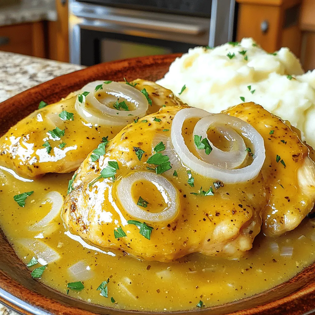- 4 boneless, skinless chicken breasts - 1 cup all-purpose flour (for dredging) - 1 medium onion, thinly sliced - 1 teaspoon garlic powder - 1 teaspoon onion powder - 1 teaspoon smoked paprika - 2 cups low-sodium chicken broth - 1 cup heavy cream - Fresh parsley, chopped (for garnish) When I cook Easy Smothered Chicken, I start with the main ingredients. The chicken breasts are the star here. They are tender and juicy when cooked right. Next, I use all-purpose flour for dredging. It helps create a great crust on the chicken. The thinly sliced onion adds a sweet and rich flavor to the dish. For seasoning, I love garlic powder, onion powder, and smoked paprika. These spices bring warmth and depth to the chicken. When combined, they create a tasty coating for the chicken. Then, I add some additional ingredients. Low-sodium chicken broth gives the sauce a savory base. Heavy cream adds richness and makes the sauce creamy. Finally, I sprinkle fresh parsley on top for color and flavor. You can find the Full Recipe to see how to bring these ingredients together into a delightful meal. Seasoning the flour mixture Start by getting a shallow dish. In it, mix together one cup of all-purpose flour, one teaspoon of garlic powder, one teaspoon of onion powder, and one teaspoon of smoked paprika. Add salt and black pepper to taste. This blend adds a great flavor to your chicken. Dredging the chicken breasts Take each chicken breast and coat it in the seasoned flour. Make sure to cover all sides. After coating, shake off any extra flour. This helps create a nice crust when you cook the chicken. Searing the chicken in olive oil Heat three tablespoons of extra virgin olive oil in a large skillet over medium-high heat. When the oil is hot and shimmering, add the dredged chicken breasts. Cook them for about 5 to 6 minutes on each side. You want them to be golden brown and cooked through. Once they are done, remove the chicken and let it rest on a plate. Removing the chicken to rest Letting the chicken rest is important. This helps keep it juicy. While it rests, you can prepare the sauce. Sautéing onions and garlic In the same skillet, add one thinly sliced medium onion. Sauté it for about 3 to 4 minutes. Stir it often until it becomes soft and clear. Next, add two finely minced garlic cloves and cook for an extra minute. Be careful not to let the garlic burn. Preparing the creamy sauce Gradually pour in two cups of low-sodium chicken broth while stirring. Scrape up any tasty bits stuck to the bottom of the skillet. This will add great flavor. Then, stir in one cup of heavy cream, one teaspoon of dried thyme, and one teaspoon of dried parsley. Let this simmer for about 5 minutes. This will thicken your sauce and make it creamy. Don’t forget, you can find the Full Recipe for more detailed instructions! To cook chicken just right, use a meat thermometer. Aim for an internal temperature of 165°F (75°C). This ensures the chicken is safe to eat and juicy. Timing is key when searing. Sear the chicken for about 5-6 minutes on each side. You want a golden crust. If you move it too soon, it may stick. To make the sauce pop, add herbs and spices. Fresh or dried thyme works wonders. You might also try rosemary or oregano for a twist. Using different types of broth can change the flavor too. Try vegetable broth for a lighter taste. Also, low-sodium broth helps control salt levels in your sauce. The right pan makes cooking easier. A heavy skillet or cast-iron pan is best. This helps with even cooking and browning. To avoid sticking and burning, make sure to heat the pan before adding oil. If your pan is too cool, your chicken may stick. Always use enough oil to coat the bottom. For full cooking instructions, check the Full Recipe. {{image_4}} You can switch up the type of chicken. Chicken thighs work great instead of breasts. They stay moist and add rich flavor. If you want a lighter dish, try substituting heavy cream. Use half-and-half or Greek yogurt instead. These swaps still keep the dish creamy while reducing calories. Adding veggies can make your smothered chicken even better. Try adding bell peppers, mushrooms, or spinach. They add color, taste, and nutrition. You can sauté them with the onions for extra flavor. Pair your smothered chicken with sides like rice or mashed potatoes. These sides soak up the tasty sauce well. Feel free to experiment with different seasonings. You can add cumin or chili powder for a kick. If you love heat, try adding red pepper flakes. You can also play with herbs like rosemary or oregano. Each twist will give your dish a unique taste. Enjoy discovering new flavors! To keep your Easy Smothered Chicken fresh, let it cool first. Place it in a shallow dish to cool down quickly. This method helps avoid bacteria growth. Use airtight containers for storage. Glass or plastic containers work well. Make sure the lid seals tightly. Store your leftovers in the fridge for up to three days. When reheating, use the oven or stovetop. These methods keep the chicken juicy and tasty. Preheat the oven to 350°F (175°C). Place the chicken in a baking dish. Add a splash of chicken broth to keep it moist. Cover with foil and heat for about 20 minutes. If you use the stovetop, heat it in a skillet over low heat. Stir occasionally to avoid dryness. You can freeze smothered chicken for later use. Portion it into meal-sized containers for easy meals. Make sure it cools completely before freezing. Wrap each container tightly with plastic wrap, then foil. This prevents freezer burn. To defrost safely, move it to the fridge overnight. You can also use the microwave, but this may affect the texture. Easy Smothered Chicken lasts about 3 to 4 days in the fridge. To keep it fresh, store it in an airtight container. Make sure to cool it down before placing it in the fridge. This way, you keep the flavors intact and avoid any spoilage. Yes, you can make Easy Smothered Chicken ahead of time. Cook the chicken and sauce, then store them separately. This helps keep the chicken juicy and the sauce fresh. When ready to serve, simply reheat both together in a skillet. Stir gently to blend the flavors back together. I love serving smothered chicken with creamy mashed potatoes or fluffy rice. Both soak up the sauce well. You can also pair it with steamed veggies or a fresh salad for a balanced meal. Don’t forget to garnish with fresh parsley for a pop of color! If your sauce is too thin, there are easy ways to thicken it. You can let it simmer longer to reduce the liquid. Another option is to mix a bit of cornstarch with cold water, then stir it into the sauce. This will make it creamy and rich without changing the flavor. For the full recipe, check the Full Recipe section. It gives you all the steps and details to make this dish perfectly. You'll find everything you need to whip up this flavorful meal! This blog post covered how to make Easy Smothered Chicken from start to finish. We discussed key ingredients, like chicken breasts and seasonings, and provided step-by-step instructions. You learned tips for perfect cooking and ideas for variations. Now you're ready to dive into this tasty dish. Remember, small changes can add big flavors. Enjoy cooking and sharing your smothered chicken with loved ones.