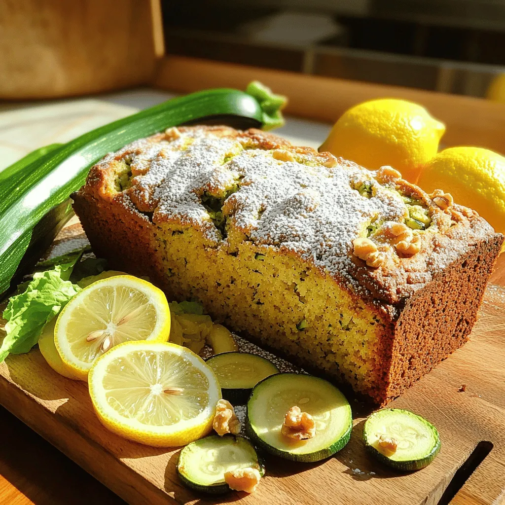 To make this delicious bread, you need a few key ingredients: - 1 cup grated zucchini, thoroughly squeezed to remove excess moisture - 1 cup granulated sugar - 1/2 cup unsalted butter, softened to room temperature - 2 large eggs, at room temperature - 2 teaspoons pure vanilla extract - 1 tablespoon freshly grated lemon zest - 1/4 cup freshly squeezed lemon juice - 1 1/2 cups all-purpose flour - 1 teaspoon baking powder - 1/2 teaspoon baking soda - 1/2 teaspoon salt - 1/2 teaspoon ground cinnamon These ingredients mix to create a moist and flavorful loaf. The zucchini adds moisture while lemon gives a bright taste. You can enhance the flavor with a few optional add-ins: - 1/2 cup chopped walnuts or pecans for crunch - Powdered sugar for dusting on top These add-ins can make your bread even more special. The nuts bring a nice texture and the powdered sugar adds a sweet touch. To bake this bread, you will need some basic tools: - A 9x5-inch loaf pan - Mixing bowls - A hand mixer or stand mixer - A whisk - A spatula - A toothpick for testing doneness Having these tools ready makes the baking process smooth. With the right equipment, you can easily whip up this delightful treat. Don't forget to check the full recipe for detailed steps! First, gather your ingredients. You need: - 1 cup grated zucchini, thoroughly squeezed to remove excess moisture - 1 cup granulated sugar - 1/2 cup unsalted butter, softened to room temperature - 2 large eggs, at room temperature - 2 teaspoons pure vanilla extract - 1 tablespoon freshly grated lemon zest - 1/4 cup freshly squeezed lemon juice - 1 1/2 cups all-purpose flour - 1 teaspoon baking powder - 1/2 teaspoon baking soda - 1/2 teaspoon salt - 1/2 teaspoon ground cinnamon - 1/2 cup chopped walnuts or pecans (optional for added crunch) - Powdered sugar for dusting (optional for a sweet finishing touch) Preheat your oven to 350°F (175°C). Grease a 9x5-inch loaf pan or line it with parchment paper to make removal easy later. In a large bowl, combine the softened butter and sugar. Use a hand mixer or stand mixer and beat them together. Mix on medium speed for about 3-4 minutes until the mixture is light and fluffy. Next, add the eggs one at a time. Make sure to mix well after each egg. Then stir in the vanilla extract, lemon zest, and lemon juice. Mix these until they are fully combined. In another bowl, whisk together the flour, baking powder, baking soda, salt, and ground cinnamon. Make sure there are no lumps in this dry mixture. Gradually add the dry mix to your wet mixture. Stir carefully until just combined. Be gentle, as overmixing can make the bread tough. Finally, fold in the grated zucchini and any nuts you wish to add. Pour the batter into your prepared loaf pan. Smooth the top with a spatula to help it bake evenly. Now, place the loaf pan in the oven. Bake for 50-60 minutes. Check if it’s done by inserting a toothpick in the center. If it comes out clean, your bread is ready. After baking, remove the pan from the oven. Let it cool in the pan for about 10 minutes. Then, gently transfer the bread to a wire rack to cool completely. If you want, dust the cooled zucchini bread with powdered sugar before slicing. Enjoy this treat with your afternoon tea or coffee! For the complete recipe, check out the Full Recipe. To make your lemon zucchini bread moist, follow these steps: - Squeeze the Zucchini: Make sure to squeeze out excess water from the grated zucchini. Too much moisture can make the bread soggy. - Use Room Temperature Ingredients: Bring your eggs and butter to room temperature. This helps them mix better, leading to a light texture. - Don’t Overmix: When you combine the wet and dry ingredients, mix just until combined. Overmixing can lead to a dense loaf. Here are some pitfalls to watch for: - Skipping the Zucchini: Don’t skip using zucchini. It adds moisture and a subtle flavor. - Ignoring Oven Temp: Always preheat your oven. Baking in a cold oven alters the baking time and texture. - Not Testing for Doneness: Use a toothpick to check for doneness. If it comes out clean, your bread is ready. Cooking times may vary based on your oven and pan size. Here are some tips: - Check Early: Start checking at 50 minutes. Ovens vary, and you don’t want burnt bread. - Use a Dark Pan: If using a dark pan, reduce the baking time slightly. Dark pans absorb heat faster. - Add Time if Needed: If the center is still wet, add more time in 5-minute increments. Patience is key for a perfect loaf. For the full recipe, check out the detailed instructions above. Enjoy the process of making this delightful treat! {{image_4}} If you want a gluten-free version, swap all-purpose flour for a gluten-free blend. Many blends work well in baking. For a vegan option, replace eggs with flaxseed meal mixed with water. Use a 1:3 ratio; one tablespoon of flaxseed meal mixed with three tablespoons of water equals one egg. You can also use coconut oil instead of butter for a plant-based fat. You can tweak the flavor by adding spices. Try nutmeg for warmth or cardamom for a unique twist. Adding fruits like blueberries or cranberries can enhance sweetness. Just reduce the sugar slightly to balance flavors. For a citrus kick, mix in orange zest along with the lemon zest. Each addition creates a new taste experience. Serve this zucchini bread warm or at room temperature. A light lemon glaze adds sweetness and shine. Pair it with fresh fruit or a dollop of whipped cream for extra flair. You could also toast slices lightly for a crispy bite. Enjoy it with tea or coffee for a delightful treat. Check out the full recipe for more tips. To keep your luscious lemon zucchini bread fresh, store it in an airtight container. This helps prevent it from drying out. If you want to keep it longer, wrap it tightly in plastic wrap before placing it in the container. Keep the bread at room temperature for up to three days. For longer storage, consider freezing it. Freezing the bread is easy and keeps it tasty. First, let the bread cool completely. Then, slice it into pieces for easy access later. Wrap each slice in plastic wrap, then place them in a freezer bag. Be sure to label the bag with the date. You can freeze the slices for up to three months. When you're ready to enjoy, simply thaw at room temperature or warm in the oven. Luscious lemon zucchini bread stays fresh for about three days at room temperature. If stored in the fridge, it can last up to a week. However, the bread may dry out in the fridge. To keep it moist, always return it to an airtight container after each slice. Enjoy this delightful treat while it's fresh for the best flavor! Yes, you can use yellow squash in place of zucchini. Both have similar textures and moisture levels. The taste may differ slightly, but the bread will still be delicious. Just remember to squeeze out the excess moisture like you would with zucchini. This helps keep the bread moist without being soggy. To check if your bread is done, insert a toothpick into the center. If it comes out clean or with just a few crumbs, your bread is ready. The top should be golden brown and firm to the touch. If it’s still wet, bake for a few more minutes. You can enjoy Luscious Lemon Zucchini Bread in many ways. Here are some great pairings: - A dollop of whipped cream adds a creamy touch. - A light lemon glaze enhances the citrus flavor. - Serve with tea or coffee for a perfect afternoon snack. - Add fresh fruit or yogurt for a balanced meal. These options will make your experience even more enjoyable! For the complete recipe, check out the Full Recipe section. You learned about making delicious lemon zucchini bread. We covered key ingredients and optional add-ins. I shared step-by-step instructions to guide you. You now know tips to avoid common mistakes. Variations make the recipe fun and unique. Lastly, I provided storage tips to keep your bread fresh. Enjoy baking this easy treat and share it with others. Your kitchen will smell amazing, and you’ll love every bite.