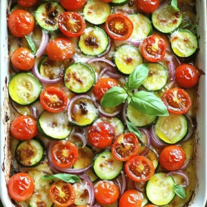 - 3 medium zucchinis - 2 cups cherry tomatoes - 1 medium red onion - 3 cloves garlic - ¼ cup balsamic vinegar - 3 tablespoons extra virgin olive oil - 1 teaspoon dried oregano - 1 teaspoon dried thyme - Salt and pepper - ½ cup Parmesan cheese (optional) - Fresh basil leaves for garnish When I gather my ingredients, I feel excited to create. Each item plays a key role in the flavor of the dish. Zucchini adds a soft texture, while cherry tomatoes bring sweetness. The red onion adds a mild bite that balances the dish well. Garlic is a must; it gives depth and aroma. Balsamic vinegar adds a tangy kick, and extra virgin olive oil makes everything rich and smooth. Oregano and thyme deepen the flavor profile. I always use fresh pepper and salt to lift the taste. If I want to add a cheesy twist, I use Parmesan. It gives a creamy finish. Fresh basil leaves are great for garnish, adding color and a fresh flavor. - Adding red pepper flakes for heat - Using different types of cheese - Incorporating other vegetables There are fun ways to change this recipe! If you like spice, add red pepper flakes. Different cheeses can change the taste too. Think about feta or mozzarella for new flavors. You can also mix in other veggies like bell peppers or mushrooms. This recipe is flexible, and you can make it your own. For the full recipe, check the link provided. - Preheat the oven to 400°F (200°C). - Prepare the vegetables. Start by slicing the zucchinis into ½-inch rounds. You want them to cook evenly. Halve the cherry tomatoes, and thinly slice the red onion. This mix adds great flavor and color. - Combine the vegetables in a mixing bowl. Toss them gently to mix. - In a separate small bowl, whisk together the minced garlic, balsamic vinegar, extra virgin olive oil, dried oregano, dried thyme, and a pinch of salt and pepper. This balsamic mixture will give the dish a tasty kick. - Transfer the seasoned vegetable mixture to a greased baking dish. Spread it out evenly for great cooking. If you like cheese, sprinkle the freshly grated Parmesan over the top. - Bake for 25-30 minutes. Keep an eye on it! You want the zucchini tender and the edges caramelized. Enjoy the wonderful aroma filling your kitchen! For the full recipe, check the section above. - Cut the zucchini into uniform pieces. This helps them cook evenly. - Bake until the edges caramelize. This brings out a rich, sweet flavor. - Feel free to add your favorite herbs or spices. This personal touch can change the dish. - Use freshly grated cheese. It melts better and adds a nice creamy texture. - Serve the bake warm for the best taste. - Pair it with crusty bread or a fresh salad for a complete meal. For the full recipe, check out the details above. Enjoy your cooking adventure! {{image_4}} You can change the recipe and keep it fun. Instead of zucchini, try eggplant or bell peppers. Both add a new taste and texture. If you want a different flavor, swap out balsamic vinegar for red wine vinegar. This small change makes the dish unique! Want a vegan option? Just leave out the cheese. The dish will still taste great. For those needing gluten-free meals, make sure to check all your ingredients. Most are already gluten-free, so you can enjoy this dish without worry. Think about adding Mediterranean flavors for a twist. Some olives or feta cheese can bring a new level of taste. If you like heat, toss in some chili peppers. This adds a spicy kick that makes the bake exciting and bold. Store leftovers in an airtight container. This keeps the dish fresh for up to three days. Place it in the fridge as soon as it cools. Make sure to label the container with the date. This way, you can track how long it’s been stored. You can freeze the Balsamic Zucchini Tomato Bake for longer storage. Use a freezer-safe container or a heavy-duty freezer bag. Make sure to remove as much air as possible. It can last for up to three months. To prevent freezer burn, wrap the container in foil. Reheat in the oven for best results. Preheat the oven to 350°F (175°C). Place the dish in a baking pan and cover it with foil. Heat for about 15-20 minutes. This keeps the texture nice and moist. You can also use a microwave. Heat in short bursts, stirring in between to warm evenly. Enjoy your meal warm! The best way to cut zucchini is into ½-inch rounds. This size cooks evenly and holds its shape. You can also cut them into half-moons if you prefer. Just make sure the pieces are uniform. This ensures that every slice cooks at the same rate, giving you a perfect bake. Yes, you can prep this dish ahead of time. Chop the vegetables and mix them with the balsamic dressing. Store everything in the fridge for up to 24 hours. When you’re ready to bake, simply transfer the mixture to your dish and pop it in the oven. This makes meal prep easy and saves time on busy days. This Balsamic Zucchini Tomato Bake pairs well with many sides. Consider serving it with grilled chicken or fish for protein. A fresh green salad adds a nice crunch. You could also serve it with crusty bread to soak up the juices. These options round out your meal and enhance the flavors of the bake. For the full recipe, check out the [Full Recipe]. In this article, I shared how to make a tasty Balsamic Zucchini Tomato Bake. You learned about the key ingredients, preparation steps, and helpful tips for great results. Remember, you can customize this dish with different veggies and seasonings. This recipe is versatile and easy to make. With these simple steps, you can create a warm and flavorful meal. Enjoy experimenting with your own twists!