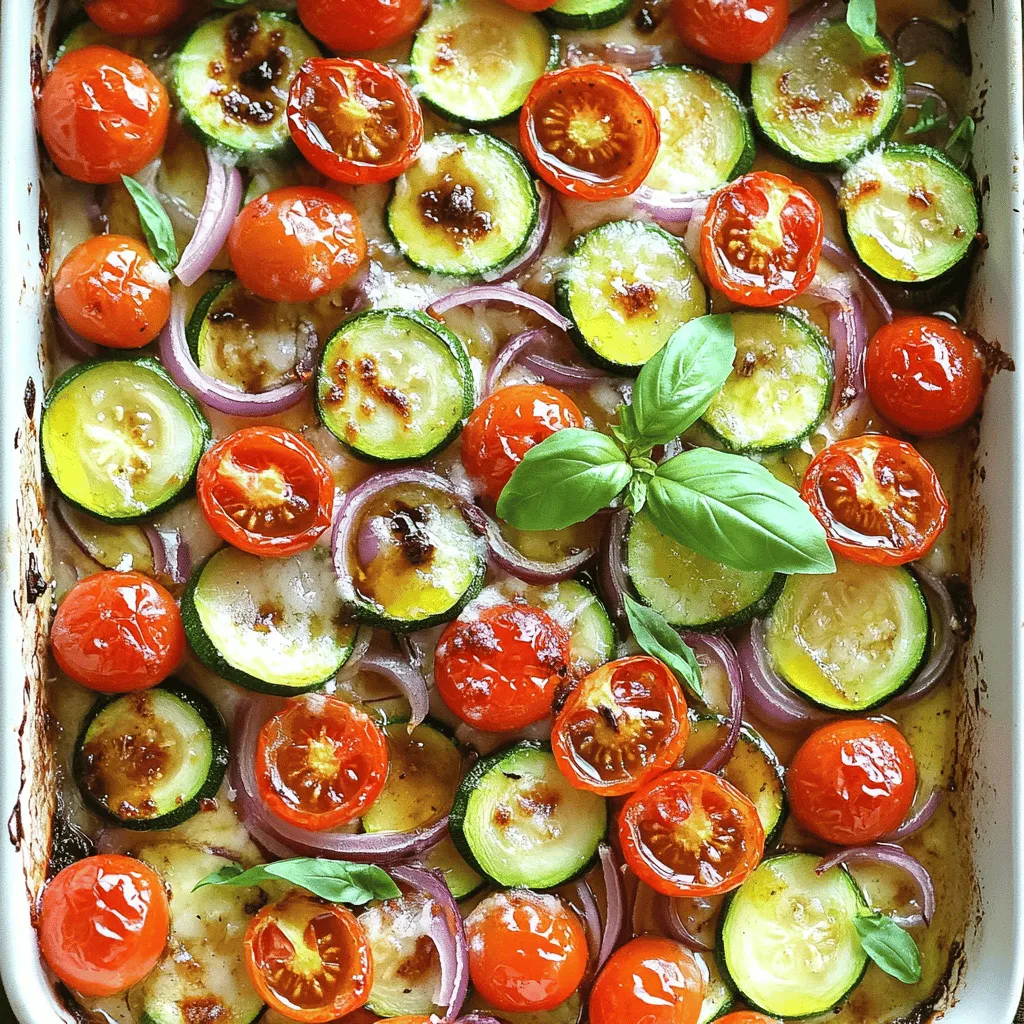 - 3 medium zucchinis - 2 cups cherry tomatoes - 1 medium red onion - 3 cloves garlic - ¼ cup balsamic vinegar - 3 tablespoons extra virgin olive oil - 1 teaspoon dried oregano - 1 teaspoon dried thyme - Salt and pepper - ½ cup Parmesan cheese (optional) - Fresh basil leaves for garnish When I gather my ingredients, I feel excited to create. Each item plays a key role in the flavor of the dish. Zucchini adds a soft texture, while cherry tomatoes bring sweetness. The red onion adds a mild bite that balances the dish well. Garlic is a must; it gives depth and aroma. Balsamic vinegar adds a tangy kick, and extra virgin olive oil makes everything rich and smooth. Oregano and thyme deepen the flavor profile. I always use fresh pepper and salt to lift the taste. If I want to add a cheesy twist, I use Parmesan. It gives a creamy finish. Fresh basil leaves are great for garnish, adding color and a fresh flavor. - Adding red pepper flakes for heat - Using different types of cheese - Incorporating other vegetables There are fun ways to change this recipe! If you like spice, add red pepper flakes. Different cheeses can change the taste too. Think about feta or mozzarella for new flavors. You can also mix in other veggies like bell peppers or mushrooms. This recipe is flexible, and you can make it your own. For the full recipe, check the link provided. - Preheat the oven to 400°F (200°C). - Prepare the vegetables. Start by slicing the zucchinis into ½-inch rounds. You want them to cook evenly. Halve the cherry tomatoes, and thinly slice the red onion. This mix adds great flavor and color. - Combine the vegetables in a mixing bowl. Toss them gently to mix. - In a separate small bowl, whisk together the minced garlic, balsamic vinegar, extra virgin olive oil, dried oregano, dried thyme, and a pinch of salt and pepper. This balsamic mixture will give the dish a tasty kick. - Transfer the seasoned vegetable mixture to a greased baking dish. Spread it out evenly for great cooking. If you like cheese, sprinkle the freshly grated Parmesan over the top. - Bake for 25-30 minutes. Keep an eye on it! You want the zucchini tender and the edges caramelized. Enjoy the wonderful aroma filling your kitchen! For the full recipe, check the section above. - Cut the zucchini into uniform pieces. This helps them cook evenly. - Bake until the edges caramelize. This brings out a rich, sweet flavor. - Feel free to add your favorite herbs or spices. This personal touch can change the dish. - Use freshly grated cheese. It melts better and adds a nice creamy texture. - Serve the bake warm for the best taste. - Pair it with crusty bread or a fresh salad for a complete meal. For the full recipe, check out the details above. Enjoy your cooking adventure! {{image_4}} You can change the recipe and keep it fun. Instead of zucchini, try eggplant or bell peppers. Both add a new taste and texture. If you want a different flavor, swap out balsamic vinegar for red wine vinegar. This small change makes the dish unique! Want a vegan option? Just leave out the cheese. The dish will still taste great. For those needing gluten-free meals, make sure to check all your ingredients. Most are already gluten-free, so you can enjoy this dish without worry. Think about adding Mediterranean flavors for a twist. Some olives or feta cheese can bring a new level of taste. If you like heat, toss in some chili peppers. This adds a spicy kick that makes the bake exciting and bold. Store leftovers in an airtight container. This keeps the dish fresh for up to three days. Place it in the fridge as soon as it cools. Make sure to label the container with the date. This way, you can track how long it’s been stored. You can freeze the Balsamic Zucchini Tomato Bake for longer storage. Use a freezer-safe container or a heavy-duty freezer bag. Make sure to remove as much air as possible. It can last for up to three months. To prevent freezer burn, wrap the container in foil. Reheat in the oven for best results. Preheat the oven to 350°F (175°C). Place the dish in a baking pan and cover it with foil. Heat for about 15-20 minutes. This keeps the texture nice and moist. You can also use a microwave. Heat in short bursts, stirring in between to warm evenly. Enjoy your meal warm! The best way to cut zucchini is into ½-inch rounds. This size cooks evenly and holds its shape. You can also cut them into half-moons if you prefer. Just make sure the pieces are uniform. This ensures that every slice cooks at the same rate, giving you a perfect bake. Yes, you can prep this dish ahead of time. Chop the vegetables and mix them with the balsamic dressing. Store everything in the fridge for up to 24 hours. When you’re ready to bake, simply transfer the mixture to your dish and pop it in the oven. This makes meal prep easy and saves time on busy days. This Balsamic Zucchini Tomato Bake pairs well with many sides. Consider serving it with grilled chicken or fish for protein. A fresh green salad adds a nice crunch. You could also serve it with crusty bread to soak up the juices. These options round out your meal and enhance the flavors of the bake. For the full recipe, check out the [Full Recipe]. In this article, I shared how to make a tasty Balsamic Zucchini Tomato Bake. You learned about the key ingredients, preparation steps, and helpful tips for great results. Remember, you can customize this dish with different veggies and seasonings. This recipe is versatile and easy to make. With these simple steps, you can create a warm and flavorful meal. Enjoy experimenting with your own twists!