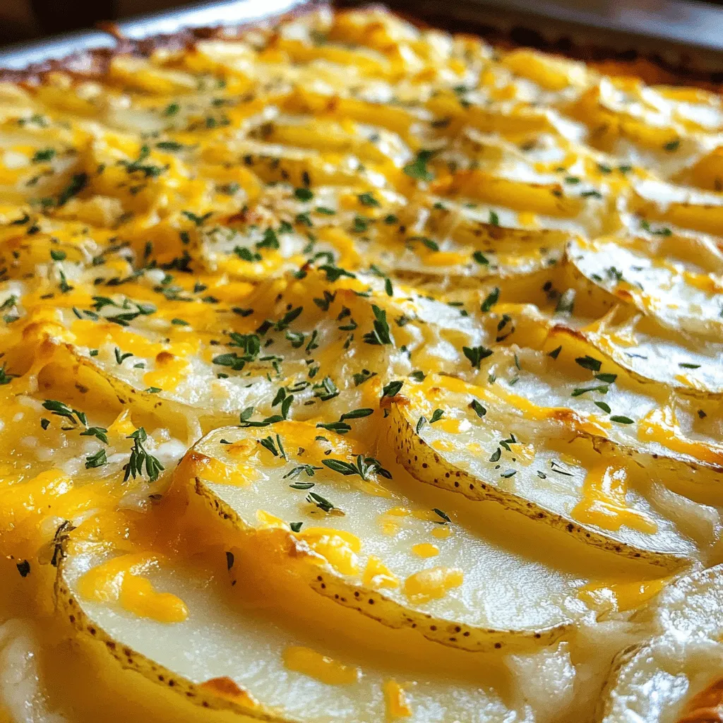 For a perfect potato gratin, you need a few key ingredients. Here’s a simple list: - 4 large russet potatoes, thinly sliced - 2 cups heavy cream - 1 cup grated Gruyère cheese - 1 cup grated sharp cheddar cheese - 3 cloves garlic, minced - 1 tablespoon fresh thyme leaves - 1 tablespoon fresh rosemary, chopped - Salt and pepper to taste - 1 tablespoon butter (for greasing the baking dish) - ¼ cup fresh parsley, chopped (for garnish) These ingredients create a rich and creamy dish. They work together to give you that comforting flavor. Cheese adds a lot to the gratin. Gruyère is a classic choice. Its nutty taste pairs well with the potatoes. Sharp cheddar adds more flavor, too. If you want to mix it up, try these options: - Fontina - Mozzarella - Parmesan These cheeses melt well and give a nice texture. Sometimes, I like to get creative with my potato gratin. You can add extras for a twist. Here are some ideas: - Sautéed onions for sweetness - Cooked bacon for a smoky flavor - Spinach for a touch of green If you want a lighter version, you can use half-and-half instead of heavy cream. You can also choose lower-fat cheese options. These simple swaps can make the dish fit your taste or diet. For a full recipe, check out the Cheesy Herb Potato Gratin. First, I preheat the oven to 375°F (190°C). While that heats up, I take a 9x13-inch baking dish and grease it well with butter. This step is key to prevent sticking later. A good coat of butter makes sure the edges do not burn. Next, I grab a medium saucepan. I pour in 2 cups of heavy cream and set it over medium-low heat. I add 3 cloves of minced garlic, 1 tablespoon of fresh thyme, and 1 tablespoon of chopped rosemary. I also sprinkle in salt and pepper to taste. I stir occasionally for about 5 minutes. I want the cream warm but not boiling. This mix will add a rich flavor to the potatoes. Now comes the fun part: layering! I take half of the thinly sliced potatoes and spread them evenly in the greased dish. It is important that they are well-distributed. Then, I pour half of the warm cream mixture over the potatoes. I top it with half of the Gruyère and cheddar cheeses. I repeat this process with the other half of the potatoes. I pour the remaining cream mixture on top and finish with the rest of the cheese. This layering gives every bite a cheesy and creamy taste. Next, I cover the dish tightly with aluminum foil and place it in the oven. I bake it for 30 minutes. After that, I uncover it to let the top brown for another 25-30 minutes. I know it is done when the top is golden brown and bubbly. I test it with a knife; it should slide through easily. Once baked, I let it cool for about 10 minutes. This helps the gratin set. Just before serving, I sprinkle some fresh parsley on top for a nice finish. If you want the full recipe, check the link above. To get a creamy texture in your potato gratin, use heavy cream. This cream has a rich fat content that makes the dish smooth and luscious. Heat the cream gently with garlic, thyme, and rosemary. This step adds flavor and helps the cream absorb the herbs. Pour this warm mixture over your layered potatoes. It should cover them well but not drown them. This balance keeps everything creamy without being too runny. Even cooking is key for a great gratin. When you layer the potatoes, keep the slices even. Thin slices cook better and blend nicely with the cream. A sharp knife or mandoline can help with this. Cover the dish tightly with foil at first. This traps steam and helps cook the potatoes. After 30 minutes, remove the foil. This allows the top to crisp up, giving you that perfect texture contrast. A golden brown top makes your gratin look appetizing. To achieve this, watch your oven temperature. Baking at 375°F (190°C) is ideal for the right browning. You can also sprinkle extra cheese on top before baking. As it cooks, the cheese melts and browns beautifully. Keep an eye on it in the last few minutes. It can go from golden to burnt quickly. Once it’s golden, let it cool for about 10 minutes before serving. This resting time helps the layers stay intact. For a finishing touch, add fresh parsley on top. It not only looks great but adds a fresh taste as well. {{image_4}} Adding vegetables to potato gratin can boost flavor and nutrition. Try using spinach, broccoli, or mushrooms. These veggies pair well with the creamy texture. Slice them thinly and layer them between the potatoes. This not only adds taste but also a splash of color. For a fun twist, consider using roasted red peppers for a hint of sweetness. They can bring a new depth to your dish. Cheese is key in potato gratin. While Gruyère and cheddar are classic, you can mix it up. Try adding mozzarella for pull or blue cheese for a bold taste. Goat cheese can add a creamy tanginess that works well too. Mixing cheeses can create a rich, layered flavor. Experiment with different combinations to find your favorite! You can make potato gratin dairy-free or vegan without losing flavor. Use coconut milk or almond milk instead of cream. Nutritional yeast can add a cheesy taste without dairy. There are also many vegan cheese options available. Choose ones that melt well for the best results. This way, everyone can enjoy this comforting dish! After enjoying your creamy potato gratin, store leftovers in an airtight container. Let the dish cool to room temperature before sealing. This prevents moisture buildup and keeps the gratin tasty. You can keep it in the fridge for up to three days. If you want to eat it later, freezing is another option. To reheat your gratin, use the oven for the best taste. Preheat the oven to 350°F (175°C). Place the leftovers in an oven-safe dish. Cover it with foil to avoid drying out. Heat for about 20-25 minutes. If you prefer, you can also use the microwave. Place the portion in a microwave-safe bowl. Heat for 1-2 minutes, stirring halfway through. Be careful not to overheat, as this can make it rubbery. Yes, you can freeze potato gratin! To freeze, let it cool completely. Then, wrap it tightly in plastic wrap and foil. You can also use a freezer-safe container. This keeps it fresh for up to two months. When you're ready to eat, thaw it in the fridge overnight. Reheat as mentioned above for the best taste. I recommend using russet potatoes for gratin. They are starchy and create a creamy texture. Yukon Gold potatoes also work well. They have a buttery flavor and hold their shape nicely. Avoid waxy potatoes, like red or fingerling, as they do not soften properly. Potato gratin can sit out for about two hours. After that, bacteria can grow. It's important to keep it at room temperature for a short time. If you need to keep it longer, place it in the fridge. Just remember to reheat it well before serving again. Yes, you can prepare potato gratin in advance. You can assemble it and cover it tightly. Store it in the fridge for up to 24 hours before baking. Just add a few extra minutes to the baking time to ensure it cooks through. This makes it a great option for busy days! Potato gratin is a great dish that brings joy to any meal. We covered key ingredients, like potatoes, cheese, and add-ins. I shared how to prepare, cook, and layer for maximum flavor. Tips also help you get a creamy texture and a golden top. Plus, we explored fun variations to fit any diet. Lastly, I provided storage tips to keep leftovers tasty. Enjoy creating your own potato gratin masterpiece!