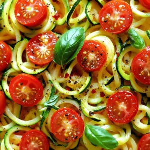 - 2 medium zucchinis, spiralized into noodles - 2 cups cherry tomatoes, halved - 3 cloves garlic, finely minced - 1 tablespoon extra-virgin olive oil - 1 teaspoon dried oregano - Salt and freshly cracked black pepper to taste These main ingredients create a fresh and vibrant dish. The zucchini provides a fun noodle shape, while the cherry tomatoes add sweetness. Garlic gives it a strong flavor, and olive oil brings richness. Oregano adds a nice herbal touch. Salt and pepper enhance all the flavors. - 1 teaspoon red pepper flakes (for a spicy kick) - 1/4 cup fresh basil leaves, chopped If you want some heat, add red pepper flakes. Basil brings a fresh taste to the dish. You can mix these in to make the flavors pop even more. - Grated Parmesan cheese for serving (optional) - Additional fresh basil leaves for garnish For a savory finish, top with grated Parmesan cheese. It melts beautifully and adds depth. You can also sprinkle more basil leaves on top for color and flavor. To start, gather all your ingredients. This makes cooking easy. You will need: - 2 medium zucchinis, spiralized into noodles - 2 cups cherry tomatoes, halved - 3 cloves garlic, finely minced - 1 tablespoon extra-virgin olive oil - 1 teaspoon dried oregano - 1 teaspoon red pepper flakes (optional) - Salt and freshly cracked black pepper to taste - 1/4 cup fresh basil leaves, chopped - Grated Parmesan cheese for serving (optional) Make sure your zucchinis are spiralized. This gives a fun shape. Halve the cherry tomatoes for quick cooking. Mince the garlic finely, so it spreads its flavor well. Heat your skillet on medium heat. Add the olive oil and let it warm for about 1 minute. Next, add the minced garlic. Sauté it for 1 minute, stirring often. You want it fragrant, not brown. Now, toss in the halved cherry tomatoes. Cook them for 5-7 minutes. Stir often, so they soften and release their juices. This step builds a rich base for the dish. Once the tomatoes are ready, stir in the spiralized zucchini and dried oregano. Cook for an additional 3-5 minutes. Toss it occasionally, making sure the zucchini gets tender yet stays crunchy. If you like a kick, sprinkle in the red pepper flakes. Season with salt and freshly cracked black pepper to taste. Mix everything well. Finally, take the skillet off the heat. Fold in the chopped fresh basil. This adds a burst of flavor. Serve your Tomato Zucchini Pasta in bowls for a cozy feel. If you want to impress, use deep pasta bowls. Top each serving with freshly grated Parmesan cheese for added flavor. For a nice touch, garnish with more basil leaves and a light drizzle of olive oil. This makes your dish look beautiful and appetizing. Enjoy your meal with friends or family! If you want the full details, you can check out the Full Recipe. To get the best texture for zucchini noodles, start with fresh zucchinis. Spiralize them just before cooking to keep them firm. When you cook them, avoid overcooking. Cook for only 3-5 minutes. This keeps them crunchy. If you want a softer noodle, cook a minute longer. Remember, they will cook a bit more after you take them off the heat. For an extra kick, add more garlic. You can also try fresh herbs like thyme or parsley. Mixing in a splash of lemon juice brightens the dish. If you like heat, use more red pepper flakes. You can even add a splash of balsamic vinegar for a sweet touch. Experiment with spices and herbs to find your favorite mix. To save time, prep all your ingredients first. Spiralize the zucchinis and chop the garlic in advance. Use a food processor for the tomatoes if you're short on time. You can also buy pre-spiralized zucchini from the store. This makes your cooking process quicker. Remember, this dish cooks fast, so have everything ready before you start. Check out the Full Recipe for more tips and tricks! {{image_4}} You can easily add protein to this dish. Chicken, shrimp, or tofu all work well. If you pick chicken, use grilled or sautéed pieces. For shrimp, a quick sauté makes them perfect. Tofu can be cubed and sautéed until golden. Each option adds flavor and makes the meal more filling. This recipe is great for both vegetarians and vegans. To keep it vegan, skip the Parmesan cheese or use a plant-based option. You can also add more veggies, like bell peppers or spinach, for extra color and nutrients. These swaps keep your meal fresh and exciting. Feel free to swap in seasonal veggies. In spring, try asparagus or peas. In summer, add bell peppers or corn. In fall, use squash or kale. Each season brings new flavors and textures. This keeps the dish fun and allows you to enjoy the best produce year-round. For the full experience, check out the Full Recipe and try these variations today! To store your leftover Tomato Zucchini Pasta, let it cool first. Place it in an airtight container. Make sure to seal it well to keep out air. This way, it stays fresh and tasty. You can keep it in the fridge for up to three days. If you plan to eat it later, storing it this way works best. When you reheat your pasta, do it slowly. Place the leftovers in a pan over low heat. Add a splash of olive oil or a bit of water. This helps keep the zucchini noodles from getting mushy. Stir often to ensure even heating. You want to bring back that great texture! Freezing zucchini pasta is tricky. Zucchini can become soggy when frozen. If you want to freeze it, I suggest freezing the sauce and noodles separately. The sauce freezes well. Store it in a container or freezer bag. You can freeze it for up to three months. Just remember to label it with the date. When you're ready to eat, thaw the sauce and heat it up before mixing with fresh zucchini noodles. This keeps everything fresh and delicious. For the complete recipe, check the [Full Recipe]. The best way to spiralize zucchini is to use a spiralizer. First, wash the zucchini. Cut off both ends. Place the zucchini in the spiralizer and twist. You will get long, noodle-like strands. If you don’t have a spiralizer, you can use a vegetable peeler. Just peel thin strips, but the noodles will be wider. Yes, you can use dried tomatoes instead of fresh. Just remember to rehydrate them first. Soak the dried tomatoes in warm water for about 30 minutes. This helps them become soft and juicy again. After soaking, chop them and add them to your dish. They will add a rich flavor. To make this recipe gluten-free, simply use zucchini noodles as your pasta. Zucchini is naturally gluten-free. You can also check any extra ingredients. Make sure any sauces or toppings are gluten-free. This way, you can enjoy your meal without worries. Yes, Tomato Zucchini Pasta is a healthy dish. It is low in calories and high in nutrients. Zucchini is full of vitamins, and tomatoes add antioxidants. They help keep your body strong and healthy. Plus, this dish has no heavy sauces, which keeps it light and fresh. Leftovers will last about 3 to 5 days in the fridge. Store them in an airtight container. This keeps the pasta fresh and tasty. When you reheat, you may want to add a splash of olive oil. This helps bring back some moisture. To make this dish spicier, add more red pepper flakes. You can also add fresh chopped chili peppers. If you like a smoky flavor, try adding smoked paprika. Just start with a little and taste as you go. This way, you can control the heat level to your liking. For the complete recipe, check out the [Full Recipe]. This blog post covered how to make tasty Tomato Zucchini Pasta. You learned about the main ingredients and some great options to boost flavors. We went through step-by-step instructions, tips for perfect texture, and ideas for variations. You also found out how to store and reheat your leftovers properly. I hope you feel ready to make this dish your own. Enjoy creating and experimenting with your Tomato Zucchini Pasta! It’s a simple meal that can delight your taste buds.