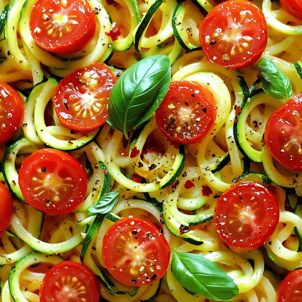 - 2 medium zucchinis, spiralized into noodles - 2 cups cherry tomatoes, halved - 3 cloves garlic, finely minced - 1 tablespoon extra-virgin olive oil - 1 teaspoon dried oregano - Salt and freshly cracked black pepper to taste These main ingredients create a fresh and vibrant dish. The zucchini provides a fun noodle shape, while the cherry tomatoes add sweetness. Garlic gives it a strong flavor, and olive oil brings richness. Oregano adds a nice herbal touch. Salt and pepper enhance all the flavors. - 1 teaspoon red pepper flakes (for a spicy kick) - 1/4 cup fresh basil leaves, chopped If you want some heat, add red pepper flakes. Basil brings a fresh taste to the dish. You can mix these in to make the flavors pop even more. - Grated Parmesan cheese for serving (optional) - Additional fresh basil leaves for garnish For a savory finish, top with grated Parmesan cheese. It melts beautifully and adds depth. You can also sprinkle more basil leaves on top for color and flavor. To start, gather all your ingredients. This makes cooking easy. You will need: - 2 medium zucchinis, spiralized into noodles - 2 cups cherry tomatoes, halved - 3 cloves garlic, finely minced - 1 tablespoon extra-virgin olive oil - 1 teaspoon dried oregano - 1 teaspoon red pepper flakes (optional) - Salt and freshly cracked black pepper to taste - 1/4 cup fresh basil leaves, chopped - Grated Parmesan cheese for serving (optional) Make sure your zucchinis are spiralized. This gives a fun shape. Halve the cherry tomatoes for quick cooking. Mince the garlic finely, so it spreads its flavor well. Heat your skillet on medium heat. Add the olive oil and let it warm for about 1 minute. Next, add the minced garlic. Sauté it for 1 minute, stirring often. You want it fragrant, not brown. Now, toss in the halved cherry tomatoes. Cook them for 5-7 minutes. Stir often, so they soften and release their juices. This step builds a rich base for the dish. Once the tomatoes are ready, stir in the spiralized zucchini and dried oregano. Cook for an additional 3-5 minutes. Toss it occasionally, making sure the zucchini gets tender yet stays crunchy. If you like a kick, sprinkle in the red pepper flakes. Season with salt and freshly cracked black pepper to taste. Mix everything well. Finally, take the skillet off the heat. Fold in the chopped fresh basil. This adds a burst of flavor. Serve your Tomato Zucchini Pasta in bowls for a cozy feel. If you want to impress, use deep pasta bowls. Top each serving with freshly grated Parmesan cheese for added flavor. For a nice touch, garnish with more basil leaves and a light drizzle of olive oil. This makes your dish look beautiful and appetizing. Enjoy your meal with friends or family! If you want the full details, you can check out the Full Recipe. To get the best texture for zucchini noodles, start with fresh zucchinis. Spiralize them just before cooking to keep them firm. When you cook them, avoid overcooking. Cook for only 3-5 minutes. This keeps them crunchy. If you want a softer noodle, cook a minute longer. Remember, they will cook a bit more after you take them off the heat. For an extra kick, add more garlic. You can also try fresh herbs like thyme or parsley. Mixing in a splash of lemon juice brightens the dish. If you like heat, use more red pepper flakes. You can even add a splash of balsamic vinegar for a sweet touch. Experiment with spices and herbs to find your favorite mix. To save time, prep all your ingredients first. Spiralize the zucchinis and chop the garlic in advance. Use a food processor for the tomatoes if you're short on time. You can also buy pre-spiralized zucchini from the store. This makes your cooking process quicker. Remember, this dish cooks fast, so have everything ready before you start. Check out the Full Recipe for more tips and tricks! {{image_4}} You can easily add protein to this dish. Chicken, shrimp, or tofu all work well. If you pick chicken, use grilled or sautéed pieces. For shrimp, a quick sauté makes them perfect. Tofu can be cubed and sautéed until golden. Each option adds flavor and makes the meal more filling. This recipe is great for both vegetarians and vegans. To keep it vegan, skip the Parmesan cheese or use a plant-based option. You can also add more veggies, like bell peppers or spinach, for extra color and nutrients. These swaps keep your meal fresh and exciting. Feel free to swap in seasonal veggies. In spring, try asparagus or peas. In summer, add bell peppers or corn. In fall, use squash or kale. Each season brings new flavors and textures. This keeps the dish fun and allows you to enjoy the best produce year-round. For the full experience, check out the Full Recipe and try these variations today! To store your leftover Tomato Zucchini Pasta, let it cool first. Place it in an airtight container. Make sure to seal it well to keep out air. This way, it stays fresh and tasty. You can keep it in the fridge for up to three days. If you plan to eat it later, storing it this way works best. When you reheat your pasta, do it slowly. Place the leftovers in a pan over low heat. Add a splash of olive oil or a bit of water. This helps keep the zucchini noodles from getting mushy. Stir often to ensure even heating. You want to bring back that great texture! Freezing zucchini pasta is tricky. Zucchini can become soggy when frozen. If you want to freeze it, I suggest freezing the sauce and noodles separately. The sauce freezes well. Store it in a container or freezer bag. You can freeze it for up to three months. Just remember to label it with the date. When you're ready to eat, thaw the sauce and heat it up before mixing with fresh zucchini noodles. This keeps everything fresh and delicious. For the complete recipe, check the [Full Recipe]. The best way to spiralize zucchini is to use a spiralizer. First, wash the zucchini. Cut off both ends. Place the zucchini in the spiralizer and twist. You will get long, noodle-like strands. If you don’t have a spiralizer, you can use a vegetable peeler. Just peel thin strips, but the noodles will be wider. Yes, you can use dried tomatoes instead of fresh. Just remember to rehydrate them first. Soak the dried tomatoes in warm water for about 30 minutes. This helps them become soft and juicy again. After soaking, chop them and add them to your dish. They will add a rich flavor. To make this recipe gluten-free, simply use zucchini noodles as your pasta. Zucchini is naturally gluten-free. You can also check any extra ingredients. Make sure any sauces or toppings are gluten-free. This way, you can enjoy your meal without worries. Yes, Tomato Zucchini Pasta is a healthy dish. It is low in calories and high in nutrients. Zucchini is full of vitamins, and tomatoes add antioxidants. They help keep your body strong and healthy. Plus, this dish has no heavy sauces, which keeps it light and fresh. Leftovers will last about 3 to 5 days in the fridge. Store them in an airtight container. This keeps the pasta fresh and tasty. When you reheat, you may want to add a splash of olive oil. This helps bring back some moisture. To make this dish spicier, add more red pepper flakes. You can also add fresh chopped chili peppers. If you like a smoky flavor, try adding smoked paprika. Just start with a little and taste as you go. This way, you can control the heat level to your liking. For the complete recipe, check out the [Full Recipe]. This blog post covered how to make tasty Tomato Zucchini Pasta. You learned about the main ingredients and some great options to boost flavors. We went through step-by-step instructions, tips for perfect texture, and ideas for variations. You also found out how to store and reheat your leftovers properly. I hope you feel ready to make this dish your own. Enjoy creating and experimenting with your Tomato Zucchini Pasta! It’s a simple meal that can delight your taste buds.