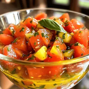 For a bright and tasty vinaigrette, you need fresh items. Here’s what to gather: - 3 medium ripe tomatoes, diced - 1/4 cup extra-virgin olive oil - 2 tablespoons apple cider vinegar - 1 tablespoon Dijon mustard - 1 garlic clove, minced - 1 teaspoon honey (optional for a touch of sweetness) - Salt and freshly ground black pepper, to taste - Fresh basil leaves, chopped (for garnish) Getting the right amounts is key. Here’s how to measure: - Tomatoes: Use 3 medium ones. They should be ripe for the best flavor. - Olive Oil: Measure 1/4 cup. This gives a rich texture. - Apple Cider Vinegar: Use 2 tablespoons for a nice tang. - Dijon Mustard: 1 tablespoon adds a nice depth. - Garlic: 1 clove, minced, gives a great kick. - Honey: 1 teaspoon adds sweetness, but it’s optional. - Salt and Pepper: Season to your liking. - Basil: Chop fresh leaves for a pop of color and taste. You can change up this recipe to suit your taste. Here are some ideas: - Add Herbs: Try fresh parsley or thyme for different flavors. - Spices: A pinch of red pepper flakes can add heat. - Citrus: Squeeze in some lemon juice for more brightness. - Fruits: Add diced peaches or strawberries for a sweet twist. These changes can make your vinaigrette unique and even more delicious. Check out the Full Recipe for details on how to create this easy fresh tomato vinaigrette! Start with three medium ripe tomatoes. Dice them into small, even pieces. Place the diced tomatoes in a medium bowl. Sprinkle a pinch of salt over them. This salt draws out the juices, making your vinaigrette tastier. Let the tomatoes sit for about five minutes. This helps release their fresh flavors and creates a juicy base for your dressing. In a separate small bowl, measure out 1/4 cup of extra-virgin olive oil. Add 2 tablespoons of apple cider vinegar, 1 tablespoon of Dijon mustard, and 1 minced garlic clove. If you like a hint of sweetness, add 1 teaspoon of honey. Whisk these ingredients together vigorously. You want everything to blend well and become creamy. Pour the vinaigrette over the prepared tomatoes. Use a spatula or spoon to gently toss everything together. Make sure all the tomatoes get coated in the dressing. Taste the mixture. Adjust the seasoning with more salt and freshly ground black pepper if needed. Just before serving, fold in some chopped fresh basil for a burst of flavor. Let the vinaigrette sit for about ten minutes. This allows the flavors to combine nicely. For an eye-catching look, serve it in a clear jar or bowl. Drizzle a bit of olive oil on top for extra shine. Enjoy your fresh tomato vinaigrette! For the full recipe, check out the details above. To boost the flavor of your fresh tomato vinaigrette, use ripe tomatoes. They add sweetness and depth. You can also add a splash of lemon juice for brightness. If you like heat, a pinch of red pepper flakes works well. Fresh herbs can elevate the taste, too. Try chives, parsley, or even cilantro. These herbs add a fresh twist that makes your dressing pop. This vinaigrette shines on salads, grilled veggies, or fish. Drizzle it on a mixed green salad for a refreshing touch. It pairs well with grilled chicken, adding a fruity note. You can also use it as a dip for fresh bread. For a fun twist, try it on tacos or burrito bowls. The flavors blend beautifully with hearty dishes. One common mistake is using unripe tomatoes. They lack flavor and can make your dressing bland. Another error is not letting the vinaigrette sit. Allowing it to rest helps flavors meld. Also, be careful with salt. Too much can overpower the freshness of the tomatoes. Lastly, avoid skipping the fresh basil. It truly makes a difference in taste. For the full recipe, check out the [Full Recipe]. {{image_4}} You can add fruits to the vinaigrette for a fun change. Try using diced peaches or mangoes. These fruits bring sweetness and a new flavor to your dressing. Berries like strawberries or raspberries add a bright color and tangy taste. Just chop the fruit and mix it with the tomatoes. This twist adds freshness to your salad or dish. You can switch up the vinegar and oil for different tastes. Instead of apple cider vinegar, try balsamic or red wine vinegar. Each type of vinegar gives a unique flavor. You can also use lemon juice for a bright kick. When it comes to oil, avocado oil is a great choice. It has a mild taste that works well with many dishes. Experiment with different oils and vinegars to find your favorite blend. If you like heat, add some spice to your vinaigrette. A pinch of red pepper flakes gives it a nice kick. You can also add diced jalapeños for a bolder flavor. For a milder spice, use black pepper. Remember to start with a little spice and adjust to your taste. This way, you can enjoy a vinaigrette that fits your heat level perfectly. To keep your fresh tomato vinaigrette tasty, store it in the fridge. Place it in a clean, airtight container. This keeps the flavors fresh and prevents any odors from other foods in the fridge. If you have any leftovers after a meal, don’t let them go to waste! I suggest using glass containers for storing your vinaigrette. Glass is non-reactive and helps maintain flavor. You can also use plastic containers, but make sure they are BPA-free. Choose a container that fits the amount you have. A small jar or a pint-sized container works well. Your fresh tomato vinaigrette will stay good for about 3 to 5 days in the fridge. To keep it fresh, make sure the lid is on tight. If you see any change in color or smell, it’s best to toss it. Always taste it first! If it still tastes great, feel free to enjoy it! If you want to skip tomatoes, try using roasted red peppers. They add a nice, sweet flavor. You can also use diced cucumbers for a refreshing crunch. Another option is to blend sun-dried tomatoes for a rich taste. Each choice gives your vinaigrette a new twist. Yes, you can make this vinaigrette ahead of time. It stays fresh in the fridge for up to three days. Just mix the vinaigrette and store it in a sealed jar. Before serving, let it sit at room temperature. This helps the flavors come alive again. For gluten-free needs, check your mustard. Most brands are safe, but some may add gluten. If you want to cut out sugar, skip the honey. For a vegan option, the recipe is already vegan-friendly. Just use plant-based ingredients. You can always adjust the oil or vinegar based on your taste. This blog post covered key steps for making a fresh vinaigrette. We explored essential ingredients, precise measurements, and fun variations. I shared tips to enhance flavor and avoid common mistakes. You can even customize it with fruits or different spices. Remember to store leftovers properly for best taste. Try out these ideas and make your meals shine. Enjoy the process and get creative in the kitchen! Your next delicious dish is just a few steps away.