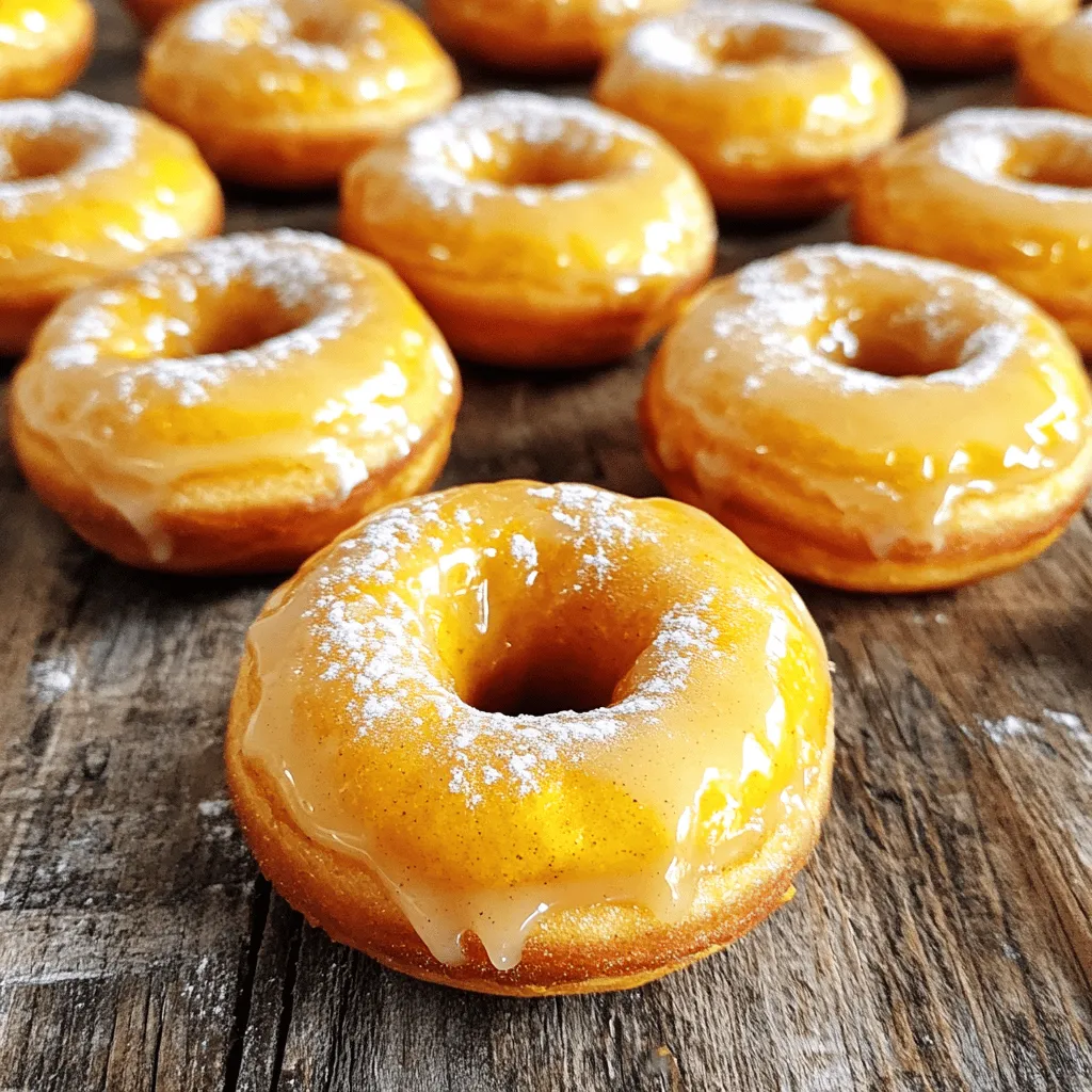 - 1 cup pumpkin puree - 1/2 cup granulated sugar - 1/4 cup packed brown sugar - 1/4 cup vegetable oil - 2 large eggs - 1 teaspoon pure vanilla extract - 1 1/2 cups all-purpose flour - 1 teaspoon baking powder I love using pumpkin puree in this recipe. It gives the donuts a rich taste. You can use canned pumpkin or make your own from fresh pumpkin. Both work well. The sugars add sweetness and help with texture. The brown sugar adds a nice depth to the flavor. The vegetable oil keeps the donuts moist. Eggs help bind the mixture and add fluffiness. Vanilla extract enhances the overall taste, making it more delightful. The all-purpose flour and baking powder create a light texture. - 1 teaspoon ground cinnamon - 1/2 teaspoon ground nutmeg - 1/2 teaspoon fine sea salt - 1/4 teaspoon ground ginger Spices play a big role in this recipe. Ground cinnamon adds warmth and a classic fall flavor. Nutmeg brings a hint of sweetness, while sea salt balances the flavors. Ground ginger adds a bit of zest. Together, they create a cozy taste that is hard to resist. - Powdered sugar for dusting - Maple glaze (made with powdered sugar and maple syrup) Toppings can elevate your baked pumpkin donuts. A dusting of powdered sugar gives a sweet finish. You can also make a maple glaze. Just mix powdered sugar with maple syrup until smooth. This adds a rich and sweet layer that pairs well with the pumpkin flavor. For the full recipe, check out the details above. Enjoy creating these fluffy and flavorful treats! - Preheat the oven to 350°F (175°C). - Grease the donut pan with cooking spray or butter. Before you start mixing, it’s important to get your oven hot. This helps the donuts rise well. Greasing the pan makes sure your donuts pop out easily after baking. - Combine pumpkin, sugars, oil, eggs, and vanilla. In a large bowl, add the pumpkin puree, granulated sugar, brown sugar, vegetable oil, eggs, and vanilla extract. Use a whisk to mix until it is smooth. The pumpkin gives a nice flavor and color to the donuts. - Sift together flour, baking powder, baking soda, and spices. In a separate bowl, sift the flour, baking powder, baking soda, cinnamon, nutmeg, salt, and ginger. Sifting helps mix the dry ingredients well. It also prevents any lumps, making your donuts fluffy. - Fold dry ingredients into wet until just combined. Gently add the dry mix into the wet mix. Stir it slowly until just combined. Do not overmix; some lumps are okay. Overmixing can make the donuts tough. - Fill the donut pan and bake for 12-15 minutes. Using a spoon or piping bag, fill each donut cavity about two-thirds full. This allows space for the donuts to rise. Bake in the oven for 12-15 minutes. They are done when they spring back lightly when touched. - Cool in pan before transferring to a wire rack. After baking, let the donuts cool in the pan for about 5 minutes. Then, carefully move them to a wire rack to cool completely. This helps them firm up and makes them easier to handle. For a sweet touch, dust them with powdered sugar or top with a maple glaze after they cool. If you want the full recipe, check it out! To make the best baked pumpkin donuts, avoid overmixing the batter. Overmixing can lead to dense donuts. Mix just until the ingredients come together. Also, use room temperature ingredients. This helps the batter mix smoothly and rise better. Baking can be tricky. Use an oven thermometer to check the temperature. Your oven might not be as accurate as you think. Adjust the baking time based on your oven. Some ovens run hot or cool. Keep an eye on the donuts as they bake. Once your donuts are out of the oven, you can make them even better. Dust them with powdered sugar for a sweet touch. You can also drizzle them with maple glaze. This adds a lovely flavor. Pair your donuts with coffee or hot apple cider. This makes a perfect fall treat. For the full recipe, check the section above. {{image_4}} You can easily change the flavor of your donuts. Add chocolate chips for a sweet surprise. They melt slightly, giving a nice texture. You can also switch up the spices. Cloves and allspice work great in place of cinnamon. They add warmth and depth to your treats. If you need gluten-free donuts, use almond flour or gluten-free flour. Both options work well and keep the donut fluffy. For vegan donuts, swap out the eggs with flax eggs. Mix one tablespoon of flaxseed meal with three tablespoons of water. Let it sit for a few minutes until it thickens. Use almond milk or another plant milk instead of dairy. Want a fun twist? Use a mini muffin pan to make pumpkin donut holes. They are perfect for snacking. You can also use a bundt pan for a pumpkin cake version. Just adjust the baking time to ensure they cook through. Whichever shape you choose, the flavor remains delightful. For the full recipe, check out [Full Recipe]. Keep your leftover donuts in an airtight container at room temperature. This method keeps them soft and fresh. Avoid stacking them directly on top of each other to prevent squishing. If you have a lot, separate layers with parchment paper. To freeze your donuts, first let them cool completely. Place them in a single layer on a baking sheet. Freeze for about one hour. After they are firm, transfer them to a freezer bag or container. Remove as much air as possible to prevent freezer burn. To thaw, just take them out and let them sit at room temperature for 30 minutes. For the best taste, enjoy your donuts within 2-3 days. After this time, they may start to lose their fluffiness and flavor. If you freeze them, they can last up to 3 months. Just remember to label your container with the date to keep track of freshness. Yes, you can use fresh pumpkin. To prepare fresh pumpkin puree, start by cutting a small pumpkin in half. Remove the seeds and stringy bits. Place the halves cut-side down on a baking sheet. Roast it at 350°F (175°C) for about 45 minutes or until soft. Once cool, scoop out the flesh and blend it until smooth. This gives you fresh pumpkin puree for your donuts. You can make these donuts healthier by swapping some ingredients. Use honey or maple syrup instead of granulated sugar. Replace vegetable oil with unsweetened applesauce or Greek yogurt. This keeps the flavor but reduces calories. You can also use whole wheat flour for added fiber. Yes, you can bake these donuts ahead of time. Bake them and let them cool completely. Store in an airtight container at room temperature for up to two days. If you want to keep them longer, freeze them. Just thaw at room temperature before enjoying. If you don’t have a donut pan, you can use a muffin pan. Just fill each cup with the batter. Bake as directed, but check for doneness a few minutes earlier. You will get delicious pumpkin muffins instead of donuts. Baked donuts are generally healthier than fried donuts. Baking uses less oil, which cuts down on fat and calories. Baked donuts also have fewer carbs. Enjoying baked treats can help you satisfy your sweet tooth while being kinder to your waistline. In this post, I covered how to make easy baked pumpkin donuts. You learned about the main ingredients, spices, and optional toppings. I shared step-by-step instructions, tips for perfect donuts, and fun variations. Remember to store your leftover donuts correctly for the best taste. These donuts are a great fall treat for any occasion. Experiment with flavors and enjoy your baking!