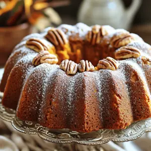 - 2 cups all-purpose flour - 1 teaspoon baking powder - 1 teaspoon baking soda - 1 teaspoon ground cinnamon - 1/2 teaspoon ground nutmeg - 1/2 teaspoon ground ginger - 1/4 teaspoon salt In this recipe, the flour forms the base of our cake. Baking powder and soda help it rise. The spices add warmth and depth. Cinnamon, nutmeg, and ginger give that classic fall flavor. - 1 cup granulated sugar - 1 cup packed brown sugar - 1 cup vegetable oil Using both granulated and brown sugars brings balance. Granulated sugar keeps things sweet. Brown sugar adds moisture and a hint of caramel. Vegetable oil makes the cake soft and fluffy. - 4 large eggs - 1 can (15 oz) pure pumpkin puree - 1 teaspoon vanilla extract - 1/2 cup toasted pecans or walnuts (optional) - Zest of 1 orange (for a refreshing twist) Eggs bind the cake together and add richness. Pumpkin puree gives moisture and flavor. Vanilla enhances the sweetness. If you like, add nuts for crunch. Orange zest brightens the taste and adds a fun twist to this cake. I recommend trying the full recipe for the best results! First, set your oven to 350°F (175°C). This step ensures the cake bakes evenly and rises well. While the oven heats, grab your Bundt pan. Grease it well with butter or oil. Dust it with flour to prevent sticking. This helps your cake come out easily after baking. In a medium bowl, add your dry ingredients. Combine 2 cups of all-purpose flour, 1 teaspoon of baking powder, and 1 teaspoon of baking soda. Then, add 1 teaspoon of ground cinnamon, 1/2 teaspoon of ground nutmeg, 1/2 teaspoon of ground ginger, and 1/4 teaspoon of salt. Use a whisk to mix these well. This will blend the flavors together. Next, in a large bowl, mix your sugars and oil. Use 1 cup of granulated sugar and 1 cup of packed brown sugar. Add 1 cup of vegetable oil. Mix these together until the mixture is smooth and creamy. This will give your cake a nice, sweet base. Now it’s time to add the eggs and pumpkin. Crack 4 large eggs into your sugar mixture, mixing well after each one. Then, add the 15 oz can of pure pumpkin puree and 1 teaspoon of vanilla extract. Stir until it is completely smooth. For a fun twist, add the zest of 1 orange. This gives a nice, fresh flavor to the cake. Gradually mix in your dry ingredients. Use a spatula to fold everything together gently. If you want nuts, now is the time to fold in 1/2 cup of toasted pecans or walnuts. This adds a lovely crunch to your cake. Pour the batter into your prepared Bundt pan. Use a spatula to smooth the top. Place the pan in the oven and bake for 50-60 minutes. To check if it’s done, insert a toothpick into the center. It should come out clean or have a few crumbs sticking to it. After baking, let the cake cool in the pan for about 10 minutes. This cooling time helps it set. Then, carefully invert the Bundt pan onto a wire rack. Tap it gently to release the cake. Allow it to cool completely before serving. Enjoy this delicious treat, and for the full recipe, check out the details above! To get a perfect cake, start by ensuring even cooking. This means preheating your oven to the right temp. Always check that your oven is accurate, as some run hot or cold. Use an oven thermometer if you can. When baking, it’s key to test for doneness. Insert a toothpick into the center of the cake. If it comes out clean or with a few crumbs, your cake is ready. If you see wet batter, give it a few more minutes. Presentation can make your cake look even more special. Dust the cooled cake with powdered sugar for a classic look. If you want to be fancy, you can add a glaze made from powdered sugar and milk. Think about garnishing, too! A sprinkle of toasted nuts on top adds a nice crunch. Slices of orange not only look pretty but add bright color to your dessert. Overmixing the batter is a common pitfall. Mix just until the dry ingredients blend in. This keeps your cake light and fluffy. Also, don’t skip prepping the pan. Greasing and dusting the Bundt pan is crucial. If you don’t do this, the cake might stick and break when you remove it. Trust me; you want a beautiful cake! {{image_4}} You can make your pumpkin Bundt cake even more exciting! Try adding spices like cloves or cardamom. These spices add warmth and depth. You can also stir in chocolate chips or dried fruits. Chocolate chips give a rich taste. Dried fruits like raisins or cranberries add a chewy texture. If you need gluten-free options, almond flour works great. It keeps the cake moist and fluffy. For those who avoid eggs and dairy, use ripe bananas or applesauce as egg substitutes. Plant-based milk can replace regular milk. These swaps make the cake friendly for everyone. To shake things up, use different squash varieties. Butternut or acorn squash can bring unique flavors. For holidays, add festive toppings. Sprinkle cinnamon sugar or drizzle caramel sauce on top. You can even use colored sprinkles for a fun look. Each variation makes the cake special and perfect for any occasion. For the full recipe, check the section above. To keep your pumpkin bundt cake fresh, cover it well. Use plastic wrap or foil. A cake dome also works great. Choose a container that keeps air out. This helps keep the cake moist and tasty. You can freeze the pumpkin bundt cake for later. First, let it cool completely. Wrap it tightly in plastic wrap, then in foil. This two-layer method protects the cake from freezer burn. When you're ready to enjoy it, thaw the cake in the fridge overnight. You can also leave it at room temperature for a few hours. At room temperature, the cake stays fresh for about three days. Keep it in a cool, dry place. For longer storage, place it in the fridge. It can last up to a week when refrigerated. Just remember to cover it to maintain its flavor and texture. For the full recipe, check the Easy Pumpkin Bundt Cake section above. You can use several vegan egg replacements. Here are a few options: - Flaxseed meal: Mix 1 tablespoon of flaxseed meal with 2.5 tablespoons of water. Let it sit for 5 minutes. - Chia seeds: Use 1 tablespoon of chia seeds mixed with 2.5 tablespoons of water. Let it thicken for 5 minutes. - Applesauce: Replace each egg with 1/4 cup of unsweetened applesauce. - Silken tofu: Blend 1/4 cup of silken tofu until smooth for one egg. These substitutes work well in the cake, making it just as tasty. To check if your bundt cake is ready, use a toothpick. Insert it into the center of the cake. If it comes out clean or with a few crumbs, the cake is done. You can also gently press the top. If it springs back, it is ready to come out. Yes, you can! Bake the cake and let it cool completely. Wrap it tightly in plastic wrap. Store it at room temperature for up to three days. You can also freeze it. Just wrap it well and place it in an airtight container. It will stay fresh for up to three months. Bundt cakes can stick for a few reasons. If you do not grease and flour the pan well, the cake may cling. Also, if the cake cools too long in the pan, it can stick. To avoid this, make sure to grease the pan thoroughly and cool the cake for only about 10 minutes before removing it. Pumpkin bundt cake tastes great with various frostings. Cream cheese frosting adds a rich flavor. A vanilla glaze offers a sweet touch. You can also use chocolate ganache for a fun twist. Lastly, a simple dusting of powdered sugar works well for a light finish. Yes, you can use fresh pumpkin! Start by roasting a small pumpkin. Cut it in half, scoop out the seeds, and bake it until soft. Then, mash it until smooth. You will need about 2 cups of fresh pumpkin for this recipe. This gives a fresh taste, but canned pumpkin is quicker and easier. For the full recipe, check the previous section. This blog post covers essential ingredients, step-by-step instructions, and helpful tips for baking a delicious pumpkin bundt cake. You learned how to create the perfect batter and avoid common mistakes. Remember to store leftovers properly and explore variations for fun twists. Baking is about trying new things, so don’t hesitate to experiment. Enjoy the process and share your tasty creations with others. Your journey in baking can be both fun and rewarding. Happy baking!