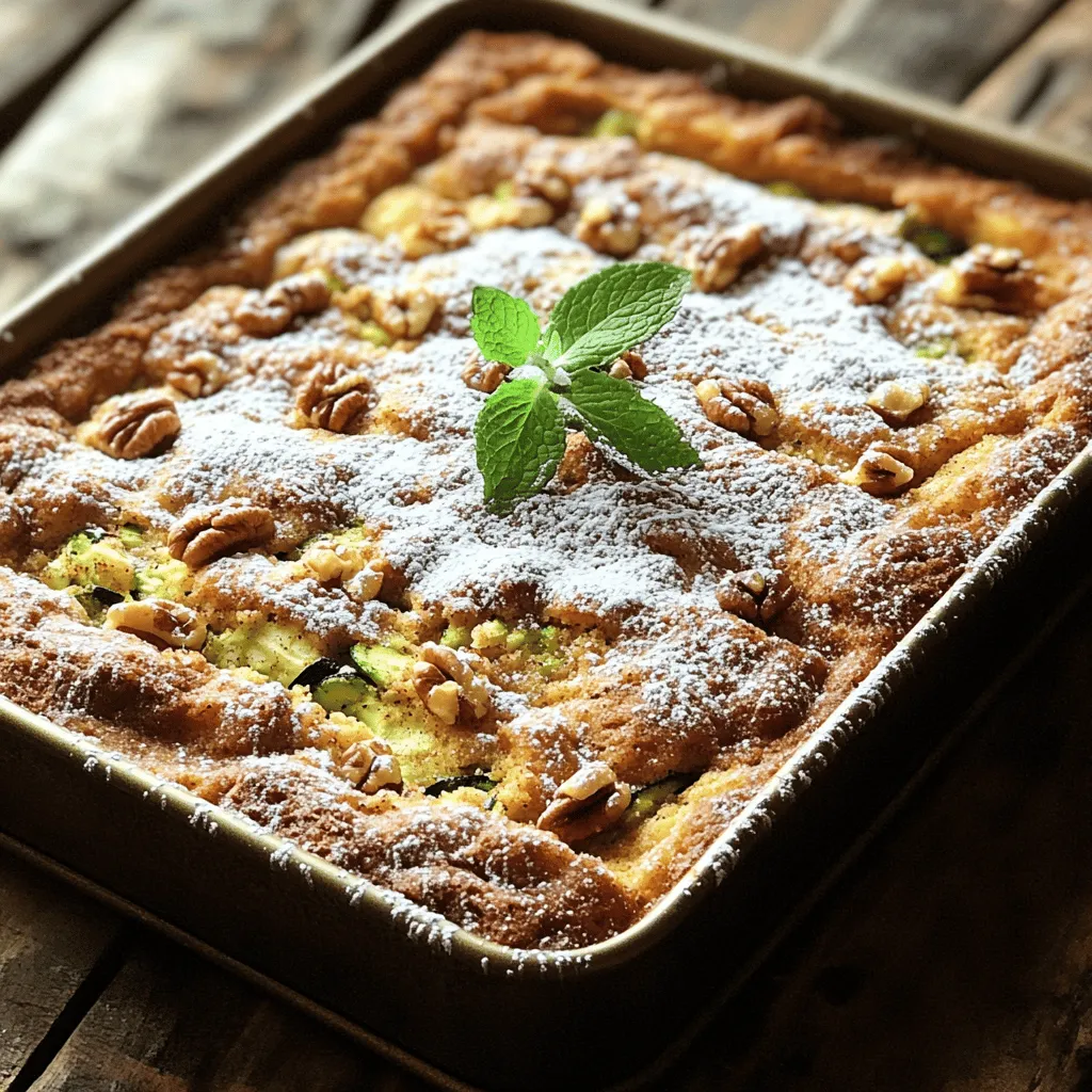 To make a tasty Cinnamon Zucchini Cake, you will need: - 2 cups grated zucchini (ensure excess moisture is squeezed out) - 1 ½ cups all-purpose flour - 1 cup granulated sugar - ½ cup packed brown sugar - ½ cup vegetable oil - 3 large eggs - 1 teaspoon vanilla extract - 1 teaspoon baking powder - 1 teaspoon baking soda - 1 teaspoon ground cinnamon - ½ teaspoon salt These ingredients work together to create a soft, moist cake with rich flavor. You can enhance your cake with some fun ingredients: - ½ cup chopped walnuts or pecans (optional) - ½ cup raisins (optional) These extras add crunch and sweetness, making each bite even better. When you shop for zucchini, look for firm, shiny ones. They should be dark green and free from blemishes. Smaller zucchini tend to taste sweeter and have fewer seeds. If you find large zucchini, check for softness. Soft zucchini may not taste as good. Always wash your zucchini before using it to remove dirt. For the best flavor, use fresh zucchini in your Cinnamon Zucchini Cake. First, heat your oven to 350°F (175°C). Grab a 9x13-inch baking pan. Grease it with butter or a non-stick spray. Then, lightly flour the pan to stop the cake from sticking. This step is key for a clean release! In a large bowl, mix the grated zucchini, granulated sugar, brown sugar, vegetable oil, eggs, and vanilla extract. Use a whisk or an electric mixer to blend these until they are smooth. This mix brings the main flavors together. In another bowl, whisk the all-purpose flour, baking powder, baking soda, ground cinnamon, and salt. Make sure these ingredients are well mixed. This step helps the cake rise and gives it a great flavor. Carefully add the dry mix into the wet mix. Stir gently with a spatula or wooden spoon until just combined. Be careful not to overmix; it can make the cake dense. If you want, fold in the chopped nuts and raisins now. Pour the batter into the prepared pan, spreading it evenly. Bake for 30 to 35 minutes. Check if it’s done by inserting a toothpick in the center. If it comes out clean, it's ready! Once baked, take it out of the oven. Let the cake cool in the pan for about 10 minutes. Then, move it to a wire rack to cool completely. For a fun touch, dust the cooled cake with powdered sugar and add a sprig of mint. Serve with whipped cream or vanilla ice cream for a tasty treat. Enjoy every bite of this delightful Cinnamon Zucchini Cake! For the complete recipe, check out the Full Recipe. To get the best texture in your cake, you must remove excess moisture from the zucchini. Start by grating the zucchini. Place the grated zucchini in a clean kitchen towel or cheesecloth. Twist the cloth to squeeze out as much liquid as you can. This step helps keep your cake light and fluffy. To avoid a dense cake, mix your batter gently. Overmixing can lead to gluten formation, making the cake chewy. Combine wet and dry ingredients until just mixed. Also, check your baking time. A toothpick should come out clean from the center. If you bake too long, the cake can dry out. You can make a few swaps to make your cake healthier. Use whole wheat flour instead of all-purpose flour for more fiber. Replace some sugar with applesauce or mashed banana. These options can lower calories and add natural sweetness. You can also use coconut oil instead of vegetable oil for added flavor and health benefits. {{image_4}} If you want a sweet twist, add chocolate chips to your batter. Use about one cup of semi-sweet or dark chocolate chips. Fold them in when mixing the dry ingredients. The chocolate will melt and create pockets of gooey goodness. It pairs well with the cinnamon and zucchini, making each bite a treat. To make a gluten-free version, swap out the all-purpose flour. You can use a gluten-free flour blend instead. Ensure the blend contains xanthan gum, which helps with texture. Also, check that all other ingredients are gluten-free, like baking powder. This way, everyone can enjoy your delicious cake without worry. You can personalize your cake by adding different nuts and spices. Try almonds or hazelnuts for a new crunch. You could also mix in nutmeg or ginger for added warmth. Just remember, balance is key. Add only a little so the cinnamon still shines through. These changes can make your cake unique and delicious every time you bake it. For the full recipe, check out the earlier section. To keep your cinnamon zucchini cake fresh, store it in an airtight container. This helps keep moisture in. You can also wrap it tightly in plastic wrap. It stays good at room temperature for up to three days. If you want it to last longer, move it to the fridge. It can stay fresh for about a week in the fridge. If you have more cake than you can eat, freezing is a great option. Let the cake cool completely before freezing. Wrap individual slices in plastic wrap. Then, place them in a freezer bag or container. This way, it won't get freezer burn. You can freeze the cake for up to three months. When you’re ready to eat, just take it out and let it thaw in the fridge overnight. Reheating your cake is easy. For the best taste, use the oven. Preheat it to 350°F (175°C). Remove the cake from the fridge and unwrap it. Place the cake on a baking sheet. Heat it for about 10-15 minutes. You can also use the microwave. Heat a slice for 15-20 seconds. Be careful not to overheat it, or it may dry out. Enjoy your cake warm, as it brings out the flavors even more! Yes, you can make this cake ahead of time. Just bake it and let it cool. After it cools, wrap it well in plastic wrap. Store it in the fridge for up to three days. For longer storage, freeze it for up to three months. Thaw it in the fridge when ready to eat. You can use applesauce or mashed banana as a substitute for eggs. Use 1/4 cup of either for each egg needed. This will keep the cake moist and add a hint of flavor. You can also use flaxseed meal mixed with water. Mix 1 tablespoon of flaxseed meal with 2.5 tablespoons of water for one egg. To check if the cake is done, insert a toothpick into the center. If it comes out clean or with a few crumbs, the cake is ready. You can also gently press the top of the cake. If it springs back, it is done. The edges may pull away from the pan slightly when fully baked. Absolutely! You can make mini muffins with this recipe. Just fill the muffin tin with batter, about two-thirds full. Bake them at the same temperature for 15-20 minutes. Check for doneness with a toothpick, just like with the cake. This will give you a fun, bite-sized treat. The nutritional information varies based on specific brands and portions. A typical slice of this cake (assuming 12 slices) contains about 200 calories. It has around 3 grams of protein and 8 grams of fat. Each slice also has about 30 grams of carbohydrates. This can change based on added ingredients. For full details, check the Full Recipe. You now know how to make a delicious Cinnamon Zucchini Cake. We covered the key ingredients, from main to optional, and shared tips for fresh zucchini. I guided you through each step, from mixing to baking and serving. You learned helpful tips to avoid a dense cake and how to make tasty variations. Storing your leftovers or freezing the cake is easy. You can even modify the recipe with FAQs to answer your questions. Enjoy this simple yet delightful treat that brings joy to every bite.