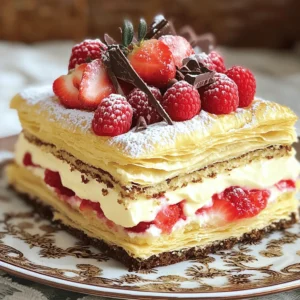 To make a delicious Napoleon cake, gather the following items: - 1 package of puff pastry (2 sheets), thawed - 2 cups whole milk - 1 cup granulated sugar - 1/3 cup all-purpose flour - 4 large egg yolks - 1 teaspoon vanilla extract - 1/4 teaspoon salt - 1/2 cup unsalted butter, softened - 1 cup heavy cream - 2 tablespoons powdered sugar - Fresh berries (such as strawberries or raspberries) for garnish - Chocolate shavings for decor You can swap some ingredients if you need to: - For whole milk, use 2% or even almond milk for a lighter option. - If you prefer a different sweetener, try using coconut sugar or honey. - For a dairy-free cake, replace the butter with a plant-based spread and use coconut cream instead of heavy cream. - You can also use cornstarch instead of flour for a gluten-free version. Using high-quality ingredients makes a big difference in flavor. Fresh milk and eggs enhance the taste of the pastry cream. Good puff pastry gives the cake its lovely layers and crispness. The better your ingredients, the better your cake will taste. Always choose fresh, organic options when you can. This not only improves flavor but also supports sustainable practices. When you take care in choosing your ingredients, your Napoleon cake will shine at any gathering. To start, preheat your oven to 400°F (200°C). This step is crucial for getting the right texture. Line a baking sheet with parchment paper. This keeps the pastry from sticking. Roll out each sheet of puff pastry. Aim for a thinner, wider shape. Trim the edges for a neat look if you want. Next, place the sheets on the baking sheet. Use a fork to prick the surface. This helps the pastry bake evenly. Bake for 15-20 minutes. You want them golden brown. Once done, let them cool on a wire rack. Grab a medium saucepan. Pour in the whole milk and half a cup of granulated sugar. Add a pinch of salt. Heat this on medium until it steams. In a bowl, mix the flour and egg yolks. Whisk until smooth. When the milk is ready, take half of it. Slowly pour it into the egg yolk mix, whisking. This prevents the eggs from cooking too fast. Pour the egg mixture back into the saucepan. Heat on medium again and stir until thick. This should take about 5-7 minutes. Once thick, remove it from heat. Stir in the vanilla and softened butter. Let the cream cool to room temperature. Now it’s assembly time! Take your first layer of puff pastry and place it on a serving platter. Spread half of the pastry cream evenly on top. Add the second layer of puff pastry on the cream. Repeat this with the other half of pastry cream. Finish with the last layer of puff pastry. Cover the cake tightly with plastic wrap. Refrigerate it for at least 4 hours. This helps the layers set well. When you’re ready to serve, dust the top with powdered sugar. Garnish with fresh berries and sprinkle chocolate shavings for a beautiful look. For more detailed steps, check the Full Recipe. For the best layers in your Napoleon cake, use cold puff pastry. Thaw it in the fridge, not on the counter. Roll the pastry thinly and evenly. This helps it puff up beautifully. Prick the surface with a fork to prevent excess puffing. Bake until golden brown for a crisp texture. Let the layers cool completely before adding cream to avoid sogginess. One mistake is not cooling the pastry cream. If it's warm, it will melt the puff pastry. Another mistake is skipping the chilling step. Chilling the cake allows the layers to set and flavors to meld. Also, don’t rush the whipping of the cream. Soft peaks are key for a light texture. Lastly, avoid overfilling layers, which can cause them to collapse. When serving Napoleon cake, slice it into neat squares. This makes it easy to serve. Dust the top with powdered sugar for a sweet touch. Garnish with fresh berries, like strawberries or raspberries, for a pop of color. Chocolate shavings add a nice finish too. For an extra treat, drizzle some pastry cream around the plate. This adds flair and makes your dessert visually appealing. For the full recipe, check the details above. {{image_4}} You can change the filling to suit your taste. Chocolate cream is a rich option. Just melt dark chocolate and mix it with the pastry cream. For fruit lovers, fresh fruits like raspberries or peaches work well. You can layer the pastry cream with fruit puree for a refreshing twist. The toppings can add flair to your cake. Caramel sauce drizzled on top gives a sweet touch. Chopped nuts like almonds or pistachios add a nice crunch. You can also sprinkle cocoa powder for a chocolatey finish. Get creative and mix these toppings to find your favorite. To make this cake gluten-free, use gluten-free puff pastry. Many brands offer this option now. For a dairy-free version, substitute the milk and butter with almond or coconut milk. Use a dairy-free cream for whipping. These swaps keep the taste close to the original while meeting dietary needs. Explore these variations for your own unique Napoleon cake experience! Check out the Full Recipe for more details. To keep your Napoleon cake fresh, store it in the fridge. Use an airtight container to prevent it from drying out. If you don’t have a container, cover the cake tightly with plastic wrap. This helps keep the cream layers soft and tasty. It's best to avoid slicing the cake until you are ready to serve. This protects the layers from becoming soggy. When stored well, Napoleon cake can last about 3 to 4 days in the fridge. After that, the layers may lose their crispness. If you notice any changes in texture or smell, it’s best to discard it. Always check for freshness before serving. You can freeze Napoleon cake, but it’s best to freeze it without the cream. Wrap each layer of pastry tightly in plastic wrap. Place the layers in a freezer-safe bag or container. You can freeze the layers for up to 2 months. When you’re ready to eat, let the layers thaw in the fridge overnight. Make the cream fresh and assemble the cake right before serving. This keeps it delicious and enjoyable. For the best taste, follow the full recipe when you’re ready to enjoy this treat! Napoleon cake is made of layers of puff pastry and creamy filling. You need just a few key ingredients: - Puff pastry - Whole milk - Granulated sugar - All-purpose flour - Egg yolks - Vanilla extract - Unsalted butter - Heavy cream - Powdered sugar The puff pastry gives it a flaky texture. The filling is a rich pastry cream made from the milk, sugar, flour, and egg yolks. Finally, whipped cream adds lightness and sweetness. Yes, you can make Napoleon cake in advance. In fact, it is better when chilled overnight. This allows the layers to meld together. You can prepare the puff pastry and pastry cream a day early. Just assemble it the next day. Cover it tightly in plastic wrap to keep it fresh. The name "Napoleon" cake does not link to the famous French leader. It likely comes from the Italian word "napolitain," meaning "from Naples." This cake has roots in France and Italy. Many believe it celebrates the rich culinary tradition of layered desserts. The layers symbolize elegance and indulgence, fitting for any occasion. In this blog post, I covered everything you need for a great Napoleon Cake. We discussed key ingredients, their quality, and useful substitutions. I shared step-by-step instructions for making puff pastry and pastry cream. We explored tips for perfect layers and how to avoid mistakes. You can also customize your cake with various fillings and toppings. Remember, using good ingredients matters. Enjoy making your Napoleon Cake; it’s worth the effort. With practice, you'll create a dessert that impresses everyone.