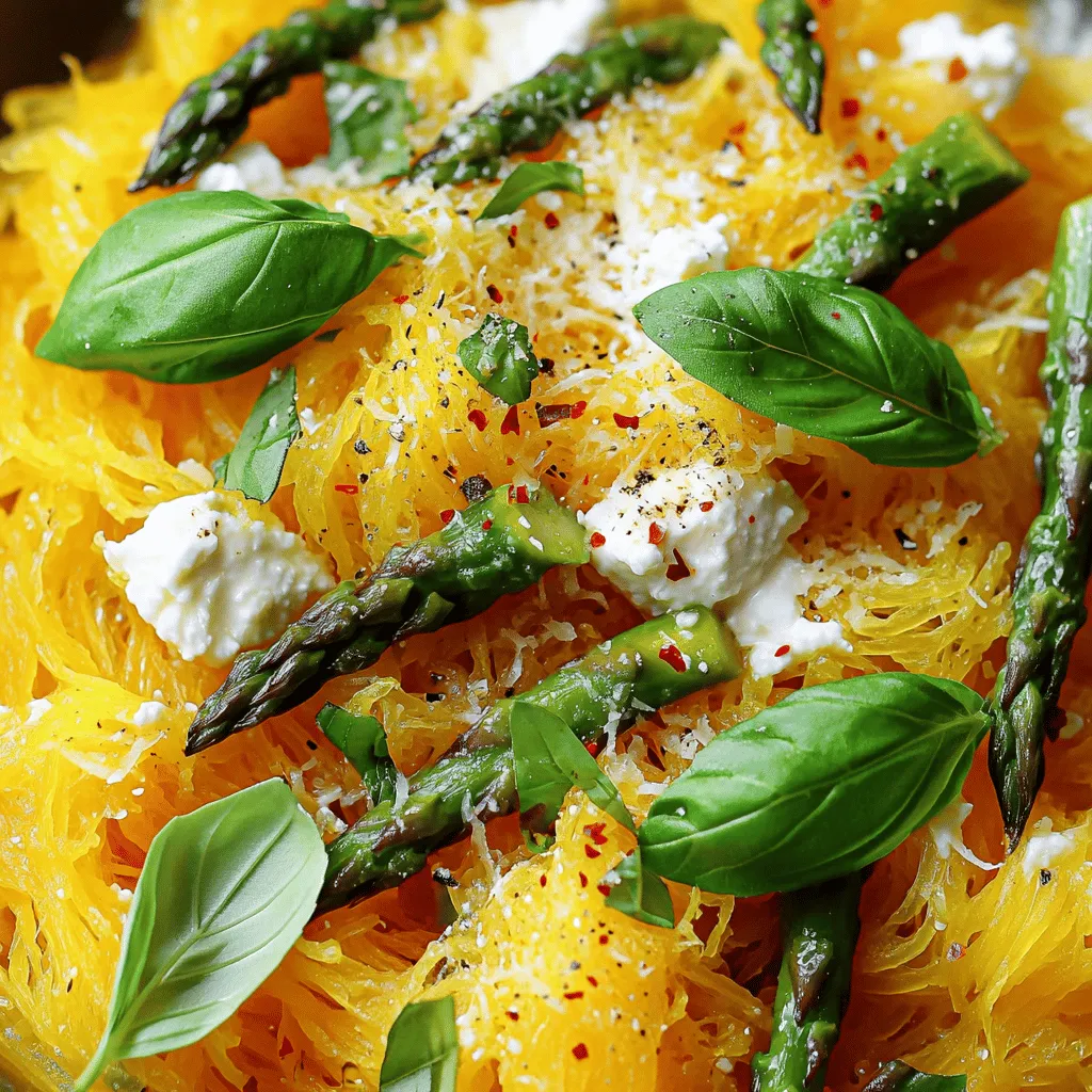 - 1 medium spaghetti squash - 1 cup fresh asparagus, trimmed and cut into 1-inch pieces - 1 cup creamy ricotta cheese - 1 tablespoon extra virgin olive oil - 2 cloves fine garlic, minced - 1 teaspoon fresh lemon zest - 2 tablespoons freshly squeezed lemon juice - ¼ teaspoon red pepper flakes (optional) - Salt and freshly cracked black pepper, to taste - Fresh basil leaves for garnish - Grated Parmesan cheese for serving (optional) To make spaghetti squash with asparagus and ricotta, gather your ingredients. The spaghetti squash is the star here. It has a great texture and absorbs flavors well. Fresh asparagus gives a nice crunch and bright color. The creamy ricotta cheese adds richness and balances the dish. The olive oil brings in healthy fats and flavor. Garlic adds depth, while lemon zest and juice brighten every bite. Red pepper flakes are optional but offer a fun kick. Salt and black pepper enhance the dish. Fresh basil leaves make a lovely garnish, and Parmesan cheese can add richness at serving. For the full experience, check the Full Recipe for step-by-step guidance! - Preheat the oven to 400°F (200°C). - Cut the spaghetti squash in half lengthwise and scoop out the seeds. - Place the squash cut-side down on a baking sheet. - Roast in the oven for 30-40 minutes until fork-tender. - Heat olive oil in a skillet and sauté minced garlic. - Add chopped asparagus and cook until tender (4-5 minutes). - Scrape the squash with a fork to create strands. - Mix the asparagus, ricotta, lemon zest, and juice into the squash. - Return the mixture to the squash shells or transfer to a serving dish. - Garnish with basil and Parmesan cheese (if desired). For the complete recipe, refer to the [Full Recipe]. Enjoy each step as you create this delightful dish! - Ensure asparagus is still crisp for best texture. - Avoid overcooking the spaghetti squash to prevent mushiness. Cooking spaghetti squash is simple, but timing is key. Roast the squash until it's fork-tender, which usually takes 30-40 minutes. Keep an eye on it to avoid a mushy texture. When cooking asparagus, aim for a bright green color. This indicates it is tender but still crisp. - Consider adding herbs like parsley or thyme for additional flavor. - Try different cheeses (like goat cheese) for a unique twist. Herbs can elevate your dish. Fresh parsley or thyme adds a burst of flavor. You can also swap ricotta for goat cheese. This change gives a tangy twist that pairs well with the squash. - Serve in the roasted squash halves for a rustic look. - Use vibrant serving dishes to enhance visual appeal. Serving the dish in the squash halves makes it fun and stylish. It gives a rustic feel that impresses guests. If you prefer a different look, use bright serving dishes. A vivid plate makes the colors of your dish pop, making it more inviting. {{image_4}} You can make this dish your own! Try swapping asparagus with other veggies. Zucchini or bell peppers work great. They add color and flavor. You can also use cottage cheese instead of ricotta. This swap gives you a lighter dish without losing creaminess. If you follow a vegan diet, that’s easy too! Replace the ricotta with a plant-based cheese. This keeps the dish creamy and delicious. You can also use gluten-free pasta if you prefer. It pairs well with the spaghetti squash. Want to boost the protein? Add cooked chicken or shrimp. Both add a hearty touch. You can also mix in different spices. Italian seasoning or smoked paprika can change the flavor profile. These small changes make this dish exciting each time! Store leftovers in an airtight container in the refrigerator for up to 3 days. This keeps your spaghetti squash with asparagus and ricotta fresh and tasty. Make sure the container seals well to prevent air from getting in. You can freeze the assembled dish for up to 2 months. Just make sure to cool it completely before freezing. When you are ready to enjoy, reheat it before serving. This option is great for meal prep or busy days. Reheat in a microwave or oven until warmed through. If the dish seems dry, add a splash of water. This helps restore moisture and keeps your meal delicious. Enjoy each bite of this delightful dish! Total cooking time is approximately 30-40 minutes when roasted. Yes, you can prep the ingredients and combine them before baking. Use a sharp knife and cut lengthwise, ensuring to stabilize the squash to prevent slipping. Yes, it is low in carbs and calories, making it a nutritious option. The skin is not typically eaten but can be left on when cooking for easy removal. This blog post covered how to make a tasty spaghetti squash dish. You learned about the main and extra ingredients, plus tips for cooking and serving. Remember to switch up vegetables or cheeses to suit your taste. Don't forget to store leftovers properly, so nothing goes to waste. Enjoy your meal and the creative process of cooking! This dish is easy, delicious, and perfect for many diets, making it a winner in any kitchen.