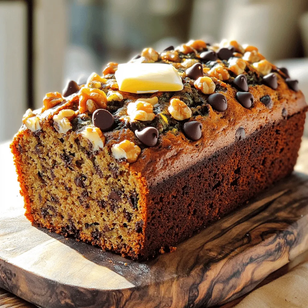 To make a delicious and nutrient-packed banana zucchini bread, gather the following ingredients: - 1 cup ripe bananas, thoroughly mashed (approximately 2-3 medium bananas) - 1 cup finely grated zucchini (about 1 medium zucchini) - 1/2 cup unsweetened applesauce - 1/4 cup pure maple syrup - 2 large eggs - 1 teaspoon pure vanilla extract - 1 teaspoon baking soda - 1 teaspoon baking powder - 1/2 teaspoon salt - 1 teaspoon ground cinnamon - 1 1/2 cups all-purpose flour (feel free to substitute with whole wheat flour for a healthier twist) - 1/2 cup chopped walnuts or pecans (optional for added crunch) - 1/4 cup dark chocolate chips (optional for a touch of sweetness) These ingredients work together to create a moist, tasty bread that is also packed with nutrients. Ripe bananas give natural sweetness, while zucchini adds moisture without altering the flavor. The applesauce helps to keep the bread soft and tender. You can mix in nuts or chocolate chips for extra texture and flavor, making each slice a delightful surprise. For the full recipe, see the recipe section. First, set your oven to 350°F (175°C). This temperature helps the bread rise. Next, grease a 9x5-inch loaf pan or line it with parchment paper. This step ensures easy removal once the bread is baked. In a large bowl, combine the mashed bananas, grated zucchini, unsweetened applesauce, pure maple syrup, large eggs, and pure vanilla extract. Use a whisk to blend these ingredients well. The mixture should be smooth and creamy. In another bowl, whisk together baking soda, baking powder, salt, ground cinnamon, and all-purpose flour. Make sure everything is evenly mixed. This helps the bread rise and gives it flavor. Slowly add the dry mixture to the wet ingredients. Use a spatula to gently fold them together. Be careful not to overmix; a few lumps are okay. This keeps the bread tender and moist. If you want, fold in the chopped walnuts or dark chocolate chips. These add great crunch and sweetness. Mix them in gently for even distribution. Pour the batter into your prepared loaf pan. Use a spatula to smooth the top for an even bake. Place the pan in the oven and bake for 50-60 minutes. To check if it’s done, insert a toothpick into the center. It should come out clean. After baking, let the bread cool in the pan for about 10 minutes. Then, transfer it to a wire rack to cool completely. This step enhances the flavor profile. For the full recipe, refer to the previous sections. To get the right texture in your banana zucchini bread, start with ripe bananas. Look for bananas with dark spots. These bananas are sweet and mash easily. I use about two to three medium bananas for one cup. Mixing is key, but you want to avoid overmixing the batter. Overmixing can lead to dense bread. When you combine wet and dry ingredients, stir gently. A few lumps in the batter are okay. This will help keep your bread light and fluffy. To make your banana zucchini bread even more tasty, add spices. Ground cinnamon is a classic choice. You might also try nutmeg or allspice for extra warmth. Vanilla extract adds depth, but you can also add a splash of almond extract for a twist. If you enjoy a little heat, consider adding a pinch of cayenne pepper. This will give your bread a unique flavor kick. Baking can change based on where you live. If you are at a high altitude, you may need to adjust the recipe. Increase the flour slightly and decrease the sugar. Humidity can also affect your baking. In humid weather, flour absorbs more moisture. You might need to add a bit more flour to the batter. Keep an eye on the bread while it bakes. Adjust baking time if needed, and trust your nose. If it smells great, it’s likely close to being done. For the full recipe, check out the instructions above. {{image_4}} You can easily make this bread healthier. Substitute all-purpose flour with whole wheat flour. Whole wheat flour adds fiber and nutrients. You can also swap out sugar for natural sweeteners. Try honey or agave syrup for a lighter touch. These changes make a big difference. Your banana zucchini bread stays moist and delicious. Want to change the flavor? Consider using different nuts or dried fruits. Chopped almonds or pecans add a nice crunch. If you like sweetness, try adding raisins or dried cranberries. These little tweaks can change the whole taste. You can create your own unique version every time you bake. If you need a gluten-free option, don't worry. You can use gluten-free flour blends. Look for ones that contain rice flour or almond flour. These blends work well in this recipe. Just make sure to check the packaging for best results. Your banana zucchini bread will still be tasty and satisfying. For the complete recipe, refer to the Full Recipe section above. Let the banana zucchini bread cool completely before you store it. This step is key. If you store it warm, the steam will make the bread soggy. Allowing it to cool helps keep the texture nice. To store for the best taste, use airtight containers. This keeps your bread moist and fresh. You can also wrap it tightly in plastic wrap or foil. If you place it in the fridge, it can last about a week. Just remember, cold can change the texture a bit. To freeze banana zucchini bread, wrap it well in plastic wrap. Then place it in a freezer bag. Try to remove as much air as you can. Label it with the date so you know how long it’s been in there. This bread can stay good for about three months in the freezer. When you are ready to eat it, just thaw it in the fridge overnight. You can also warm it up in the oven for a lovely fresh taste. For the full recipe, check back to create this tasty treat! Yes, you can use frozen zucchini in this recipe. Thaw the zucchini and drain off excess water. This helps keep your bread from getting too wet. Frozen zucchini works well, but fresh is always best for flavor. If you need an egg replacement, use mashed banana or applesauce. Both options add moisture and sweetness. You can also use flaxseed meal mixed with water. Combine 1 tablespoon of flaxseed meal with 2.5 tablespoons of water. Let it sit for a few minutes to thicken. Check the bread at the 50-minute mark. Insert a toothpick into the center. If it comes out clean, the bread is ready. If you see wet batter on the toothpick, bake for a few more minutes. The top should be golden brown and spring back when gently pressed. Absolutely! You can add nuts, seeds, or dried fruit. Try walnuts, pecans, or raisins for added texture. For sweetness, toss in some dark chocolate chips. Just be careful not to overmix when adding extras. Check the Full Recipe for the best ways to combine flavors. You now have all the steps to make delicious banana zucchini bread. Starting from the fresh ingredients to the perfect baking tips, each section guides you through. Remember, ripeness is key for bananas, and don't overmix for the best texture. Feel free to make it your own with nuts or spices. Store it right to keep it fresh, and don’t shy away from trying new find or freezing it. Enjoy your baking journey!