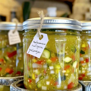 - 6 cups cucumbers, finely chopped - 2 cups bell peppers (a mix of red and green), finely chopped - 1 cup onions, finely chopped Cucumbers are the star of this relish. They give it a crisp bite. Use fresh, firm cucumbers for the best taste. Bell peppers add color and sweetness. I like to mix red and green for a vibrant look. Onions bring a nice sharpness that balances the flavors. - 3 cups granulated sugar - 2 cups apple cider vinegar - 1 tablespoon mustard seeds - 1 tablespoon celery seeds - 1 teaspoon ground turmeric - 2 teaspoons salt - 1 teaspoon ground black pepper The sugar is what makes this relish sweet. It blends well with the tangy apple cider vinegar. Mustard seeds and celery seeds add depth. Ground turmeric gives it a beautiful color. Salt and pepper enhance all the flavors in the mix. - 1/4 teaspoon red pepper flakes (optional, for a hint of spice) - Salt and pepper If you want some heat, add red pepper flakes. This will give your relish a little kick. Adjust salt and pepper to your taste. Always remember, you can customize this recipe to fit your preferences. For the full recipe, check the Sweet and Tangy Cucumber Relish section. Enjoy making this delightful condiment! Soaking and Draining Process Start with 6 cups of finely chopped cucumbers. Rinse them under cold water to freshen them up. Place them in a large mixing bowl. Sprinkle the cucumbers with 2 teaspoons of salt. Pour in enough water to cover them completely. Let them soak for about 2 hours. This helps reduce moisture and keeps them crunchy. Importance of Rinsing and Draining After soaking, drain the cucumbers in a colander. Rinse them under cold running water. This step removes excess salt, ensuring your relish is not too salty. Allow the cucumbers to drain well before you mix them with other ingredients. Mixing Vegetables in a Pot In a large pot, mix the drained cucumbers with 2 cups of finely chopped bell peppers and 1 cup of finely chopped onions. Stir gently to combine the veggies evenly. This mix will form the base of your relish. Preparing the Vinegar Mixture In a separate saucepan, pour in 2 cups of apple cider vinegar. Add 3 cups of granulated sugar, 1 tablespoon of mustard seeds, 1 tablespoon of celery seeds, 1 teaspoon of ground turmeric, 2 teaspoons of salt, and 1 teaspoon of ground black pepper. If you want a hint of spice, add 1/4 teaspoon of red pepper flakes. Heat this mixture on medium-high. Stir often until the sugar dissolves completely. Simmering Instructions Once the vinegar mixture boils, pour it over the cucumber and vegetable mix in the large pot. Stir well to coat all ingredients. Turn the heat up to medium. Bring everything to a rolling boil. Then, reduce the heat to a gentle simmer. Cook for 10 to 15 minutes, stirring occasionally. This helps all the flavors meld together. Sterilizing Jars While your relish simmers, get your canning jars ready. Submerge them in boiling water for about 10 minutes. This step kills any bacteria, making the jars safe for your relish. Ladling and Sealing Jars After simmering, carefully ladle the hot relish into the warm jars. Leave about 1/2 inch of space at the top. Clean the jar rims with a cloth to remove any residue. Place a sterilized lid on each jar and secure it with a band. Tighten just until snug, but don't over-tighten. It can stop the jar from sealing properly. Processing the Jars To seal the jars, process them in a boiling water bath for 10 minutes. This creates a vacuum seal to keep your relish fresh. Cool and Store After processing, take the jars out of the water and let them cool on a clean towel. You will hear a satisfying “pop” sound as they seal. This sound means your hard work paid off! - Over-soaking Cucumbers: Don’t soak cucumbers for too long. Two hours is enough. If you soak them longer, they may lose their crunch. - Incorrect Jar Sealing: Ensure lids are snug but not too tight. Over-tightening can prevent a proper seal. A good seal is key for safe canning. - Allowing Relish to Chill Before Serving: Chill the relish in the fridge. Chilling helps the flavors blend better, making each bite even tastier. - How Long to Simmer: Simmer your relish for 10 to 15 minutes. This time allows the flavors to meld without losing the crunch of the cucumbers. - Necessary Canning Equipment: Use proper canning tools. You need sterilized jars, lids, and a boiling water bath for safe processing. - Checking Seals After Processing: Once cooled, press the center of each lid. If it doesn’t pop back, it’s sealed. If it does pop, refrigerate and use right away. These tips can help you make a perfect batch of sweet cucumber relish. Enjoy your canning journey! For the complete process, check the Full Recipe. {{image_4}} You can easily make a sweet and spicy version of cucumber relish. To adjust the flavor, play with sugar and spice levels. If you want more heat, add more red pepper flakes. If you prefer it milder, reduce them. You could also add jalapeños for an extra kick. You can customize your relish by using different vinegars. Try white vinegar for a sharper taste or rice vinegar for a milder flavor. Mixing in other vegetables can also add depth. Carrots, zucchini, or even radishes can give your relish a unique twist. Just remember to chop them finely, so they blend well. For those looking to lower sugar, you can decrease the sugar amount without losing taste. You might also use a sugar substitute like stevia. For gluten-free diets, this recipe is safe as it contains no gluten ingredients. Always check your specific brands to ensure they are gluten-free. To keep your sweet cucumber relish fresh, store it in a cool, dark place. - Ideal Temperature Conditions: Aim for a temperature between 50°F and 70°F. This range helps maintain flavor and quality. - Avoiding Light Exposure: Light can change the taste and color. Keep jars in a dark cupboard or pantry. Understanding the shelf life of your relish is key to enjoying it fully. - Understanding How Long it Lasts: When stored well, your relish can last up to one year. - Signs of Spoilage to Look For: Check for any off smells, bubbles, or mold. If you see any, it's best to discard the jar. Both methods have their perks, but they serve different needs. - Pros and Cons of Each Method: Canning offers long-term storage and retains flavor well. Freezing is quicker but may change texture. Choose what fits your cooking style best! For the complete recipe, see the Full Recipe section. Sweet cucumber relish shines as a condiment. It pairs well with burgers, hot dogs, and grilled meats. You can also mix it into salads or use it as a dip with chips. Try it on sandwiches for a tasty crunch. The sweet and tangy flavor adds a delightful twist to many dishes. Yes, you can easily adjust the sweetness. If you prefer less sugar, reduce the amount of granulated sugar in the recipe. Alternatively, you can add more sugar if you like it sweeter. Taste the mixture before canning to find your perfect balance. This way, you can customize the flavor to suit your liking. To check if your jars sealed, press the center of each lid. If it pops back, it hasn't sealed. If it stays down, the jar sealed well. After processing, let the jars cool. Listen for the popping sound, which means they sealed correctly. Store sealed jars in a cool, dark place. For the best flavor, wait at least two weeks before eating your relish. This resting time allows the flavors to meld and deepen. However, it can be enjoyed sooner if you can't wait. Just remember, the longer it sits, the better it tastes! Absolutely! This recipe is perfect for beginners. The steps are clear and simple to follow. Just take your time with each part. Pay attention to the soaking, draining, and sealing steps. With a little care, you will create delicious relish. You can find more canning recipes in cookbooks, food blogs, and online forums. Websites like the USDA's page on canning offer reliable information. You can also join local canning groups for tips and ideas. Explore and discover new flavors to try! To wrap up, making sweet cucumber relish is fun and simple. Start with fresh cucumbers, bell peppers, and onions. Add sugar, vinegar, and spices for flavor. Follow easy steps, from soaking to canning. Remember tips to avoid mistakes and enhance taste. Feel free to experiment with flavors to make it your own. Store it right for the best taste later. Enjoy your homemade relish! It’s perfect for meals or gifts.