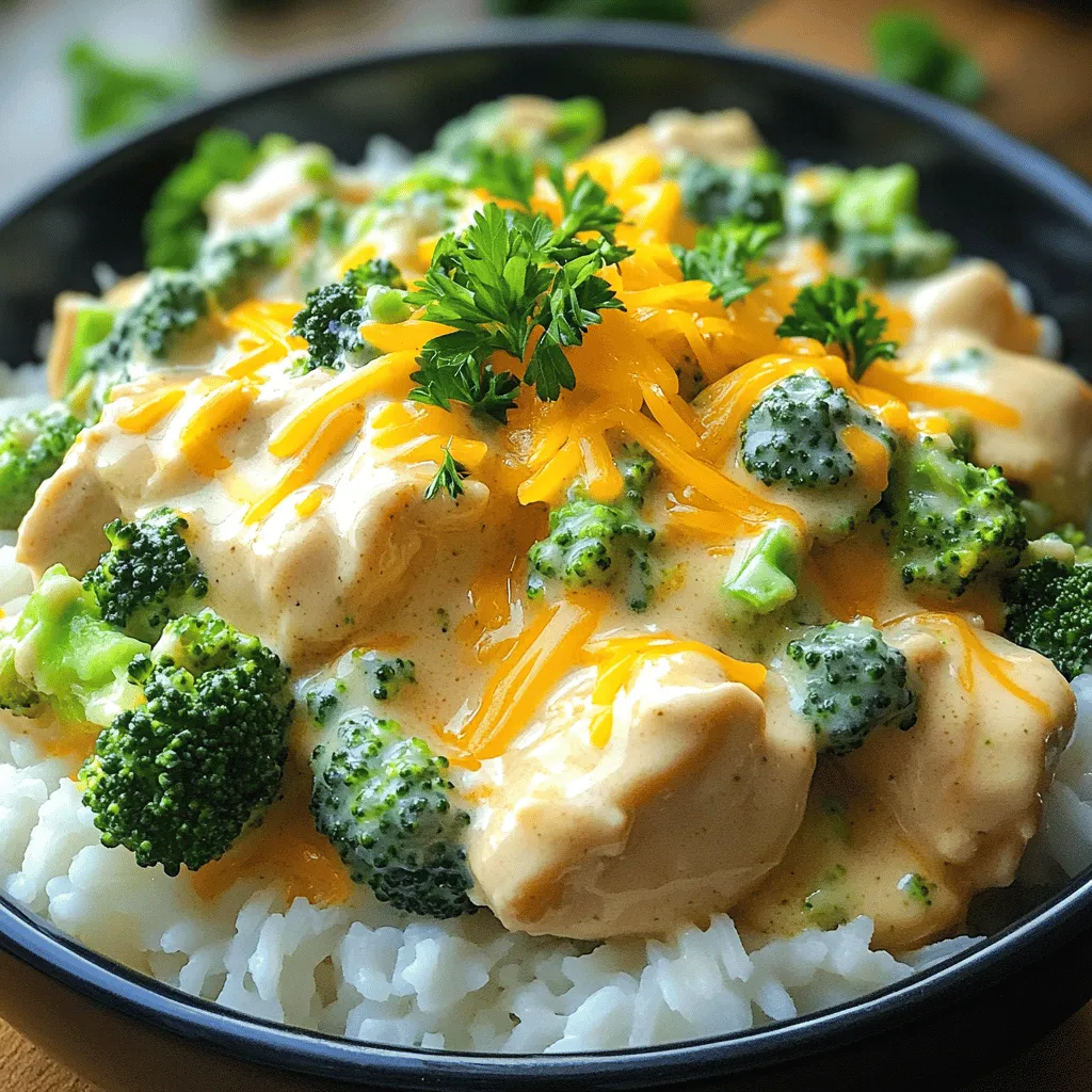 When making Crockpot Creamy Ranch Chicken, you need simple, tasty ingredients. Here is what you will need: - 4 boneless, skinless chicken breasts - 1 packet ranch seasoning mix - 1 cup cream cheese, softened to room temperature - 1 cup low-sodium chicken broth - 1 cup frozen broccoli florets - 1 cup sharp shredded cheddar cheese - 1 tablespoon garlic powder - Salt and freshly ground black pepper, to taste - Cooked white rice or creamy mashed potatoes, for serving These ingredients blend together to create a creamy, flavorful dish. The chicken stays moist and tender. The ranch mix gives it a zesty kick. Cream cheese adds richness, while broccoli adds color and nutrition. You can serve it over rice or mashed potatoes for a complete meal. This dish is easy to prepare, making it perfect for busy days. You can also check the full recipe to see the steps for making this delicious meal. Start by laying the chicken breasts evenly at the bottom of your crockpot. Make sure the chicken does not overlap. This helps it cook evenly. Next, sprinkle the ranch seasoning mix generously over the chicken. Coat each piece well. This adds great flavor to your dish. In a medium bowl, combine cream cheese, chicken broth, garlic powder, and a pinch of salt and pepper. Mix them well until the mixture is smooth. You want no lumps. A smooth mixture will blend nicely with the chicken. Carefully pour the creamy mixture over the chicken in the crockpot. Make sure each piece is covered. Next, add the frozen broccoli florets on top of the cream. Don’t mix them in yet; they will cook nicely on top. Cover the crockpot with its lid. Set it to cook on low heat for 6-8 hours or high heat for about 4 hours. The chicken should be fully cooked and tender enough to shred. For the full recipe, refer to the earlier section. For the best results, I recommend cooking your Crockpot Creamy Ranch Chicken on low for 6 to 8 hours. If you’re short on time, you can set it to high for about 4 hours. Signs of doneness for chicken: - The chicken should be tender and easily shredded with a fork. - Use a meat thermometer to check the internal temperature. It should reach 165°F (75°C). This dish pairs wonderfully with fluffy white rice or creamy mashed potatoes. The ranch flavor blends well with both sides. Presentation tips: - Serve the chicken over rice or potatoes for a nice look. - Add a sprinkle of freshly chopped parsley to brighten the dish. To make it even tastier, consider adding extra seasonings. A pinch of paprika or a dash of cayenne gives a nice kick. Fresh herbs like thyme or parsley can elevate the flavor profile. Optional garnishes: - Top with crumbled bacon for crunch. - Sprinkle some extra cheese before serving for a rich finish. {{image_4}} You can easily swap ingredients in this dish. If you need an alternative to cream cheese, try sour cream or Greek yogurt. They both add creaminess and tang. For chicken broth, vegetable broth works great too. It gives the dish a nice flavor without meat. Want to add more veggies? You can toss in carrots, bell peppers, or even spinach. Just chop them into bite-sized pieces. They will cook well and add color to your meal. For those who need a gluten-free version, check your ranch seasoning mix. Some brands have gluten. Use a gluten-free mix instead. This keeps the dish safe for anyone who is sensitive. If you want a vegetarian option, replace chicken with firm tofu or chickpeas. Cook them the same way as chicken. The cream sauce will make them taste delicious and rich. If you want to cook this dish faster, use an Instant Pot. Set it to the “poultry” setting for about 15-20 minutes. This way, you can enjoy the creamy ranch chicken in less time. You can also make this dish on the stovetop. Brown the chicken in a pan first. Then add the cream mixture and veggies. Let it simmer until the chicken is fully cooked. This method gives you a quicker meal without losing any flavor. For the full recipe, check out the details I shared earlier. To store leftovers safely, place them in an airtight container. This helps keep the food fresh. You can store it in the fridge for up to three days. Always check for any signs of spoilage before eating. For best practices, let the dish cool completely before freezing. Use a freezer-safe container or a heavy-duty freezer bag. Squeeze out as much air as possible. You can freeze it for up to three months. To thaw, place it in the fridge overnight for the best texture. For reheating, the microwave works well. Heat in short bursts to avoid overcooking. You can also use the stovetop on low heat. Stir occasionally to keep it even. The oven can be used too; just cover the dish with foil to maintain moisture. This way, you keep all the great flavors and texture intact. Enjoy your meal! For the full recipe, check out the detailed instructions above. It takes about 6 to 8 hours on low heat. If you choose high heat, it will only take about 4 hours. The chicken should be tender and easy to shred when done. Yes, you can add many veggies! Carrots, bell peppers, or green beans work great. Just chop them into small pieces and add them with the broccoli. This will give your dish more color and nutrients. This dish pairs well with white rice or creamy mashed potatoes. You can also serve it with a side salad or steamed veggies for a healthy balance. Try to keep your plate colorful! Absolutely! You can make this dish ahead of time. Just store leftovers in an airtight container. It will stay fresh in the fridge for up to 3 days. You can also freeze it for up to 3 months. If you don’t have a crockpot, you can use an oven or stovetop. For the oven, bake at 350°F in a covered dish for about 1.5 hours. For stovetop, cook on low heat in a pot for about 1.5 to 2 hours. Make sure to stir occasionally! For the full recipe, check out the detailed instructions above. This recipe for Crockpot Creamy Ranch Chicken is easy and delicious. You learned how to prepare the chicken, make a creamy mixture, and cook it all together. We also shared tips for serving, storing, and variations you can try. I encourage you to experiment with different veggies and cooking methods. Whether you use a crockpot or a stovetop, you'll have a tasty meal. Enjoy this comforting dish with family and friends, and make it your own!