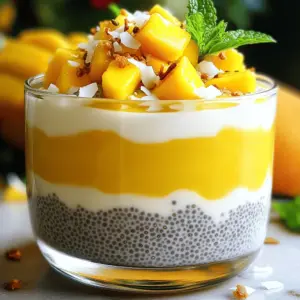 - 1 cup full-fat coconut milk - 1/2 cup unsweetened almond milk - 1/4 cup chia seeds - 2 tablespoons maple syrup (or honey) - 1 ripe mango, diced into small cubes - 1 teaspoon vanilla extract - A pinch of sea salt - Toasted coconut flakes for an added crunch - Fresh mint leaves for garnish and freshness To make Mango Coconut Chia Pudding, you need simple ingredients. First, start with coconut milk and almond milk. These milks create a rich and smooth base. I prefer full-fat coconut milk for creaminess. Almond milk adds a nice nutty flavor. Next, chia seeds are key. They expand and thicken the pudding. You will also want a sweetener like maple syrup. Honey works too if you prefer that taste. These sweet flavors balance the pudding's richness. For the added burst of flavor, use a ripe mango. It brings a fresh sweetness that pairs perfectly. Vanilla extract adds warmth and depth. A pinch of sea salt enhances the flavors. Don't forget the toasted coconut flakes! They give a nice crunch. Finally, fresh mint leaves are perfect for a colorful touch. They also add a hint of freshness that lifts each bite. In a medium mixing bowl, pour in 1 cup of full-fat coconut milk and 1/2 cup of unsweetened almond milk. This blend gives the pudding its creamy texture. Next, add 1 teaspoon of vanilla extract for a lovely flavor boost. Use a whisk to mix everything until smooth and well combined. Now, it’s time to add the chia seeds! Pour in 1/4 cup of chia seeds, along with 2 tablespoons of maple syrup or honey for sweetness. Don’t forget a pinch of sea salt to enhance the flavors. Stir the mixture thoroughly. You want the chia seeds to spread evenly throughout the pudding. Once mixed, cover the bowl tightly with plastic wrap or a lid. This step keeps the mixture fresh. Place it in the refrigerator for at least 4 hours, or overnight if you can wait. This chilling time is key, as it allows the chia seeds to absorb the liquid and thicken the pudding. After chilling, take the bowl out of the fridge. Give the pudding a good stir to break up any clumps. It should look creamy and thick. Now, spoon the chia pudding into individual bowls or glasses. Top each serving with diced mango, adding a sweet and fruity touch. A generous sprinkle of toasted coconut flakes adds a nice crunch. Finish with fresh mint leaves for color and a refreshing aroma. Enjoy your tasty treat! To get the right pudding texture, chilling time is key. You need to let the mixture sit for at least four hours. This allows the chia seeds to soak up the liquid and expand. If you can, chill it overnight. The longer it sits, the creamier it gets. When mixing, use a fork or whisk to stir. This helps break up any clumps of chia seeds. Give it a good stir right before serving. This ensures a smooth and even consistency. Sweetness is personal. Start with two tablespoons of maple syrup or honey. Taste it after mixing. If you want it sweeter, add more. You can also use agave or stevia as alternatives. Just remember to adjust the amount since they can be sweeter than honey. Serving your pudding can be fun! Use clear bowls or glasses to show off the layers. Add diced mango on top for a pop of color. Sprinkle toasted coconut flakes for added crunch. For a fresh touch, add mint leaves as a garnish. They add a splash of green and a nice aroma. Enjoy making your dessert look as good as it tastes! {{image_4}} You can add cocoa or dark chocolate to the pudding for a rich twist. Just mix in 2 tablespoons of cocoa powder when you combine the liquids. This addition creates a chocolatey delight that pairs well with mango. You can also incorporate different fruits. Try berries, bananas, or even kiwi. These fruits bring their unique taste and color, making your pudding more fun. If you want vegan options, use maple syrup instead of honey for sweetness. Both sweeteners work well and keep it plant-based. For sugar-free options, consider using stevia or erythritol. They add sweetness without the sugar, making this pudding friendly for different diets. Get creative with nuts! You can use almonds, pecans, or walnuts. Chopping them and adding them gives a nice crunch. Adding layers of flavors is also fun. Try mixing in spices like cinnamon or nutmeg. This brings warmth and depth to your pudding, making each bite special. To keep your mango coconut chia pudding fresh, use airtight containers. Glass jars or plastic containers work well. Store the pudding in the fridge. It stays good for up to five days. After that, the texture may change. You can freeze the pudding if you want to keep it longer. Use a freezer-safe container. Make sure to leave space for the pudding to expand. When you want to eat it, take it out and thaw it in the fridge overnight. Note that freezing can change the texture. It may become a bit grainy, but it will still taste great. Mango Coconut Chia Pudding stays fresh in the fridge for about 5 days. Store it in an airtight container. This way, it stays tasty and safe to eat. After a few days, the flavor may change a bit. Yes, you can use other types of milk. Almond milk works well, just like coconut milk. You can also try oat milk or soy milk. Each milk gives a different taste, so feel free to experiment. Chia seeds are tiny powerhouses. They are high in fiber, which helps digestion. They also have omega-3 fatty acids, good for heart health. Plus, chia seeds are rich in protein, which helps keep you full longer. Absolutely! This pudding is great for meal prep. You can make it the night before and let it chill. It saves time in the morning and tastes even better after soaking overnight. Yes, you can skip sweeteners if you want. The ripe mango adds natural sweetness. If you prefer it sweeter, you can use fruit puree or mashed bananas instead. This keeps the pudding healthy and tasty. This blog post covered how to make Mango Coconut Chia Pudding. We discussed key ingredients, like coconut and almond milk, along with chia seeds and sweeteners. I shared step-by-step instructions, tips for the best texture, and fun variations. Remember, creativity can transform this dish. You can customize it to suit your taste and needs. Enjoy the process and treat yourself to a delicious, healthy dessert. Don't be afraid to experiment and make this recipe your own!