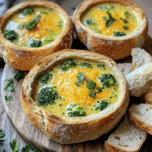 - 4 cups fresh broccoli florets - 4 large sourdough bread loaves - 2 cups sharp cheddar cheese, shredded - 4 tablespoons all-purpose flour - 4 cups vegetable broth - 2 cups whole milk - 1 teaspoon mustard powder - Fresh parsley, chopped - Salt and black pepper to taste When I make cheesy broccoli cheddar soup in bread bowls, I focus on fresh and tasty ingredients. First, I use fresh broccoli florets. They add bright color and crunch. Next, I choose sourdough bread loaves. These create sturdy bowls that hold the soup well. They also add a tangy flavor that pairs perfectly with the cheese. I always opt for sharp cheddar cheese. It melts beautifully and gives the soup a rich, creamy texture. In my pantry, I keep essential items handy. All-purpose flour helps thicken the soup. Vegetable broth forms the soup's base, adding depth. Whole milk brings creaminess that makes each bite comforting. For flavor, I use mustard powder. It gives a subtle zing. I also add salt and black pepper to enhance the taste. Fresh parsley is my go-to garnish. It adds a pop of color and freshness, making each bowl look inviting. These ingredients work together to create a delightful soup experience. They make the meal both hearty and satisfying. Each bite is a warm hug on a chilly day. 1. Start by melting 4 tablespoons of unsalted butter in a large pot over medium heat. 2. Once the butter is melted, add 1 medium onion, finely diced. Sauté for about 3-4 minutes. The onion should be soft and clear. 3. Next, add 3 cloves of minced garlic and 1 cup of diced carrots. Cook for 2 more minutes. The garlic will smell great! 4. Now, sprinkle 4 tablespoons of all-purpose flour over the veggies. Stir constantly for about 2 minutes. This makes a roux, which will help thicken your soup. 1. Gradually whisk in 4 cups of vegetable broth. Make sure there are no lumps from the roux. 2. Bring the pot to a gentle simmer. Reduce the heat to low and let it cook for 10 minutes. 3. Add 4 cups of fresh broccoli florets to the pot. Simmer for another 5-7 minutes. The broccoli should be tender and bright green. 4. Carefully pour in 2 cups of whole milk. Stir to mix everything well. 5. Add 1 teaspoon of mustard powder and season with salt and freshly ground black pepper to taste. 6. Slowly mix in 2 cups of sharp cheddar cheese, stirring continuously. You want it to melt smoothly into the soup. 1. While the soup simmers, preheat your oven to 375°F (190°C). 2. Take 4 large sourdough bread loaves. Cut off the tops and carefully hollow out the insides. This will make sturdy bowls for your soup. 3. Place the hollowed bread bowls on a baking sheet. Fill each with the cheesy broccoli soup. 4. Sprinkle extra cheddar cheese on top of each bowl. This adds an extra cheesy layer! 5. Bake the filled bowls in the oven for 10-12 minutes. Look for bubbly, golden cheese on top and slightly crusty edges. 6. After baking, take them out and garnish with chopped parsley. This adds a fresh touch. Serve hot and enjoy your delicious soup! To make your soup just right, focus on thickness. Start with a roux made from flour and butter. This mix thickens the soup well. Whisk it into your broth slowly. If the soup is too thin, let it simmer longer. If it's too thick, add a bit more broth or milk. For smooth cheese melting, use shredded cheese. It melts easier than blocks. Add cheese slowly while stirring. This keeps the soup creamy and avoids clumps. To boost flavor, consider adding spices. A pinch of nutmeg can add warmth. Try a dash of smoked paprika for a smoky taste. You can also stir in a splash of hot sauce for a kick. Fresh herbs brighten the dish. Chopped parsley adds color and freshness. You can use cilantro or chives too. Just sprinkle on top before serving. When serving in bread bowls, presentation matters. Place the bowls on a wooden board for a rustic look. Add extra bread pieces on the side for dipping. Pair your soup with side dishes like a simple salad or crusty bread. A light white wine or iced tea makes a good drink choice. Enjoy your meal and the cozy vibes! {{image_4}} You can change the taste of this soup by using different types of cheese. Try using gouda, Monterey Jack, or even a mix of cheeses. Each type brings a unique flavor. For a fun twist, add proteins like cooked chicken or bacon. If you want more veggies, consider adding peas or spinach for extra nutrition and color. For those who follow a vegan diet, you can use plant-based cheese and almond milk instead of whole milk. Use vegetable broth that is free from animal products. You can also skip the butter and use vegan margarine. If you need gluten-free options, look for gluten-free bread. Many stores offer gluten-free sourdough or other bread types. To spice things up, add chopped jalapeños or red pepper flakes. This will give your soup a nice kick! If you want a creamier soup, use heavy cream instead of whole milk. This will make the soup richer and more decadent. You can also try adding herbs like thyme or basil for a fresh taste. To keep your cheesy broccoli cheddar soup fresh, place it in an airtight container. Refrigerate it for up to three days. Make sure to let the soup cool before sealing it. For bread bowls, store them separately. Wrap each bowl in plastic wrap or foil to keep them fresh. This helps prevent them from getting soggy. When reheating your soup, use a saucepan over low heat. Stir often to avoid burning. You can also use the microwave. Heat it in short bursts, stirring in between. For the bread bowls, bake them at 375°F for about 5-7 minutes. This will help restore their crustiness and warmth. If you want to freeze the soup, let it cool completely. Pour it into freezer-safe containers. Leave some space at the top for expansion. It can last up to three months in the freezer. When you're ready to eat it, thaw it in the fridge overnight. Reheat it gently on the stove, stirring well before serving. Making Cheesy Broccoli Cheddar Soup in Bread Bowls takes about 50 minutes. This includes 15 minutes for prep and 35 minutes for cooking. You will enjoy a rich, creamy soup that fills the bread, making a great meal. Yes, you can make the soup ahead of time. Make the soup and cool it. Store it in the fridge for up to three days. When ready to serve, just reheat it on the stove until hot. This makes it easy for busy days. You can enjoy this soup with a few sides. Try a crisp garden salad or some crunchy garlic bread. For drinks, pair it with a light white wine or a refreshing lemon soda. These options will balance the rich soup. In this article, we explored making Cheesy Broccoli Cheddar Soup in bread bowls. We covered fresh ingredients, easy steps, and helpful tips to boost flavor. You learned about possible variations and how to store leftovers for later enjoyment. Enjoy this fun recipe for cozy meals. It’s simple, flavorful, and perfect for sharing. Try making it your way, and don’t forget to have fun while cooking!