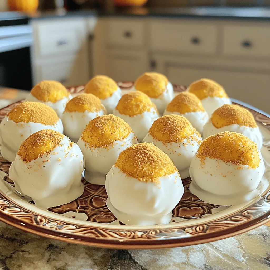 - 8 oz cream cheese, softened to room temperature - 1 cup pumpkin puree (canned or fresh) - 1 cup powdered sugar, sifted - 1 teaspoon pure vanilla extract - 1 teaspoon pumpkin pie spice blend - 1/2 cup crushed graham crackers, plus more for coating - 1 cup white chocolate chips, finely chopped - 1 tablespoon coconut oil (optional, for smoother chocolate) I love these pumpkin cheesecake truffles because they blend rich cream cheese and warm pumpkin flavors. The cream cheese adds a soft texture, while pumpkin puree brings in that cozy fall taste. Powdered sugar gives just the right sweetness without being too much. Next, I add vanilla extract for a nice hint of flavor. The pumpkin pie spice blend adds warmth with cinnamon, nutmeg, and ginger. It makes the truffles feel like a hug in a bite! Crushed graham crackers add a crunchy texture and make these truffles feel like a mini cheesecake. For the chocolate coating, I use white chocolate chips. They melt down easily and coat the truffles nicely. If you want a smoother finish, add coconut oil when melting the chocolate. It makes a big difference! These ingredients come together to create a tasty treat everyone will love. Enjoy making your pumpkin cheesecake truffles! Start by mixing the cream cheese and pumpkin puree. Use an electric mixer on medium speed. Beat them together for about two to three minutes. You want the mixture to be smooth and creamy. Next, add the sifted powdered sugar. Then, pour in the vanilla extract and pumpkin pie spice. Mix on low speed until everything blends well. Make sure there are no lumps. Finally, gently fold in the crushed graham crackers with a spatula. This adds a nice texture. After mixing, cover the bowl with plastic wrap. Place it in the fridge for about 30 minutes. This helps the mixture firm up. Check the texture after chilling. It should hold its shape when you roll it. Once ready, scoop out a tablespoon of the mixture. Roll each scoop into a smooth ball, about one inch wide. Arrange the truffles on a baking sheet lined with parchment paper. Now, let’s melt the chocolate. In a microwave-safe bowl, combine the white chocolate chips and coconut oil if you want a smoother coat. Heat in the microwave for 30 seconds at a time. Stir well between each round. Once melted, it should be smooth. Carefully dip each truffle into the chocolate. Let any excess drip off. Then, roll the truffles in extra crushed graham crackers. This gives them a crunchy outer layer. Place the coated truffles back on the baking sheet. Refrigerate them for 15 minutes to let the chocolate set. Enjoy your tasty pumpkin cheesecake truffles! To make a smoother chocolate coating, add a little coconut oil to the white chocolate. This helps create a glossy finish. Heat it gently in the microwave, stirring often. This will make dipping easier and more fun. For the filling, ensure your cream cheese is softened to room temperature. This helps it blend smoothly with the pumpkin puree. Mix thoroughly until you have a creamy texture. If the filling is too thick, let it chill longer. This makes rolling into balls much easier. When serving, arrange the truffles on a pretty platter. Use mini cupcake liners for a nice touch. Dust the top with a little pumpkin pie spice for charm. This adds color and a hint of flavor, making them look festive. You can also try placing them in small jars with lids for a unique gift idea. This way, your friends can enjoy these treats later. To store your truffles effectively, place them in an airtight container. Keep them in the fridge to maintain freshness. They can last up to a week when stored this way. If you want to keep them longer, you can freeze them. Just place them in a single layer on a baking sheet first. Once frozen, transfer them to a freezer-safe bag. They can last for up to three months. Always thaw in the fridge before serving for the best taste. {{image_4}} You can make pumpkin cheesecake truffles even more exciting. Adding spices or extracts can change the flavor. For example, try cinnamon or nutmeg for a warm taste. You could also use maple extract for a sweet twist. Incorporating nuts or other mix-ins adds crunch and flavor. Chopped pecans or walnuts work great here. Just fold them into the pumpkin mix before chilling. This gives each bite a nice surprise. The chocolate coating is key to the truffles' taste. You can switch from white chocolate to dark or milk chocolate. Each type gives a unique flavor. Melt them just like the white chocolate for a smooth finish. Rolling the truffles in different toppings can add a fun twist. Try crushed nuts, sprinkles, or even coconut. Each option gives a new look and texture. Just make sure to apply them right after coating in chocolate. You can create holiday-themed variations for special occasions. For Halloween, use orange and black sprinkles. For Christmas, add red and green toppings. This makes the truffles festive and fun. Adapting for other festive occasions can keep them fresh. You might add peppermint for winter holidays. Seasonal flavors keep everyone excited and enjoying every bite. You can find pumpkin cheesecake truffles at local bakeries. Many bakeries offer seasonal treats. Look for ones known for quality desserts. Ask for recommendations from friends or family. Check out specialty stores that focus on artisanal sweets. They often carry unique flavors and handmade options. Seasonal items like these truffles may sell fast, so visit early. If you prefer shopping online, many brands sell pre-made truffles. Websites like Etsy feature small businesses that craft delicious truffles. Major retailers also offer gourmet options. You can find pumpkin cheesecake truffles with just a few clicks. Delivery services can ship them right to your door. Always read reviews to ensure quality before purchasing. When buying truffles, look for quality ingredients. Check for real cream cheese and pumpkin puree. Avoid truffles with artificial flavors or preservatives. Notice the texture; good truffles should feel smooth and creamy. If possible, try to recognize homemade truffles. They often have a more unique taste and texture than store-bought ones. To keep your pumpkin cheesecake truffles fresh, store them in the fridge. Use an airtight container to prevent drying. If you want to keep them longer, you can freeze them. Place truffles in a freezer-safe container, separating layers with parchment paper. They can last up to three months in the freezer. Yes, you can easily prepare these truffles ahead of time. Make the filling and chill it as directed in the recipe. Shape the truffles and coat them in chocolate. Then, you can store them in the fridge until you're ready to serve. This makes them great for parties or gatherings. When stored properly in the fridge, pumpkin cheesecake truffles last about one week. For the best taste, enjoy them within the first few days. If frozen, they can last up to three months. Just remember to let them thaw in the fridge before serving for the best texture. Pumpkin cheesecake truffles are a fun, tasty treat. We covered the main ingredients, like cream cheese and pumpkin puree, to make the filling. You learned how to chill, shape, and coat them in chocolate. I shared tips for perfecting your truffles and fun variations to try. These truffles make a great dessert for any occasion. Enjoy making and sharing them with family and friends!