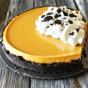 - 24 Oreo cookies - 1/4 cup unsalted butter - 8 oz cream cheese - 1 cup pumpkin puree - 1 cup powdered sugar - 1 teaspoon vanilla extract - 1 teaspoon pumpkin pie spice - 1 cup heavy whipping cream - Extra crushed Oreos for garnish - Medium mixing bowl - 9-inch springform pan - Electric mixer - Spatula - Separate mixing bowl for whipped cream To make this No-Bake Oreo Pumpkin Cheesecake, you will first need your main ingredients. Start with 24 Oreo cookies for the crust. You also need 1/4 cup of melted unsalted butter to hold the crust together. For the filling, grab 8 ounces of softened cream cheese. Don’t forget 1 cup of pumpkin puree for that lovely fall flavor. You’ll also need 1 cup of powdered sugar to add sweetness and 1 teaspoon each of vanilla extract and pumpkin pie spice for a delicious aroma. Finally, use 1 cup of heavy whipping cream to make it light and fluffy. If you want a crunchy touch, have some extra crushed Oreos for garnish. Now, for the tools. A medium mixing bowl is key for mixing your crust. You will need a 9-inch springform pan to shape your cheesecake. An electric mixer helps whip the cream cheese and the heavy cream quickly. A spatula is perfect for folding and smoothing. Lastly, have a separate mixing bowl handy for the whipped cream. Each tool and ingredient plays a role in creating this easy and tasty treat. - Combine 24 crushed Oreo cookies and 1/4 cup melted butter in a bowl. - Stir well until the crumbs are all coated in butter. - Press this mixture into the bottom of a 9-inch springform pan. - Make sure it is compact and even for a solid base. - Place the pan in the refrigerator to chill while you make the filling. - In a large bowl, beat 8 oz of softened cream cheese until smooth. - Gradually mix in 1 cup of pumpkin puree, 1 cup of powdered sugar, 1 teaspoon of vanilla extract, and 1 teaspoon of pumpkin pie spice. - Blend until the mixture is silky and well combined. - In a separate bowl, whip 1 cup of heavy cream until stiff peaks form. - Be careful not to overwhip; keep it light and fluffy. - Gently fold the whipped cream into the pumpkin mixture using a spatula. - Make sure to combine until no streaks remain for a light filling. - Pour the filling over the chilled Oreo crust and smooth it out. - Cover the cheesecake with plastic wrap and refrigerate for at least 4 hours. - For the best results, let it chill overnight to set properly. To get the best texture for your cheesecake, follow these steps: - Make sure the cream cheese is soft. Leave it out for a while. - Avoid overwhipping the heavy cream. Whip until you see stiff peaks, then stop. Getting these steps right will make your cheesecake creamy and smooth, not lumpy. I always let my cream cheese warm up. It blends better that way. Overwhipped cream can turn grainy. You want that light, fluffy feel. How you serve the cheesecake matters. Here are some fun ideas: - Use extra whipped cream and crushed Oreos on top for a great look. - Serve each slice on its own dessert plate. It adds charm to your table. A little creativity goes a long way. The extra toppings not only look nice but also add flavor. Individual plates make it feel special for your guests. You can change things up for any event. Here are two easy tips: - Try different brands of Oreos for new flavors. Think mint or peanut butter! - Adjust the amount of powdered sugar to change how sweet your cheesecake is. These small tweaks can make a big difference. It’s easy to switch flavors based on the season or mood. Just remember to keep the balance right so the cheesecake stays tasty! {{image_4}} You can easily switch things up with this recipe. Try swapping pumpkin puree for sweet potato or butternut squash. This change gives a new twist to the flavor. You can also add chocolate chips or a drizzle of caramel for extra richness. Both options enhance the taste and make this cheesecake even more fun. If you're looking for lighter options, consider using low-fat cream cheese or Greek yogurt. These swaps reduce calories while keeping the creaminess. You can also replace Oreos with a gluten-free cookie option. This makes the cheesecake suitable for everyone at your table. To embrace the season, add warm spices like nutmeg or cinnamon. These spices bring out the cozy fall flavors everyone loves. You can also use colorful toppings for holidays. For Christmas, try red and green sprinkles or crushed candy canes for a festive look. After you enjoy your cheesecake, store leftovers in the fridge. Keep it covered to keep it fresh. You can keep it for up to 5 days. If you have more than that, freeze slices individually. This helps save each piece for later. If you freeze your cheesecake, you will need to thaw it. The best way is to place it in the fridge overnight. This keeps the texture nice. Avoid using the microwave. It can change how the cheesecake feels and tastes. When you are ready to serve the cheesecake, let it sit out for 10-15 minutes. This helps bring it back to the right texture. It makes each slice creamy and delicious. Enjoy your tasty treat! Yes, you can use reduced-fat cream cheese for a lighter option. This choice can help cut some calories without losing much flavor. It still blends well with the pumpkin and spices. You’ll keep the creamy texture that makes this dessert so good. The cheesecake should set for at least 4 hours, but preferably overnight. Chilling it well makes the texture firm and creamy. I often prepare it the night before. This way, I can enjoy it the next day without any rush. Yes, you can double the ingredients and use a larger pan for more servings. Just make sure to adjust your mixing bowl size too. A bigger batch can serve more friends and family. It’s perfect for parties or holiday dinners. This recipe blends rich Oreo crust with creamy pumpkin filling. You learned how to create a delightful cheesecake, plus tips for perfect consistency and beautiful presentation. You can even adapt it for any occasion or season with easy swaps. Store leftovers properly for later enjoyment. Remember, this treat can impress at any gathering! Enjoy making this cheesecake and savor each delicious bite.