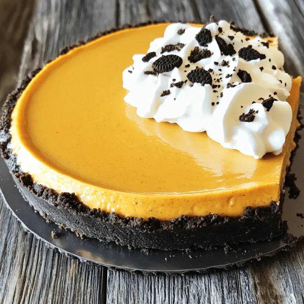 - 24 Oreo cookies - 1/4 cup unsalted butter - 8 oz cream cheese - 1 cup pumpkin puree - 1 cup powdered sugar - 1 teaspoon vanilla extract - 1 teaspoon pumpkin pie spice - 1 cup heavy whipping cream - Extra crushed Oreos for garnish - Medium mixing bowl - 9-inch springform pan - Electric mixer - Spatula - Separate mixing bowl for whipped cream To make this No-Bake Oreo Pumpkin Cheesecake, you will first need your main ingredients. Start with 24 Oreo cookies for the crust. You also need 1/4 cup of melted unsalted butter to hold the crust together. For the filling, grab 8 ounces of softened cream cheese. Don’t forget 1 cup of pumpkin puree for that lovely fall flavor. You’ll also need 1 cup of powdered sugar to add sweetness and 1 teaspoon each of vanilla extract and pumpkin pie spice for a delicious aroma. Finally, use 1 cup of heavy whipping cream to make it light and fluffy. If you want a crunchy touch, have some extra crushed Oreos for garnish. Now, for the tools. A medium mixing bowl is key for mixing your crust. You will need a 9-inch springform pan to shape your cheesecake. An electric mixer helps whip the cream cheese and the heavy cream quickly. A spatula is perfect for folding and smoothing. Lastly, have a separate mixing bowl handy for the whipped cream. Each tool and ingredient plays a role in creating this easy and tasty treat. - Combine 24 crushed Oreo cookies and 1/4 cup melted butter in a bowl. - Stir well until the crumbs are all coated in butter. - Press this mixture into the bottom of a 9-inch springform pan. - Make sure it is compact and even for a solid base. - Place the pan in the refrigerator to chill while you make the filling. - In a large bowl, beat 8 oz of softened cream cheese until smooth. - Gradually mix in 1 cup of pumpkin puree, 1 cup of powdered sugar, 1 teaspoon of vanilla extract, and 1 teaspoon of pumpkin pie spice. - Blend until the mixture is silky and well combined. - In a separate bowl, whip 1 cup of heavy cream until stiff peaks form. - Be careful not to overwhip; keep it light and fluffy. - Gently fold the whipped cream into the pumpkin mixture using a spatula. - Make sure to combine until no streaks remain for a light filling. - Pour the filling over the chilled Oreo crust and smooth it out. - Cover the cheesecake with plastic wrap and refrigerate for at least 4 hours. - For the best results, let it chill overnight to set properly. To get the best texture for your cheesecake, follow these steps: - Make sure the cream cheese is soft. Leave it out for a while. - Avoid overwhipping the heavy cream. Whip until you see stiff peaks, then stop. Getting these steps right will make your cheesecake creamy and smooth, not lumpy. I always let my cream cheese warm up. It blends better that way. Overwhipped cream can turn grainy. You want that light, fluffy feel. How you serve the cheesecake matters. Here are some fun ideas: - Use extra whipped cream and crushed Oreos on top for a great look. - Serve each slice on its own dessert plate. It adds charm to your table. A little creativity goes a long way. The extra toppings not only look nice but also add flavor. Individual plates make it feel special for your guests. You can change things up for any event. Here are two easy tips: - Try different brands of Oreos for new flavors. Think mint or peanut butter! - Adjust the amount of powdered sugar to change how sweet your cheesecake is. These small tweaks can make a big difference. It’s easy to switch flavors based on the season or mood. Just remember to keep the balance right so the cheesecake stays tasty! {{image_4}} You can easily switch things up with this recipe. Try swapping pumpkin puree for sweet potato or butternut squash. This change gives a new twist to the flavor. You can also add chocolate chips or a drizzle of caramel for extra richness. Both options enhance the taste and make this cheesecake even more fun. If you're looking for lighter options, consider using low-fat cream cheese or Greek yogurt. These swaps reduce calories while keeping the creaminess. You can also replace Oreos with a gluten-free cookie option. This makes the cheesecake suitable for everyone at your table. To embrace the season, add warm spices like nutmeg or cinnamon. These spices bring out the cozy fall flavors everyone loves. You can also use colorful toppings for holidays. For Christmas, try red and green sprinkles or crushed candy canes for a festive look. After you enjoy your cheesecake, store leftovers in the fridge. Keep it covered to keep it fresh. You can keep it for up to 5 days. If you have more than that, freeze slices individually. This helps save each piece for later. If you freeze your cheesecake, you will need to thaw it. The best way is to place it in the fridge overnight. This keeps the texture nice. Avoid using the microwave. It can change how the cheesecake feels and tastes. When you are ready to serve the cheesecake, let it sit out for 10-15 minutes. This helps bring it back to the right texture. It makes each slice creamy and delicious. Enjoy your tasty treat! Yes, you can use reduced-fat cream cheese for a lighter option. This choice can help cut some calories without losing much flavor. It still blends well with the pumpkin and spices. You’ll keep the creamy texture that makes this dessert so good. The cheesecake should set for at least 4 hours, but preferably overnight. Chilling it well makes the texture firm and creamy. I often prepare it the night before. This way, I can enjoy it the next day without any rush. Yes, you can double the ingredients and use a larger pan for more servings. Just make sure to adjust your mixing bowl size too. A bigger batch can serve more friends and family. It’s perfect for parties or holiday dinners. This recipe blends rich Oreo crust with creamy pumpkin filling. You learned how to create a delightful cheesecake, plus tips for perfect consistency and beautiful presentation. You can even adapt it for any occasion or season with easy swaps. Store leftovers properly for later enjoyment. Remember, this treat can impress at any gathering! Enjoy making this cheesecake and savor each delicious bite.