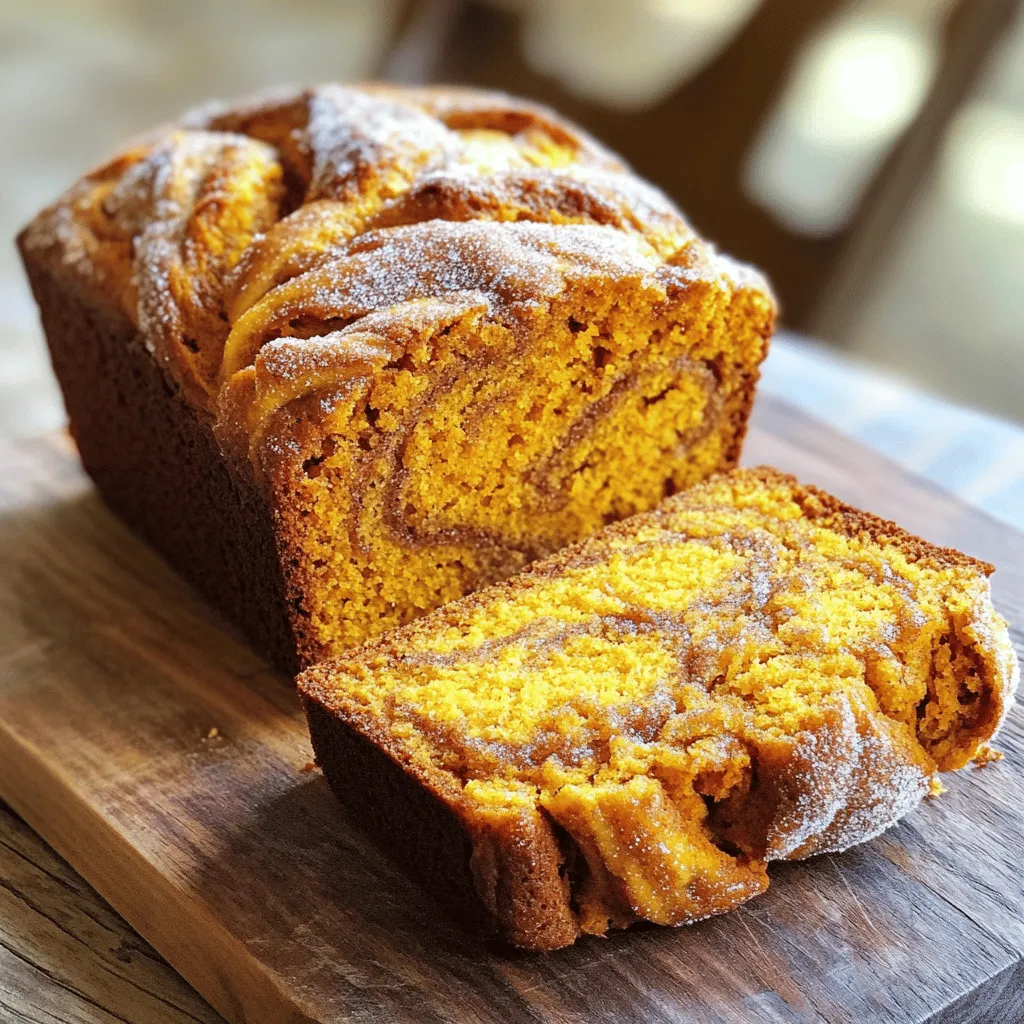 - 1 ¾ cups all-purpose flour - 1 teaspoon baking soda - ½ teaspoon baking powder - ½ teaspoon salt - 1 teaspoon ground cinnamon - ½ teaspoon ground nutmeg - ½ teaspoon ground ginger - ½ cup unsalted butter, softened - 1 cup granulated sugar - 2 large eggs - 1 cup canned pumpkin puree - ½ cup buttermilk - 1 teaspoon vanilla extract - ½ cup packed brown sugar - 1 tablespoon ground cinnamon Gathering the right ingredients is key to making the best cinnamon sugar swirl pumpkin bread. Start with dry ingredients. You will need flour, baking soda, baking powder, salt, and spices. Each spice adds a unique touch. Ground cinnamon brings warmth, nutmeg adds sweetness, and ginger gives it a kick. Next, focus on wet ingredients. The butter should be soft to mix easily. Sugar adds sweetness and helps with texture. Eggs provide moisture and lift. Pumpkin puree is the star, giving flavor and color. Buttermilk adds tang and keeps the bread moist. Don’t forget the vanilla extract, which enhances all the flavors. Finally, the cinnamon sugar swirl mixture is what makes this bread special. Brown sugar adds depth, while ground cinnamon gives that sweet, warm taste. The swirl adds a beautiful look and a burst of flavor in each slice. With all these ingredients ready, you can create a loaf that smells and tastes amazing. Enjoy every step of the process! Preheat your oven to 350°F (175°C). This step is key for even baking. Grease a 9x5-inch loaf pan using butter or cooking spray. You can also line it with parchment paper for easy removal later. In a medium bowl, combine 1 ¾ cups of all-purpose flour, 1 teaspoon of baking soda, ½ teaspoon of baking powder, ½ teaspoon of salt, 1 teaspoon of ground cinnamon, ½ teaspoon of ground nutmeg, and ½ teaspoon of ground ginger. Whisk these ingredients until they blend well. Set this dry mixture aside for later. In a large bowl, cream ½ cup of softened unsalted butter with 1 cup of granulated sugar using an electric mixer. Mix for about 2-3 minutes until it becomes light and fluffy. Add in 2 large eggs, one at a time. Mix well after each egg. Then, add 1 cup of canned pumpkin puree, ½ cup of buttermilk, and 1 teaspoon of vanilla extract. Stir until the mixture is smooth. Gradually add the dry ingredient mixture to the wet mixture. Use a spatula or wooden spoon to mix gently. Be careful not to overmix; this keeps the bread light and fluffy. In a small bowl, combine ½ cup of packed brown sugar with 1 tablespoon of ground cinnamon. This mixture will create the sweet swirl that makes the bread special. Pour half of the pumpkin bread batter into the greased loaf pan. Spread it evenly. Next, sprinkle half of the cinnamon sugar mixture over this layer. Pour the rest of the pumpkin batter on top, followed by the remaining cinnamon sugar. Use a knife to swirl the batter and cinnamon sugar together. This creates a lovely marbled effect. Now it’s time to bake this delightful loaf. Place it in the oven and bake for 60-70 minutes. To check if it’s done, insert a toothpick in the center. If it comes out clean, the bread is ready. After baking, cool it in the pan for 10-15 minutes, then transfer it to a wire rack to cool completely. Enjoy every slice! - Use room temperature ingredients. This helps them mix better. - Do not overmix the batter. This keeps your bread soft and light. - Serve the bread warm. Add a pat of butter or cream cheese. - Sprinkle some cinnamon sugar on top. It adds a sweet crunch. - If your bread is dense or crumbly, check your mixing. You may have overmixed. - Make sure to measure your flour correctly. Too much flour can cause density. {{image_4}} You can make this bread gluten-free. Just swap the all-purpose flour with a gluten-free blend. Look for a mix that has xanthan gum. This helps the bread rise and stay soft. Follow the same steps, and enjoy a tasty gluten-free treat. Add chocolate chips or nuts to boost flavor. Use about ½ cup of semi-sweet chocolate chips for a rich taste. If you prefer nuts, try ½ cup of chopped walnuts or pecans. Fold them into the batter before pouring it into the pan. This adds nice texture and flavor. For a festive touch, add cranberries or maple syrup. Toss in about ½ cup of fresh or dried cranberries to brighten the bread. If you want a sweeter twist, replace some sugar with maple syrup. Use ½ cup of maple syrup instead of half the granulated sugar. These options make the bread perfect for fall gatherings. To keep your bread fresh, wrap it well. Use plastic wrap or aluminum foil. This traps moisture and prevents the bread from drying out. Store it at room temperature for up to three days. If you want it to last longer, place it in an airtight container. You can freeze this bread for later. Slice the bread for easy thawing. Wrap each slice in plastic wrap. Then, place the slices in a freezer bag. Squeeze out any air before sealing. This way, you can enjoy a slice anytime you want! To reheat, you have a few options. You can use the microwave for quick warming. Heat it for about 15-20 seconds per slice. If you prefer a crispy crust, try the oven. Preheat it to 350°F (175°C). Place the bread in for about 10 minutes. This keeps the flavor and texture just right! To make cinnamon sugar, mix ½ cup of packed brown sugar with 1 tablespoon of ground cinnamon. This blend gives your pumpkin bread a sweet and spicy swirl. Just combine these two ingredients in a small bowl. Stir well to ensure it’s evenly mixed. You can adjust the ratio if you want it sweeter or spicier. Yes, you can use fresh pumpkin! To make fresh pumpkin puree, start with a small pumpkin. Cook it by roasting or steaming until soft. Then, scoop out the flesh and blend it until smooth. Use about 1 cup of this puree in your bread. It will add a wonderful, fresh flavor to your loaf. Pumpkin bread lasts about 3 to 5 days at room temperature. Store it in an airtight container to keep it fresh. You can also refrigerate it to extend its shelf life. If you notice any signs of spoilage, like mold or an off smell, it’s best to toss it out. Yes! You can make this bread vegan by using applesauce instead of eggs. Swap out the buttermilk for almond milk mixed with lemon juice. For a dairy-free option, use coconut oil instead of butter. These swaps will help you enjoy this treat while meeting your dietary needs. Now you have a complete guide to making delicious pumpkin bread. We covered the key ingredients, mixing methods, and even tips to avoid common issues. Remember, good baking starts with quality ingredients and the right technique. Experiment with variations to make this recipe your own. Store or freeze any leftovers for later enjoyment. With these steps, you’ll create a warm, tasty treat that everyone will love. Enjoy your baking journey!