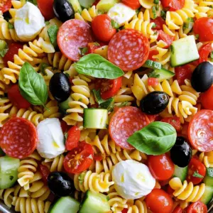 - 8 oz rotini or penne pasta - 1 cup cherry tomatoes, halved - 1 cup cucumber, diced - 1/2 red bell pepper, diced - 1/2 cup pepperoni slices - 1/2 cup mozzarella cheese, cubed - 1/4 cup black olives, sliced - 1/4 cup pepperoncini, sliced - Fresh basil leaves for garnishing - 1/3 cup Italian dressing - 1 tablespoon olive oil - Salt and pepper to taste Making this salad is all about fun and excitement. You can start with rotini or penne pasta. Both types work well and taste great. I prefer rotini for its twisty shape. It holds the dressing and flavors nicely. Next, fresh veggies add color and crunch. Cherry tomatoes are sweet and juicy. Cucumber gives a cool bite, while red bell pepper adds a sweet crunch. You can dice them into small pieces for easy eating. Now for the fun part—pepperoni! You can use mini or regular slices. They bring that classic pizza flavor. Don't forget the mozzarella cheese. Cubes of mozzarella make each bite creamy and delicious. If you want extra fun, add in black olives and pepperoncini. The olives bring a salty taste. Pepperoncini gives a little heat, but you can skip them if you prefer milder flavors. Finally, the dressing ties it all together. Italian dressing adds a zesty kick. Olive oil helps coat everything perfectly. Remember to sprinkle salt and pepper for extra flavor. For a lovely finish, fresh basil leaves make a great garnish. They add color and a nice aroma. If you want the exact measurements and detailed steps, check out the Full Recipe. It’s a quick and easy way to make this salad shine! To start, you need to cook the pasta. First, bring a large pot of salted water to a boil. Once boiling, add 8 oz of rotini or penne pasta. Cook the pasta until it's al dente, which means it's firm yet tender. This usually takes about 8-10 minutes, but check the package for exact times. After cooking, drain the pasta in a colander. Rinse it under cold water to cool it down quickly and stop the cooking process. While the pasta cooks, it's time to prep the veggies. Grab a large mixing bowl and chop the fresh ingredients. Add 1 cup of halved cherry tomatoes, 1 cup of diced cucumber, and 1/2 of a diced red bell pepper. Next, toss in 1/2 cup of mini or regular pepperoni slices, 1/2 cup of cubed mozzarella cheese, and 1/4 cup of sliced black olives. If you like a kick, add 1/4 cup of sliced pepperoncini. Mix all these colorful ingredients gently to combine. Now that your pasta is cool, it’s time to combine everything. Add the cooled pasta to the bowl with the veggies. Drizzle 1/3 cup of Italian dressing and 1 tablespoon of olive oil over the mixture. Toss everything together gently. Make sure every piece is well-coated in the dressing. Finally, taste the salad. Adjust the flavor with salt and pepper if needed. For a fresh finish, garnish with basil leaves before serving. Enjoy your Pasta Party Supreme Pizza Salad! If you want more details, see the Full Recipe. To make this salad fun, use colorful ingredients. You can pick pasta shapes like stars or hearts. Kids love bright colors, so add yellow bell peppers or purple carrots. Let your kids help mix the salad. They will feel proud when they see the result. You can adjust the seasoning to fit your tastes. If you like it spicy, add some crushed red pepper. For a zesty twist, try adding lemon juice. Extra toppings can boost flavor too. Consider adding grated Parmesan, fresh herbs, or even mini meatballs for extra yum! Serve your salad in clear glass bowls. This way, everyone can see the bright colors. To make it look fancy, sprinkle extra mozzarella and pepperoni on top. A few fresh basil leaves can add a nice touch too. {{image_4}} You can change the pasta shape. Try bowtie, fusilli, or spaghetti. Each type adds a fun twist. You can also use whole-grain pasta for more fiber. For protein, consider diced chicken or turkey. Fresh veggies work too. You might like diced carrots or broccoli. These add color and crunch. Get creative with the dressing! You can make your own. Combine olive oil, vinegar, and herbs for a fresh taste. Try a creamy ranch or Caesar dressing if your kids prefer that. Mixing different dressings can also yield fun flavors. This salad pairs well with garlic bread or fruit. It’s great for a picnic or school lunch. Pack it in jars for easy serving. You can also serve it with a side of crunchy veggies. Kids love to dip carrots or celery in hummus. This meal is easy to prep ahead for busy days. For a fun twist, let kids add their favorite toppings! Keep leftovers in an airtight container. This helps keep your pasta salad fresh. You can store it in the fridge for up to three days. After that, the flavors may fade. Always check for any off smells before eating. You can freeze this salad, but it is not the best option. Freezing changes the texture of pasta and veggies. If you still want to freeze it, use a freezer-safe bag. Remove as much air as possible before sealing it. To thaw, place it in the fridge overnight. This keeps it from getting mushy. Reheating is not usually needed, but you can warm it up. Use a microwave on low power. Heat in short bursts, stirring often. This helps keep the pasta from getting tough. Enjoy it cold for a refreshing meal! If you prefer it warm, add a splash of olive oil for moisture. Yes, you can make this salad ahead. Just prepare the pasta and veggies. Store them in the fridge in separate containers. Mix them with the dressing right before serving. This keeps everything fresh and tasty. If your kids are picky, try customizing the salad. You can swap out veggies for their favorites. For example, use carrots or sweet corn instead. You can also leave out the pepperoni if they don’t like it. Let them help mix the salad to make it more fun! To make this salad healthier, use whole wheat pasta. You can add more veggies like spinach or broccoli. Swap pepperoni for grilled chicken or turkey slices. Try using a low-fat dressing to cut calories. These small changes can make a big difference. You can find the Full Recipe for the Pasta Party Supreme Pizza Salad in the article above. It has all the steps you need to create this fun dish! This blog post covered the key ingredients, steps, and tips for making a fun Pasta Party Supreme Pizza Salad. We learned how to combine pasta, veggies, and dressing for a tasty dish. You can adjust flavors and include different ingredients to suit your family’s taste. Remember, involving kids makes it more enjoyable. Store, freeze, and reheat leftovers properly for future meals. With these ideas, you’ll create a delightful salad that everyone will love. Enjoy making this salad at your next gathering!