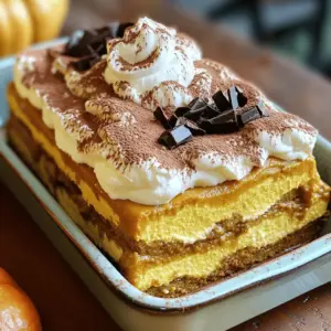 - 1 cup pumpkin puree - 1 cup mascarpone cheese - 1 cup heavy cream - 1 cup strong brewed coffee, cooled - 1 tablespoon pumpkin spice blend - 12 ladyfinger cookies - Cocoa powder - Whipped cream - Dark chocolate shavings In this delightful pumpkin spice tiramisu, the main ingredients create a creamy, rich base. Pumpkin puree gives it a smooth texture and a lovely fall flavor. Mascarpone cheese adds creaminess, while heavy cream brings lightness. Together, they make a base that melts in your mouth. For the additional ingredients, strong brewed coffee adds a bold taste. The pumpkin spice blend, made of cinnamon, nutmeg, and ginger, brings warmth and comfort. Ladyfinger cookies soak up the coffee mix. They hold the layers together, adding a nice crunch. Optional garnishes make the dish shine. Dusting with cocoa powder gives a rich finish. A dollop of whipped cream adds softness, and dark chocolate shavings elevate the look. This dessert not only tastes amazing but also looks beautiful on your table. To start, pour 1 cup of cooled coffee into a shallow dish. Add 1 tablespoon of pumpkin spice blend. This blend is usually a mix of cinnamon, nutmeg, and ginger. Stir the mixture well. Let it stand for a few minutes. This resting time helps the flavors blend nicely. Next, take 1 cup of heavy cream and pour it into a large mixing bowl. Use a hand mixer or a whisk to whip the cream. You want to whip it until soft peaks form. This usually takes about 3 to 5 minutes. Soft peaks will give your dessert a light texture. In another bowl, mix 1 cup of mascarpone cheese with 1/2 cup of powdered sugar. Stir until the mixture is smooth and creamy. Make sure there are no lumps. After this, gently fold the whipped cream into the mascarpone mixture. Use a spatula and be careful. You want to keep the air in the whipped cream. Next, add 1 cup of pumpkin puree to the mascarpone cream. Gently fold it in until the pumpkin is evenly spread. This creates a smooth pumpkin mascarpone cream for your tiramisu. Now, it's time to prepare the ladyfingers. Dip each ladyfinger into the coffee mixture quickly. Do not soak them too long; they should be moist but not soggy. In a rectangular serving dish, lay down a layer of the soaked ladyfingers. Make sure they cover the base completely. Then, spread half of the pumpkin mascarpone cream over this layer of ladyfingers. Use a spatula for an even layer. Repeat this process. Add another layer of dipped ladyfingers, followed by the remaining pumpkin mascarpone cream on top. Smooth the top layer nicely with a spatula. Dust generously with cocoa powder for a rich finish. Finally, cover the tiramisu with plastic wrap. Place it in the refrigerator. Let it chill for at least 4 hours, but overnight is best. This chilling time allows all the flavors to meld and intensify, making your pumpkin spice tiramisu truly delightful. - Tips for whipping cream: Start with very cold heavy cream. Use a large bowl for more space. Whip with a hand mixer or whisk until soft peaks form. This will take about 3-5 minutes. Don’t overwhip, or it will turn grainy. - Making sure mascarpone is smooth: In a separate bowl, mix mascarpone cheese with powdered sugar. Stir until it is creamy and smooth. Make sure there are no lumps left. A smooth mascarpone base makes for a better dessert. - Presentation tips for a beautiful dessert: When serving, use a spatula to smooth the top layer of tiramisu. Dust cocoa powder on top for a rich finish. You can add a dollop of fresh whipped cream on each slice. For extra flair, sprinkle dark chocolate shavings on top. This makes each serving look fancy and inviting. - Suggestions for additional spices or flavors: To adjust the flavors, you can add a touch of vanilla extract to the mascarpone mix. You might also try a sprinkle of allspice or cardamom for a twist. A hint of orange zest can add brightness. Experiment and find what you love best! {{image_4}} You can make this dessert gluten-free. Just swap the ladyfinger cookies with gluten-free ones. Many brands offer gluten-free ladyfingers. Look for ones that have a nice texture. This keeps the dessert light and fluffy. The flavor remains rich and delicious. If you want a vegan option, it's easy. Use coconut cream instead of heavy cream. You can also switch to plant-based mascarpone cheese. This keeps the creamy texture and rich taste. Make sure to pick a good brand for the best results. Want to switch things up? Experiment with other seasonal spices. You can add cardamom or vanilla for a twist. Try using chai spice for a warm flavor. You can even add a hint of maple syrup for added sweetness. These changes can create new and exciting taste adventures. To keep your pumpkin spice tiramisu fresh, store it in the fridge. First, wrap it tightly in plastic wrap or place it in an airtight container. This helps to prevent any odors from other foods from affecting its flavor. Be sure to keep it on a shelf, not in the door, for better temperature control. Yes, you can freeze tiramisu! However, it’s best to freeze it before adding any garnishes. Wrap it well in plastic wrap, then place it in a freezer-safe container. When ready to eat, thaw it in the fridge overnight. This keeps the texture nice and creamy. In the fridge, your pumpkin spice tiramisu stays fresh for about 3 to 4 days. After that, the texture may change, and it might not taste as good. Make sure to check for any signs of spoilage before serving. Enjoy your dessert while it’s at its best! Yes, you can make Pumpkin Spice Tiramisu ahead of time. I suggest chilling it for at least 4 hours. For the best taste, leave it in the fridge overnight. This waiting time helps the flavors blend well. Plus, it sets nicely, making every bite creamy and rich. Using regular pumpkin pie spice works great! Many brands offer a blend of spices. This mix usually includes cinnamon, nutmeg, and ginger. If you use it, check the label for the amount to get the best taste. A tablespoon should be enough. Just remember that homemade mixes can be fresher and more vibrant. If you don't have mascarpone cheese, you can use cream cheese. Mix it with a bit of heavy cream to soften it. This gives a similar creamy texture. Another option is ricotta cheese. Blend it until smooth for a lighter feel. Keep in mind that these swaps will change the taste slightly but still create a delicious dessert. You’ll know tiramisu is ready when it is firm but still soft. Check the edges; they should hold their shape. The top layer should look set and not jiggle too much. After chilling, a quick poke with a spoon can help you see if it has set correctly. If it feels solid, it’s ready for serving! In this post, we explored making a delicious Pumpkin Spice Tiramisu. We covered key ingredients like pumpkin puree and mascarpone cheese. I shared step-by-step instructions for preparing, assembling, and chilling your dessert. Additionally, I provided tips for the perfect texture and suggested various flavor options. Pumpkin Spice Tiramisu can impress anyone. Whether you use gluten-free or vegan options, it’s a versatile treat. Enjoy creating and sharing this warm, cozy dessert with friends and family this season!