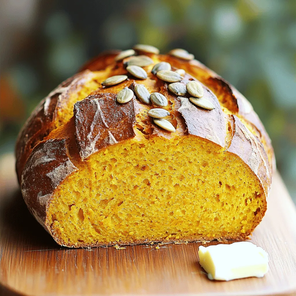 - 1 cup pumpkin puree (canned or homemade) - 1 cup active sourdough starter - 1½ cups all-purpose flour - ½ cup whole wheat flour - 1 teaspoon salt The main ingredients create a tasty base for this bread. Pumpkin puree gives moisture and flavor. The sourdough starter adds a nice tang and helps the bread rise. Using both all-purpose and whole wheat flour gives a good texture. Salt is key for flavor. - 1 teaspoon ground cinnamon - ½ teaspoon ground nutmeg - ¼ teaspoon ground ginger - 1 tablespoon honey or maple syrup These spices bring warmth to your bread. Cinnamon adds a sweet touch, nutmeg gives a hint of earthiness, and ginger adds a little spice. Honey or maple syrup sweetens the dough nicely. You can adjust these to suit your taste. - Seeds for topping (pumpkin or sunflower) Adding seeds on top gives a nice crunch. They also look great! You can use either pumpkin or sunflower seeds. You can choose between homemade or canned pumpkin puree. Homemade puree usually has a fresher taste. However, canned pumpkin is quick and easy. Either works well, so use what you have! To start, mix your wet ingredients. In a large bowl, combine 1 cup of active sourdough starter, 1 cup of pumpkin puree, and 1 tablespoon of honey or maple syrup. Stir until smooth and well blended. Next, in a different bowl, whisk together your dry ingredients. Use 1½ cups of all-purpose flour, ½ cup of whole wheat flour, 1 teaspoon of salt, and your spices: 1 teaspoon of ground cinnamon, ½ teaspoon of ground nutmeg, and ¼ teaspoon of ground ginger. This helps spread the flavors evenly. Now it's time to knead the dough. Transfer your shaggy mixture to a floured surface. Knead it for about 5 to 7 minutes. You want the dough to feel smooth and elastic. To add some crunch, fold in pumpkin or sunflower seeds during this process. This step makes your bread even more delightful. After kneading, place the dough in a lightly greased bowl. Cover it with a damp cloth and let it rise for 4 to 6 hours at room temperature. It should double in size. Once it has risen, gently punch the dough down. Shape it into a round or oval loaf. Place the shaped dough on a parchment-lined baking sheet or in a floured proofing basket. Cover it loosely again and allow it to rise for another 1 to 2 hours. Preheat your oven to 450°F (232°C) about 30 minutes before baking. If you have a baking stone, put it in the oven to heat up with it. Before baking, sprinkle extra seeds on top if desired. Use a sharp knife to score a few slashes across the top of the dough. This helps the bread expand while baking. Finally, bake the bread for 30 to 35 minutes until the crust is golden brown and sounds hollow when tapped. To get the best dough for your pumpkin sourdough bread, adjust the water and flour. Start with the recipe’s amounts. If the dough is too sticky, add a bit more flour. If it’s too dry, add small amounts of warm water. You will know the dough is ready to rise when it feels soft and smooth. It should spring back lightly when you press it. If it doesn’t, keep kneading for a few more minutes. You can boost the flavor with extra spices like cloves or allspice. Adding a handful of chopped nuts or dried fruit will add nice texture too. When baking, I recommend using a baking stone. It helps create a crispy crust. If you don’t have one, a baking sheet works fine too. Just preheat it well for best results. For serving, slice the bread and add a generous pat of butter or cream cheese. This adds a creamy touch that pairs well with the pumpkin. To make it rustic, serve it on a wooden board. Add a small bowl of pumpkin seeds for a charming look. This gives your table a cozy autumn vibe. {{image_4}} To make this bread vegan, swap honey for maple syrup or agave nectar. You can also use a flax egg. Mix 1 tablespoon of ground flaxseed with 2.5 tablespoons of water. Let the mix sit for 5 minutes until it thickens. This will act as a binding agent in place of any eggs. For a gluten-free version, replace all-purpose flour with a gluten-free blend. Look for a blend that has xanthan gum. This helps give the bread structure. You may need to adjust the water to get the right dough consistency. Start with less water and add more as needed. Add nuts like walnuts or pecans for crunch. You can also mix in dried fruits such as cranberries or raisins for sweetness. If you love chocolate, try adding chocolate chips. Just fold these into the dough while kneading. They will make your bread even more delicious! To keep your pumpkin sourdough bread fresh, store it at room temperature. Place it in a paper bag or wrap it in a clean kitchen towel. This helps it breathe and keeps the crust nice and crisp. Avoid plastic bags, as they trap moisture and make the bread soggy. If you want to save the bread for longer, freezing is a great option. Slice the cooled bread first. Wrap each slice in plastic wrap, then place them in a freezer bag. This way, you can grab just what you need. When ready to eat, let the slices thaw at room temperature or toast them straight from the freezer. To check if your bread is still good, look for signs of mold or an off smell. If it feels hard or stale, you can still use it for toast or bread pudding. For the best taste and texture, eat the bread within 3-5 days when stored at room temperature. For reheating, preheat your oven to 350°F (175°C). Wrap the bread in foil and heat for about 10-15 minutes. This warms the bread and helps restore some softness. You can also toast slices in a toaster or on a skillet. Enjoy your delicious pumpkin sourdough bread warm! Yes, you can use fresh pumpkin. Fresh pumpkin adds a bright flavor. To prepare, cut the pumpkin and remove seeds. Roast or steam it until soft. Then, mash it until smooth. This method gives your bread a unique taste and texture. Sourdough bread needs about 4-6 hours to rise. The time can change based on the room's warmth. In a warm spot, it may rise faster. In a cooler area, it will take longer. Look for the dough to double in size. If your dough doesn’t rise, check the starter. It should be active and bubbly. If not, feed it and wait before using. Too cold of a room can also slow rise time. Try moving it to a warmer place. You can also cover it to keep warmth in. Yes, you can still make bread without a starter. Use instant yeast instead. Mix 2 teaspoons of yeast with your dry ingredients. Add some water to help it rise. The taste will differ but will still be tasty. In this post, we explored how to make pumpkin sourdough bread. We covered essential ingredients like pumpkin puree and sourdough starter. You learned about the mixing, kneading, and rising processes. I shared tips to achieve the perfect dough and offered variations to try. Lastly, we discussed storage methods to keep your bread fresh. Embrace your baking journey, and enjoy the delightful flavors of homemade pumpkin sourdough bread.