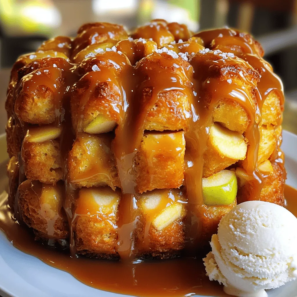 Here is what you need to make gooey salted caramel apple monkey bread: - 2 cans (16 oz each) refrigerated biscuit dough - 3 medium apples, peeled and diced (for a tart flavor, Granny Smith is recommended) - 1 cup packed brown sugar - 1/2 cup granulated sugar - 1 teaspoon ground cinnamon - 1/4 teaspoon ground nutmeg - 1/2 cup unsalted butter (1 stick) - 1 cup caramel sauce (store-bought or homemade) - 1/2 teaspoon flaky sea salt - Optional: Whipped cream or vanilla ice cream for serving These ingredients work together to create a sweet and sticky treat. The apples add a nice tartness, while the caramel sauce brings rich sweetness. Brown sugar and spices make everything warm and cozy. You can use any baking apples, but Granny Smith gives a great balance. The flaky sea salt on top is key; it really enhances the flavor. Don't forget the whipped cream or ice cream for serving! - Preheat your oven to 350°F (175°C). Lightly grease a bundt pan. - In a large bowl, mix 1 cup brown sugar, 1/2 cup granulated sugar, 1 teaspoon cinnamon, and 1/4 teaspoon nutmeg. Set aside. - Open 2 cans of refrigerated biscuit dough. Cut each biscuit into quarters. Toss the pieces in the sugar-spice mix until well coated. - Layer half of the biscuit pieces in the bottom of the greased bundt pan. - Add half of the diced apples on top. - Drizzle half of the caramel sauce over the apples. - Place the remaining biscuit pieces on top of the apples. - Add the rest of the diced apples and drizzle the last of the caramel sauce over everything. - In a small pan, melt 1/2 cup unsalted butter over medium heat. Pour it evenly over the layers in the bundt pan. - Bake for 30-35 minutes, or until golden brown. - Let the monkey bread cool for about 10 minutes. Invert the pan onto a plate to release it. - Sprinkle flaky sea salt on top and add more caramel sauce if you like. - Choosing the right apples for flavor: I love using Granny Smith apples. They add a nice tartness. This cuts through the sweetness of the caramel. Other apples like Honeycrisp also work well. They balance sweet and crisp. - Ensuring even coating of biscuit pieces: When you cut the biscuit dough, toss them in the sugar mix slowly. Make sure each piece gets coated well. This helps every bite burst with flavor. - Checking for doneness: After baking, look for a golden-brown top. You can also insert a toothpick to check. If it comes out clean, your monkey bread is ready! - Adjusting baking time for different ovens: Ovens can vary. Start checking around 30 minutes. If it’s not done, add more time in 5-minute increments. - Presentation ideas for serving: Serve the monkey bread warm. Drizzle with extra caramel for a show-stopping look. Use a large plate to catch any gooey goodness that drips. - Pairing suggestions with add-ons: Add whipped cream or vanilla ice cream on the side. This makes each bite even more delightful. {{image_4}} You can switch up the fruit in your monkey bread. Try using pears or blueberries instead of apples. Each fruit adds its own twist. Pears give a soft texture, while blueberries burst with juice. Both are fun choices. Adding nuts can boost the texture. Walnuts or pecans work great here. They add a nice crunch that contrasts with the gooey bread. Just chop them up and mix them in with your biscuit pieces. You’ll love the extra flavor and bite! For those who need gluten-free options, look for gluten-free biscuit dough. Many brands make great alternatives. Check the store for these options. They work just as well in the recipe. If you want a dairy-free version, choose dairy-free butter instead. There are also dairy-free caramel sauces available. Make sure to read labels to ensure they fit your needs. Enjoy your monkey bread without dairy and still have fun! To keep leftover monkey bread fresh, wrap it tightly in plastic wrap. You can also place it in an airtight container. This helps keep the bread moist and tasty. Store it at room temperature for up to two days. If you want to keep it longer, put it in the fridge. It will stay good for about a week, but it may dry out a bit. For long-term storage, freeze the monkey bread. First, let it cool completely. Then, wrap it well in plastic wrap and aluminum foil. This prevents freezer burn. You can freeze it for up to three months. When you're ready to enjoy it, just thaw it overnight in the fridge. To reheat the monkey bread, you have a few options. The best way is in the oven. Preheat the oven to 350°F (175°C). Place the monkey bread in a baking dish and cover it with foil. Heat it for about 15-20 minutes. This way, it stays gooey and warm. You can also use a microwave but be careful not to overheat it. Just heat it in short bursts to keep the texture nice. If you don't have caramel sauce, you can use honey or maple syrup. Both add sweetness and flavor. You can also try making a simple sauce with brown sugar and butter. Mix equal parts in a pot, heat until smooth, and drizzle over the bread. Yes, you can prepare this monkey bread ahead of time. Assemble it in the bundt pan, cover it tightly, and store it in the fridge. Bake it the next day when you’re ready to enjoy it. Just be sure to let it sit at room temperature for about 30 minutes before baking. To make it less sweet, reduce the amount of brown sugar and caramel sauce. You can also use tart apples like Granny Smith. They add flavor and balance the sweetness. Another option is to skip the extra caramel drizzle on top. You know the monkey bread is done when it turns golden brown and feels firm to the touch. You can also insert a toothpick into the bread. If it comes out clean, it’s ready. Let it cool for a few minutes before serving. Yes, you can use homemade biscuit dough for this recipe. Just make sure your dough is thick and not too sticky. The homemade dough can add a fresh flavor and texture that store-bought dough might not have. This blog showed you how to create a delicious monkey bread using simple ingredients like biscuit dough, apples, and caramel sauce. We walked through easy steps, from prepping to baking and serving. You learned tips to make it even better, like using different fruits or adjusting flavors. Storing leftovers correctly keeps your treats fresh. Monkey bread is fun to make and share. Enjoy every bite, and don’t be afraid to try your own twists!