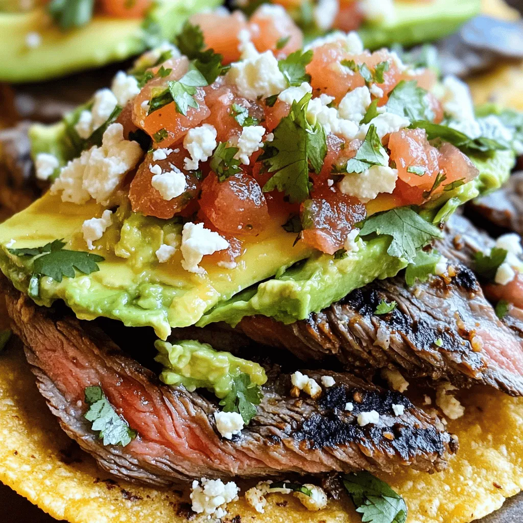 - 1 lb flank steak - 2 tablespoons olive oil - 3 cloves garlic, finely minced - 1 teaspoon ground cumin - 1 teaspoon chili powder - 1 teaspoon sea salt - 1/2 teaspoon freshly cracked black pepper - Juice of 2 fresh limes - 8 crispy tostada shells - 1 cup refried beans (canned or homemade) - 1 ripe avocado (sliced) - 1 cup pico de gallo (homemade or store-bought) - 1/2 cup queso fresco (crumbled) - 1/4 cup fresh cilantro (chopped) - Sliced jalapeños for extra spice When you make carne asada tostadas, the right ingredients make all the difference. The flank steak is the star. It offers great flavor and tenderness. You can marinate it with olive oil, garlic, cumin, chili powder, sea salt, black pepper, and lime juice. This mix gives the meat a delicious kick. The tostada shells are your base. They should be crispy and sturdy to hold all the toppings. I often use refried beans. They add creaminess. You can use canned beans for speed or make your own for a personal touch. Don't forget the fresh toppings! Ripe avocado adds a smooth texture. Pico de gallo, with its bright flavors, is a must. Queso fresco gives a nice salty finish. Lastly, sprinkle some chopped cilantro for freshness. If you like heat, add sliced jalapeños. They give a nice spicy kick. Gathering these ingredients sets you up for a tasty meal. Each bite of carne asada tostadas will be filled with flavor and crunch. Enjoy cooking! To make the marinade, mix these ingredients in a bowl: - 2 tablespoons olive oil - 3 cloves garlic, finely minced - 1 teaspoon ground cumin - 1 teaspoon chili powder - 1 teaspoon sea salt - 1/2 teaspoon black pepper - Juice of 2 fresh limes Whisk until blended. Add the flank steak, coating it well. Cover the bowl and place it in the fridge. Let it marinate for at least 30 minutes. For the best taste, aim for 1 to 2 hours. This time helps the flavors soak into the meat. Preheat your grill or grill pan to medium-high heat. Remove the steak from the marinade, shaking off extra liquid. Place it on the grill. Cook the steak for about 4-5 minutes per side. Aim for an internal temperature of 130°F for medium-rare. You can adjust the time based on how you like your steak. After cooking, let the steak rest for 5 minutes under foil. This keeps the juices inside. While the steak rests, warm the tostada shells. You can use an oven or a skillet. If using the oven, set it to a low temperature. If using a skillet, heat it to medium. Warm the shells just until they are crisp, but avoid browning them. Spread a layer of refried beans on each tostada. Slice the rested steak against the grain into thin strips. Place the steak pieces on top of the beans. Make sure it looks inviting and neat. Slice the avocado into thin wedges. Arrange the avocado on the tostadas. Add a hearty spoonful of pico de gallo. Sprinkle crumbled queso fresco on top. For those who like spice, add sliced jalapeños to taste. Finish the tostadas with chopped cilantro for extra flavor. Serve them warm to keep that crunch. Enjoy your delicious carne asada tostadas right away! Marinate the flank steak for at least 30 minutes. For best results, aim for 1 to 2 hours. This time lets the flavors sink in. If you can’t find flank steak, try skirt steak or sirloin. Both cuts work well and offer great taste. To prevent dryness, don’t overcook the steak. Use a meat thermometer to check the temperature. Aim for 130°F for medium-rare. Remove the steak from the grill at this temp. Let it rest for about 5 minutes to keep the juices inside. Pair your tostadas with fresh lime wedges and extra pico de gallo. You can also serve them with a side of guacamole. For drinks, try a light beer or a tangy margarita. These drinks complement the flavors well and enhance the meal. {{image_4}} If you want a meatless option, try grilled veggies. Bell peppers, zucchini, and onions work well. You can also use beans, like black or pinto beans. They add protein and flavor. For more vegan toppings, consider corn salsa or guacamole. These options keep your tostadas tasty and satisfying. To add heat, use different peppers. Jalapeños are great, but serrano or habanero peppers are spicier. You can also adjust seasoning for more heat. Add extra chili powder or a dash of cayenne pepper to your marinade. This will elevate the flavor and give your tostadas a nice kick. Toppings vary across Mexico, making each tostada unique. In some areas, you might find pickled onions or radishes as toppings. These add crunch and tang. Don’t hesitate to customize your tostadas with local ingredients like fresh mango or pineapple salsa. Each bite can tell a story of its own. To keep your carne asada tostadas fresh, store the ingredients separately. Place leftover steak and toppings in airtight containers. This keeps them fresh and safe to eat. For the tostada shells, store them in a dry place. Avoid putting them in the fridge to keep them crispy. When you want to enjoy leftovers, reheat the steak and beans gently. Use a skillet over low heat. This warms the food without drying it out. To keep the tostadas crunchy, reheat them in the oven. Set your oven to 350°F and bake for about 5 minutes. Check them often to avoid burning. You can freeze ingredients for carne asada tostadas, but not the assembled tostadas. Freeze the cooked steak and beans in separate bags. Make sure to squeeze out air before sealing. Thaw them in the fridge when you're ready to use. For the tostada shells, freeze them in their original packaging. This way, you can enjoy a fresh meal later. Carne asada means "grilled meat" in Spanish. It usually uses flank steak. To make it, marinate the meat in spices and lime juice. Then, grill it until tender. This method gives carne asada its rich flavor and juicy texture. It's a staple in Mexican cuisine and often shines in dishes like tacos and tostadas. To make pico de gallo, you need fresh ingredients. Here’s a quick recipe for you: - 3 ripe tomatoes, diced - 1 small onion, finely chopped - 1-2 jalapeños, seeded and minced - 1/4 cup fresh cilantro, chopped - Juice of 1 lime - Sea salt to taste Mix all the ingredients in a bowl. Let it sit for a bit to blend the flavors. This fresh salsa is perfect for topping carne asada tostadas. Yes, you can prep elements ahead. Marinate the steak the night before. Cook it the next day. You can also prepare the pico de gallo and refried beans in advance. Just store them in the fridge. Assemble the tostadas right before serving. This keeps the shells crispy and fresh. Here are some great toppings: - Sliced avocado - Pico de gallo - Crumbled queso fresco - Fresh cilantro - Sliced jalapeños for heat Feel free to mix and match. Each topping adds a burst of flavor to your tostadas. You can use other cuts if you prefer. Skirt steak, sirloin, or ribeye work well too. Just adjust cooking times for different thicknesses. For best results, choose cuts with good marbling. They will stay juicy and flavorful. Carne asada tostadas are more than just delicious—they are a fun dish to make. We covered key ingredients like flank steak and fresh toppings. You learned how to marinate, cook, and assemble your tostadas for an eye-catching plate. With tips on substitutes and storage, you can enjoy these treats anytime. Now, go try this simple recipe, impress your friends, and customize it to your taste!