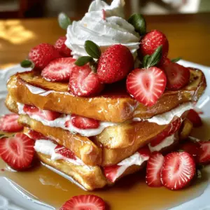 - 8 slices of thick bread (challah or brioche is best) - 4 ounces cream cheese, softened - 1/4 cup powdered sugar - 1 teaspoon pure vanilla extract - 3 large eggs - 1 cup whole milk - 1 teaspoon ground cinnamon The thick bread serves as a sturdy base for this dish. I prefer challah or brioche because they soak up the custard well. The cream cheese mixture adds a sweet, rich layer. You simply mix cream cheese, powdered sugar, and vanilla until smooth. For the custard, beat together eggs, milk, and cinnamon until blended. - 1 cup fresh strawberries, hulled and sliced - Maple syrup (for serving) - Optional: extra sliced strawberries and whipped cream Fresh strawberries bring a juicy burst of flavor. They pair perfectly with the sweet cream cheese. Maple syrup adds a warm, sweet touch. For extra flair, you can add whipped cream and more strawberries on top. This makes each bite delightful! To start, gather your tools. You need a mixing bowl and a whisk or hand mixer. Take the softened cream cheese and place it in the bowl. Add 1/4 cup of powdered sugar and 1 teaspoon of pure vanilla extract. Mix until smooth and creamy. This should take about 2 minutes. Set this mixture aside for later. Next, let’s make the custard. In a separate bowl, crack 3 large eggs. Pour in 1 cup of whole milk and add 1 teaspoon of ground cinnamon. Use a whisk to blend everything well. You want it to look smooth and mixed. This mixture will soak into the bread later. Now, lay out your 8 slices of thick bread on a clean surface. Grab the cream cheese mixture and spread it generously on one side of each slice. On four of these slices, scatter the sliced strawberries evenly on top of the cream cheese. Place the other four slices on top with the cream cheese side down. You now have four tasty sandwiches. It's time to cook! Preheat your large skillet or griddle over medium heat. Add 1 tablespoon of unsalted butter and let it melt. Make sure it coats the pan evenly. Dip each sandwich into the egg mixture, coating both sides well. Let any extra mixture drip off before placing it in the skillet. Cook each sandwich for about 3-4 minutes on each side. You want them golden brown and cooked through. Adjust the heat if needed to avoid burning. Once cooked, remove the sandwiches from the skillet. Keep them warm in a low-temperature oven set to about 200°F. When all the French toast is ready, serve them hot. Top with more fresh strawberries and a dollop of whipped cream if you like. Finally, drizzle with maple syrup for added sweetness. Enjoy your delightful creation! For this recipe, thick bread works best. I suggest using challah or brioche. These types of bread have a soft texture and rich flavor. They soak up the egg mixture well, giving you a nice, fluffy French toast. Avoid thin bread like white sandwich bread. It may turn too soggy. To keep your French toast from getting soggy, dip the sandwiches quickly. Make sure to coat both sides of the bread. After dipping, let any extra egg mixture drip off. This step is key. It helps keep your French toast firm while cooking. You can add a few spices to boost the flavor. Consider adding nutmeg or a pinch of cardamom. These spices bring warmth and depth. You can also try flavored extracts like almond or coconut. This small change can make a big difference in taste. {{image_4}} To make this dish fit different diets, you can choose gluten-free bread. Brands like Udi's and Schär offer great options. They work well and keep the taste delightful. For those who need dairy-free options, try using vegan cream cheese. Brands like Tofutti and Kite Hill are creamy and flavorful. They blend well into the cream cheese mixture, so you won't miss the dairy. You can add fun flavors to your French toast. For a chocolate twist, sprinkle in mini chocolate chips. They melt and create a rich taste. You can also use other fruits. Raspberries or blueberries work great. They add a tart and sweet touch. Mixing fruits can make your dish more colorful and exciting. How you serve this dish can change its vibe. If you want a sweet breakfast, stack the French toast high. Add fresh strawberries and a drizzle of maple syrup. For a dessert, serve it with whipped cream. You can even add a dusting of powdered sugar. This makes it feel special and indulgent. To store leftover Strawberry Cheesecake French Toast, first let it cool. Once cool, place the slices in an airtight container. Keep it in the fridge for up to three days. This helps keep the flavors fresh. If you have extra strawberries or whipped cream, store them separately. To reheat, use a skillet or an oven. If using a skillet, heat it on low. Add a little butter and place the French toast in the skillet. Heat for about 2-3 minutes on each side. If you choose the oven, preheat it to 350°F. Place the French toast on a baking sheet and cover with foil. Bake for 10-15 minutes until warm. This method keeps it soft and tasty. You can freeze Strawberry Cheesecake French Toast for later use. Wrap each slice tightly in plastic wrap. Then place them in a freezer-safe bag. They can last for up to three months in the freezer. When ready to eat, thaw overnight in the fridge. Reheat using the methods above for the best taste. Yes, you can use frozen strawberries. Just thaw them first. Drain any extra liquid. This helps keep your French toast from getting too soggy. Frozen strawberries may be softer, but they still taste great. Thick bread works best for French toast. I love using challah or brioche. These breads soak up the egg mixture well and get nice and fluffy. You can also try sourdough if you want a tangy twist. You can make the cream cheese mixture ahead of time. Store it in the fridge for up to two days. You can also prepare the sandwiches but do not cook them. Keep them in the fridge. Just cook them fresh when you're ready to eat. Yes, you can use flaxseed meal as an egg substitute. Mix one tablespoon of flaxseed meal with three tablespoons of water. Let it sit for a few minutes to thicken. This works well in the custard for a vegan version. This blog post covered how to make a tasty cream cheese French toast. We explored key ingredients like thick bread, cream cheese mixture, and custard components. I shared tips on preparing, cooking, and serving this dish perfectly. You learned about variations for dietary needs and flavor boosts. In wrapping up, I hope you feel excited to try this recipe. It's a fun dish that's easy to make and enjoy. Plus, it offers room for creativity. So go ahead, gather your ingredients, and make breakfast or dessert memorable!