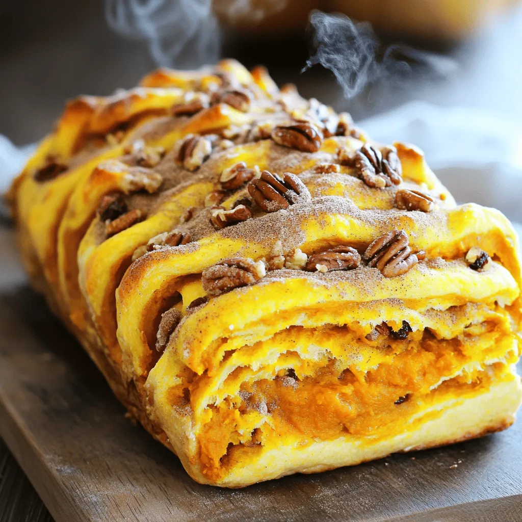 To make this tasty pumpkin pull-apart loaf, you will need: - 2 cups all-purpose flour - 1 cup canned pumpkin puree - 1/4 cup granulated sugar - 1/4 cup warm milk (110°F/43°C) - 1/4 cup unsalted butter, melted - 1 large egg - 2 teaspoons instant yeast - 1 teaspoon ground cinnamon - 1/2 teaspoon ground nutmeg - 1/2 teaspoon salt - 1/4 teaspoon ground ginger - 1/2 cup brown sugar (for filling) These ingredients blend together to create a soft, moist, and flavorful bread. You can enhance your loaf with some fun add-ins. Consider these optional fillings: - 1/4 cup chopped pecans - 1/4 cup raisins or dried cranberries Adding these will give your loaf extra texture and flavor. You can mix and match based on your taste. To bake your pumpkin pull-apart loaf, gather these tools: - Large mixing bowl - Whisk - Rolling pin - Sharp knife - Greased loaf pan - Damp cloth - Wire rack Having the right tools makes the process smooth and enjoyable. Start by gathering your ingredients. In a large bowl, mix warm milk, melted butter, and sugar. Stir until the sugar dissolves. Add pumpkin puree and egg. Mix until smooth. In another bowl, whisk flour, yeast, cinnamon, nutmeg, ginger, and salt. Gradually add this dry mix to the wet ingredients. Stir until you form a dough. Now, knead the dough on a floured surface for five to seven minutes. It should feel smooth and elastic. Place the dough in a greased bowl. Cover it with a damp cloth and let it rise in a warm spot for about one hour or until it doubles in size. Once the dough has risen, punch it down gently to remove air. Roll it out into a rectangle, about 12 by 16 inches. Brush it with melted butter. Next, sprinkle brown sugar, cinnamon, and any optional fillings like pecans or dried fruit. Cut the dough into strips about two inches wide. Stack these strips on top of each other and cut them into squares. Now, place these squares in a greased loaf pan. Pack them snugly for a tight loaf. Cover the pan with a cloth and let it rise again for 30 to 40 minutes, until puffy. Preheat your oven to 350°F (175°C). When ready, bake the loaf for 25 to 30 minutes. Look for a golden brown top. After baking, let the loaf cool in the pan for about 10 minutes. Then transfer it to a wire rack to cool completely. Enjoy the delightful aroma as it cools! To make great bread, start with active yeast. Check the yeast before you mix it in. To test it, mix the yeast with warm milk and a bit of sugar. Wait for about 5 to 10 minutes. If it bubbles and foams, your yeast is good to go. If not, try a new packet. Kneading is key to getting your dough just right. After mixing, place the dough on a floured surface. Push the dough with your palms, fold it over, and repeat. Do this for about 5 to 7 minutes. The dough should feel smooth and elastic. If it sticks to your hands, add a sprinkle of flour. For a perfect rise, keep the dough warm. After kneading, place it in a greased bowl. Cover it with a damp cloth. Find a warm spot in your kitchen. Let the dough rise until it doubles in size, about 1 hour. If your kitchen is cold, use your oven with the light on to create warmth. {{image_4}} You can change the flavor of your pumpkin pull-apart loaf easily. Here are some ideas: - Apple Cinnamon: Add 1 cup of finely chopped apples to the filling. This gives a sweet and tart twist. - Maple Pecan: Swap the sugar for maple syrup and add 1/2 cup of chopped pecans. This adds a delicious nutty flavor. - Spiced Chocolate: Mix in 1/2 cup of chocolate chips along with the spices. This combination is a real treat. You can adapt this loaf for different diets. - Gluten-Free: Use a gluten-free flour blend. Make sure it has xanthan gum for the right texture. - Vegan: Replace the egg with 1/4 cup of unsweetened applesauce. Use plant-based milk and butter to keep it vegan. - Dairy-Free: Use almond milk and coconut oil instead of milk and butter. You can enhance your loaf with seasonal ingredients. Try these additions: - Cranberries: Add 1/2 cup of dried cranberries for a pop of tartness. - Orange Zest: Grate the zest of one orange into the dough for a bright, citrus flavor. - Nutmeg and Cloves: Add 1/4 teaspoon of ground cloves for a deeper spice flavor. This works well in fall recipes. Store leftover Pumpkin Pull-Apart Loaf in an airtight container. Keep it at room temperature for up to two days. If you want to keep it longer, consider refrigerating it. Wrap the loaf tightly in plastic wrap or foil before placing it in the fridge. This helps maintain its moisture and flavor. If you want to freeze the loaf, first let it cool completely. Wrap it tightly in plastic wrap and then in aluminum foil. This double layer prevents freezer burn. You can freeze it for up to three months. When you’re ready to eat it, move it to the fridge overnight to thaw. To reheat the loaf, preheat your oven to 350°F (175°C). Unwrap the loaf and place it in the oven for about 10-15 minutes. This helps restore its soft texture. You can also microwave individual pieces for about 15-20 seconds. Just be careful not to overheat them, as this can make the bread tough. Enjoy your warm, tasty loaf again! You can use fresh pumpkin instead of canned pumpkin puree. To make this, cook a small pumpkin until soft. Then, scoop out the flesh and mash it until smooth. You can also use butternut squash or sweet potato puree. Both give great flavor and texture to your loaf. Yes, you can prepare the dough ahead of time. After kneading, place it in a greased bowl. Cover it well and store it in the fridge for up to 24 hours. When ready, take it out and let it warm up. Allow it to rise again before shaping and baking. Check if the top is golden brown and firm to the touch. You can also insert a toothpick into the center. If it comes out clean, the loaf is done. Let it cool in the pan for a few minutes before moving it to a wire rack. This helps keep it soft and tasty. Pumpkin pull-apart loaf is tasty and fun to make. You’ve learned the key ingredients, tools, and steps to create it. We covered helpful tips to improve your baking skills. You can also explore fun variations and dietary options to fit your needs. Remember to store leftovers the right way and follow thawing tips for the best taste. Happy baking! Enjoy every soft, warm bite of your loaf.
