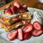 - 8 thick slices of challah or brioche bread - 8 oz cream cheese, softened at room temperature - 1/2 cup powdered sugar - 1 tsp pure vanilla extract - 1 cup fresh strawberries, hulled and thinly sliced For this recipe, I love using challah or brioche bread. Their thickness makes them perfect for holding the filling. Cream cheese adds a rich, creamy texture to the filling. The powdered sugar sweetens it just right. A splash of vanilla extract enhances the flavors. Fresh strawberries provide sweetness and a burst of color. - 3 large eggs - 1/2 cup whole milk - 1 tsp ground cinnamon The egg mixture is key for that classic French toast flavor. I use large eggs and whole milk to create a creamy texture. Ground cinnamon adds warmth and a hint of spice. Whisk them together for a frothy mix that coats the bread well. - 1 tbsp unsalted butter (for cooking) - Maple syrup (for serving) - Whipped cream (optional, for serving) I cook the French toast in unsalted butter for a rich taste. A drizzle of warm maple syrup brings sweetness. If you want to indulge, add whipped cream on top. This makes every bite a delight! In a medium bowl, I mix 8 oz of softened cream cheese with 1/2 cup of powdered sugar. I add 1 tsp of pure vanilla extract and blend it until smooth. The key is to ensure there are no lumps. Next, I gently fold in 1 cup of thinly sliced fresh strawberries. This folding keeps the strawberries whole and juicy. I set this delicious filling aside for later. Now, I take 8 thick slices of challah or brioche bread. I spread a generous layer of the cheesecake filling on one slice. Then, I place another slice on top to make a sandwich. I repeat this with the rest of the bread and filling. This gives me four stuffed sandwiches, each bursting with flavor. For the egg mixture, I whisk together 3 large eggs, 1/2 cup of whole milk, and 1 tsp of ground cinnamon in a shallow bowl. This mix adds rich flavor to the French toast. I heat a large skillet over medium heat and add 1 tbsp of unsalted butter. Once the butter melts, I dip each sandwich in the egg mixture. I make sure both sides are coated but not too soggy. I place the sandwiches in the heated skillet. I cook each side for about 2 to 4 minutes until they turn golden brown. The smell is heavenly, and the toast looks perfect! To avoid soggy bread when dipping, use thick slices of challah or brioche. Take care not to soak them too long in the egg mixture. Just dip each side quickly. This keeps your bread fluffy and light. For golden brown perfection, cook each side for about 2-4 minutes. Watch closely for that lovely golden hue. If your heat is too high, you may burn the outside while leaving the inside soggy. When serving, stack the French toast neatly on a plate. This makes it look appealing. Garnish with fresh strawberries and a dusting of powdered sugar. It adds a nice touch and makes the dish pop with color. A drizzle of warm maple syrup can also enhance the look and taste. One common mistake is overmixing the filling. Mixing too much can make it runny. Just mix until smooth and combined. Another mistake is skipping the resting time before cooking. Letting the assembled sandwiches sit for a few minutes allows the bread to absorb some filling. This step helps everything stay together nicely while cooking. {{image_4}} You can switch things up with your filling in fun ways. Try adding chocolate chips for a sweet surprise. Nuts, like pecans or walnuts, add a nice crunch. If you're feeling fruity, mix in bananas, blueberries, or raspberries. Each choice brings a new twist to your French toast. Not a fan of challah or brioche? No problem! Sourdough or whole wheat bread works great too. These breads add their own flavor and texture. If you need gluten-free options, look for gluten-free bread. It still tastes amazing and keeps the dish friendly for everyone. Serve your French toast with different syrups, like strawberry or blueberry syrup. They add a fruity touch. Fruit compotes also make a great topping. For a savory twist, try adding crispy bacon or sausage on the side. This mix of flavors gives you a delightful breakfast experience. To keep your stuffed French toast fresh, let it cool first. Place it in an airtight container. Store it in the fridge for up to three days. When you’re ready to eat, you can reheat it. Use a skillet over low heat. This method helps keep the outside crispy and the inside warm. You can freeze stuffed French toast for later. Wrap each sandwich tightly in plastic wrap. Place the wrapped sandwiches in a freezer bag. They can last for up to two months. When you want to enjoy them, take them out of the freezer. Let them thaw in the fridge overnight. Reheat in a skillet or toaster oven for best results. The ingredients for your strawberry cheesecake stuffed French toast stay fresh for different lengths. Fresh strawberries last about five days in the fridge. Cream cheese lasts about two weeks once opened. Cooked stuffed French toast stays fresh for three days in the fridge. Always check for any signs of spoilage before using. You can prepare this dish the night before. Start by mixing the cream cheese, powdered sugar, and vanilla extract. Add the sliced strawberries to the mixture. Spread this filling between the slices of bread to form sandwiches. Place these sandwiches in the fridge overnight. In the morning, just dip them in the egg mixture and cook. This saves you time and makes breakfast easy. Yes, you can use frozen strawberries. Frozen strawberries can work well if fresh ones are not available. Thaw them first and drain any excess water. This prevents the filling from becoming too watery. Fresh strawberries add a nice crunch, but frozen strawberries are a great alternative. If you need a substitute for cream cheese, there are good options. You can use Greek yogurt for a lighter choice. Dairy-free cream cheese also works well if you're avoiding dairy. Silken tofu blended until smooth can be a good alternative too. These options keep the creamy texture while changing the flavor slightly. Strawberry Cheesecake Stuffed French Toast combines rich flavors and textures. We explored key ingredients like challah bread, creamy filling, and fresh strawberries. Following clear steps can help you perfectly whip up this delicious dish. Remember to avoid common mistakes to ensure success. Don’t hesitate to try different flavors and toppings. Leftovers can be stored well for later enjoyment. This treat is sure to impress family and friends. Enjoy crafting this delightful meal any day!