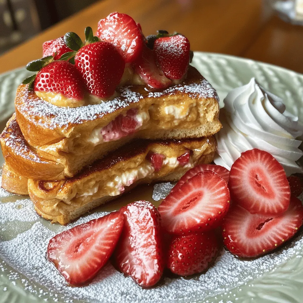 - 8 thick slices of challah or brioche bread - 8 oz cream cheese, softened at room temperature - 1/2 cup powdered sugar - 1 tsp pure vanilla extract - 1 cup fresh strawberries, hulled and thinly sliced For this recipe, I love using challah or brioche bread. Their thickness makes them perfect for holding the filling. Cream cheese adds a rich, creamy texture to the filling. The powdered sugar sweetens it just right. A splash of vanilla extract enhances the flavors. Fresh strawberries provide sweetness and a burst of color. - 3 large eggs - 1/2 cup whole milk - 1 tsp ground cinnamon The egg mixture is key for that classic French toast flavor. I use large eggs and whole milk to create a creamy texture. Ground cinnamon adds warmth and a hint of spice. Whisk them together for a frothy mix that coats the bread well. - 1 tbsp unsalted butter (for cooking) - Maple syrup (for serving) - Whipped cream (optional, for serving) I cook the French toast in unsalted butter for a rich taste. A drizzle of warm maple syrup brings sweetness. If you want to indulge, add whipped cream on top. This makes every bite a delight! In a medium bowl, I mix 8 oz of softened cream cheese with 1/2 cup of powdered sugar. I add 1 tsp of pure vanilla extract and blend it until smooth. The key is to ensure there are no lumps. Next, I gently fold in 1 cup of thinly sliced fresh strawberries. This folding keeps the strawberries whole and juicy. I set this delicious filling aside for later. Now, I take 8 thick slices of challah or brioche bread. I spread a generous layer of the cheesecake filling on one slice. Then, I place another slice on top to make a sandwich. I repeat this with the rest of the bread and filling. This gives me four stuffed sandwiches, each bursting with flavor. For the egg mixture, I whisk together 3 large eggs, 1/2 cup of whole milk, and 1 tsp of ground cinnamon in a shallow bowl. This mix adds rich flavor to the French toast. I heat a large skillet over medium heat and add 1 tbsp of unsalted butter. Once the butter melts, I dip each sandwich in the egg mixture. I make sure both sides are coated but not too soggy. I place the sandwiches in the heated skillet. I cook each side for about 2 to 4 minutes until they turn golden brown. The smell is heavenly, and the toast looks perfect! To avoid soggy bread when dipping, use thick slices of challah or brioche. Take care not to soak them too long in the egg mixture. Just dip each side quickly. This keeps your bread fluffy and light. For golden brown perfection, cook each side for about 2-4 minutes. Watch closely for that lovely golden hue. If your heat is too high, you may burn the outside while leaving the inside soggy. When serving, stack the French toast neatly on a plate. This makes it look appealing. Garnish with fresh strawberries and a dusting of powdered sugar. It adds a nice touch and makes the dish pop with color. A drizzle of warm maple syrup can also enhance the look and taste. One common mistake is overmixing the filling. Mixing too much can make it runny. Just mix until smooth and combined. Another mistake is skipping the resting time before cooking. Letting the assembled sandwiches sit for a few minutes allows the bread to absorb some filling. This step helps everything stay together nicely while cooking. {{image_4}} You can switch things up with your filling in fun ways. Try adding chocolate chips for a sweet surprise. Nuts, like pecans or walnuts, add a nice crunch. If you're feeling fruity, mix in bananas, blueberries, or raspberries. Each choice brings a new twist to your French toast. Not a fan of challah or brioche? No problem! Sourdough or whole wheat bread works great too. These breads add their own flavor and texture. If you need gluten-free options, look for gluten-free bread. It still tastes amazing and keeps the dish friendly for everyone. Serve your French toast with different syrups, like strawberry or blueberry syrup. They add a fruity touch. Fruit compotes also make a great topping. For a savory twist, try adding crispy bacon or sausage on the side. This mix of flavors gives you a delightful breakfast experience. To keep your stuffed French toast fresh, let it cool first. Place it in an airtight container. Store it in the fridge for up to three days. When you’re ready to eat, you can reheat it. Use a skillet over low heat. This method helps keep the outside crispy and the inside warm. You can freeze stuffed French toast for later. Wrap each sandwich tightly in plastic wrap. Place the wrapped sandwiches in a freezer bag. They can last for up to two months. When you want to enjoy them, take them out of the freezer. Let them thaw in the fridge overnight. Reheat in a skillet or toaster oven for best results. The ingredients for your strawberry cheesecake stuffed French toast stay fresh for different lengths. Fresh strawberries last about five days in the fridge. Cream cheese lasts about two weeks once opened. Cooked stuffed French toast stays fresh for three days in the fridge. Always check for any signs of spoilage before using. You can prepare this dish the night before. Start by mixing the cream cheese, powdered sugar, and vanilla extract. Add the sliced strawberries to the mixture. Spread this filling between the slices of bread to form sandwiches. Place these sandwiches in the fridge overnight. In the morning, just dip them in the egg mixture and cook. This saves you time and makes breakfast easy. Yes, you can use frozen strawberries. Frozen strawberries can work well if fresh ones are not available. Thaw them first and drain any excess water. This prevents the filling from becoming too watery. Fresh strawberries add a nice crunch, but frozen strawberries are a great alternative. If you need a substitute for cream cheese, there are good options. You can use Greek yogurt for a lighter choice. Dairy-free cream cheese also works well if you're avoiding dairy. Silken tofu blended until smooth can be a good alternative too. These options keep the creamy texture while changing the flavor slightly. Strawberry Cheesecake Stuffed French Toast combines rich flavors and textures. We explored key ingredients like challah bread, creamy filling, and fresh strawberries. Following clear steps can help you perfectly whip up this delicious dish. Remember to avoid common mistakes to ensure success. Don’t hesitate to try different flavors and toppings. Leftovers can be stored well for later enjoyment. This treat is sure to impress family and friends. Enjoy crafting this delightful meal any day!