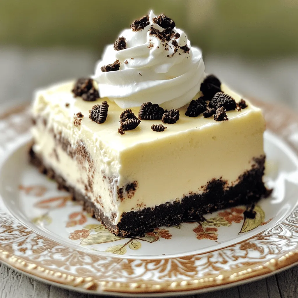 To make No-Bake Oreo Cheesecake Bars, gather these ingredients: - 24 Oreo cookies, finely crushed - 1/4 cup unsalted butter, melted - 16 oz cream cheese, at room temperature - 1/2 cup powdered sugar - 1 teaspoon pure vanilla extract - 1 cup heavy whipping cream - 12 Oreo cookies, coarsely chopped (for the filling) - Additional crushed Oreo cookies for topping (optional) You can change things up with these fun options: - Add a pinch of salt for a salted caramel vibe. - Swap out some Oreos for chocolate cookies for a twist. - Use flavored cream cheese, like chocolate or strawberry, for a new taste. If you have special dietary needs, here are some swaps: - Use gluten-free cookies for a gluten-free version. - Replace cream cheese with vegan cream cheese for a dairy-free option. - Use coconut cream instead of heavy cream for a lighter choice. These ingredients will help you craft a tasty treat that everyone will love! 1. First, crush 24 Oreo cookies until fine. You can use a food processor or place them in a plastic bag and smash them with a rolling pin. 2. Pour 1/4 cup of melted unsalted butter over the crushed cookies. Mix well until the crumbs feel damp. 3. Grab a 9x9 inch baking pan. Press the cookie mixture firmly into the bottom. Use the back of a spatula or a glass for a flat base. 4. In a large bowl, beat 16 oz of room-temperature cream cheese with an electric mixer. Mix until it is smooth and creamy. 5. Slowly add 1/2 cup of powdered sugar and 1 teaspoon of pure vanilla extract. Keep mixing until combined well. 6. In a separate bowl, whip 1 cup of heavy whipping cream on high speed. Stop when stiff peaks form. 7. Gently fold half of the whipped cream into the cream cheese mixture. Once blended, add the rest and fold until smooth. 8. Stir in 12 coarsely chopped Oreo cookies. Mix until they are evenly spread throughout the cheesecake. 9. Spoon this mixture over the crust in the baking pan. Smooth the top with a spatula. 10. Cover the pan with plastic wrap. Chill in the fridge for at least 4 hours to set. 11. After chilling, slice into bars. You can add more crushed Oreos on top if you like. - Clear your counter or table before starting. A clean space helps you work better. - Gather all your tools and ingredients first. This saves time and keeps you organized. - Make sure your cream cheese is at room temperature. This makes it easier to blend smoothly. - Use separate bowls for mixing different components. This keeps flavors distinct and mixing easier. - Don’t skip chilling the bars. They need time to set well, or they will be too soft. - Avoid over-mixing the whipped cream. This can make it grainy and less fluffy. - Make sure to pack the cookie crust tightly. If it’s loose, the bars may fall apart. - Don’t rush the slicing. Use a sharp knife for clean edges. Warm the knife under hot water for easier cutting. To make your cheesecake bars creamy, use room temperature cream cheese. Cold cream cheese can create lumps. When mixing, beat until smooth and fluffy. Folding in the whipped cream gently helps keep the mixture light. Avoid over-mixing after adding the whipped cream. This keeps the texture airy. If you follow these steps, you will have a perfect, smooth cheesecake. For an eye-catching display, serve each bar on a colorful plate. A dollop of fresh whipped cream on top adds charm. You can also place a whole Oreo cookie on each bar. This creates a fun and fancy look. Consider garnishing with a sprinkle of crushed Oreos for extra flair. Simple touches can make a big difference when presenting desserts. While crushed Oreos are a classic topping, you can get creative. Try drizzling chocolate or caramel sauce over the bars. Fresh fruit like raspberries or strawberries adds a pop of color. For a nutty twist, use crushed nuts, like walnuts or pecans. You can also use crushed candy bars for added sweetness and crunch. These alternatives can give your cheesecake bars a unique spin. {{image_4}} You can easily change up the flavor of these bars. Try using different cookies for the crust. Instead of Oreos, use chocolate sandwich cookies or even graham crackers. You can also mix in flavors. Add peanut butter for a nutty twist. Or, try adding mint extract for a refreshing touch. You could also fold in mini chocolate chips for extra sweetness. To make these bars gluten-free, use gluten-free Oreo cookies. Many stores sell them, and they taste great. If you want vegan options, replace cream cheese with a vegan cream cheese. Use coconut cream instead of heavy whipping cream. You can use maple syrup instead of powdered sugar for sweetness. These swaps make it easy for everyone to enjoy! Seasons bring fun flavors too. In fall, add pumpkin puree and spices like cinnamon and nutmeg. In summer, mix in fresh berries like strawberries or raspberries. They add color and a fruity taste. For winter, try peppermint extract and crushed candy canes on top. These changes make your cheesecake bars festive and fun! After making these bars, allow them to cool in the fridge. Cover them tightly with plastic wrap or foil. This keeps them fresh and prevents drying out. Store them in the fridge for the best taste. They are best enjoyed cold. You can freeze these bars for later. Cut them into squares first. Wrap each square tightly in plastic wrap. Then, place them in a freezer-safe bag or container. This helps to keep the bars fresh for up to three months. When stored properly, No-Bake Oreo Cheesecake Bars last for about five days in the fridge. If frozen, they can last for three months. Always check for any changes in color or smell before eating. Enjoy these treats while they're fresh for the best flavor! Yes, you can make these bars ahead of time. They taste even better after chilling overnight. Just cover them tightly with plastic wrap and store in the fridge. This way, the flavors blend nicely, and the texture stays creamy. I often prepare them a day in advance for parties. It saves time and adds to the fun! If you need a substitute for cream cheese, you can use mascarpone or Greek yogurt. Both options give a creamy texture. Mascarpone brings a rich flavor, while Greek yogurt adds a tangy touch. You can also try silken tofu for a dairy-free version. Blend it until smooth for the best results. You know the cheesecake is set when it feels firm to the touch. After chilling for at least four hours, check the edges. They should hold their shape without wobbling. If you want to be sure, insert a toothpick in the center. If it comes out clean, your cheesecake is ready to slice! In this blog post, we covered everything about making No-Bake Oreo Cheesecake Bars. You learned the key ingredients, step-by-step instructions, and helpful tips. We also explored variations for different tastes and diets. Finally, we discussed the best ways to store your delicious bars. Remember, baking can be fun and flexible. Don’t hesitate to try your own twists! Enjoy your cheesecake bars and share them with friends. Happy baking!