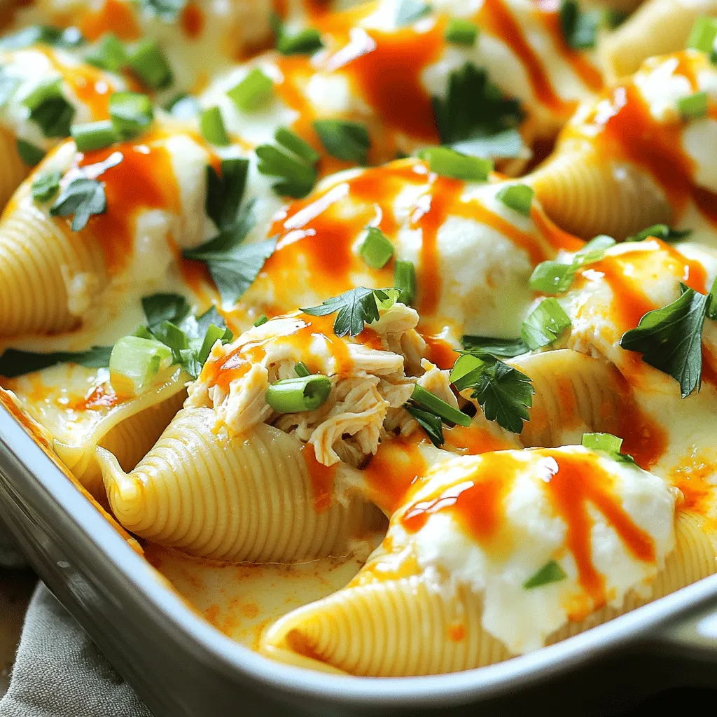 - 12 jumbo pasta shells - 2 cups shredded cooked chicken - 1 cup cream cheese, softened to room temperature - 1 cup buffalo sauce (more or less depending on your spice preference) - 1 cup shredded mozzarella cheese, divided - 1/2 cup ricotta cheese - 1/4 cup green onions, finely chopped - 1 teaspoon garlic powder - 1 teaspoon onion powder - Salt and pepper to taste - Fresh parsley, chopped, for garnish Gather all the ingredients before you start cooking. This makes the process smooth and easy. Jumbo pasta shells are the star of this dish. They hold the creamy filling well. Use shredded cooked chicken for a quick prep. I like to use rotisserie chicken for flavor. Cream cheese adds creaminess. It blends beautifully with buffalo sauce. Adjust the spice level with the buffalo sauce. If you like it hot, add more sauce. If you prefer mild, use less. Mozzarella cheese is a must for that melty topping. Ricotta cheese adds a nice texture. Green onions bring a fresh crunch. Garlic and onion powder enhance the flavor. Don't forget salt and pepper to taste. Finally, fresh parsley garnishes the dish. It adds color and freshness. Enjoy gathering these ingredients! They will make your dish shine. First, preheat your oven to 375°F (190°C). This step is key for great cooking. A hot oven helps the cheese melt and brown nicely. Next, boil a large pot of salted water. Add the jumbo pasta shells once the water is boiling. Cook them for about 9-11 minutes until they're al dente. Drain the shells and let them cool for a bit. In a big mixing bowl, combine the shredded chicken, softened cream cheese, and buffalo sauce. Add the ricotta cheese, half of the mozzarella, and chopped green onions. Sprinkle in garlic powder, onion powder, salt, and pepper. Mix until everything is creamy and smooth. Now, it's time to fill the shells. Use a spoon or piping bag to stuff each shell with the buffalo chicken mix. Be generous but avoid overstuffing. Take a large baking dish and grease it lightly. Spread a thin layer of buffalo sauce on the bottom. This helps prevent sticking and adds more flavor. Place the stuffed shells in the dish with the open side facing up. Pour leftover buffalo sauce on top and sprinkle the remaining mozzarella cheese over everything. Cover the dish with aluminum foil and bake for 20 minutes. After that, remove the foil and bake for another 10 minutes. The cheese should be bubbly and golden brown when done. Once baked, take the dish out of the oven and let it cool for a few minutes. Garnish with fresh parsley and extra green onions if you like. Serve warm, and enjoy this delightful meal! To get a smooth and creamy filling, use softened cream cheese. This helps blend it well with the chicken and cheeses. Mix the ingredients gently to keep the filling light. If it's too thick, add a bit more buffalo sauce or a splash of milk. Aim for a spreadable mix that holds its shape in the shells. Buffalo sauce can be hot! If you like less heat, use less sauce. Start with half a cup, then taste. You can always add more if needed. For a milder twist, mix in some ranch dressing or sour cream. This adds creaminess and cuts the spice, making it great for everyone. To ensure even cooking, place the stuffed shells in a single layer in the baking dish. This allows the heat to circulate around each shell. Cover with foil for the first part of baking. This keeps moisture in and helps the cheese melt evenly. After removing the foil, bake until the tops are golden and bubbly. This gives a nice finish to your dish. {{image_4}} You can switch up the protein in this dish. Try shredded rotisserie chicken for quick prep. If you want a lighter option, use turkey. For a twist, swap in cooked shrimp or even canned tuna. Each choice adds its own flavor and texture to the shells. For a meat-free version, use a mix of veggies. Try finely chopped bell peppers, mushrooms, and spinach. You can also add black beans for protein. Replace chicken with crumbled tofu or tempeh. Use the same creamy filling by adding extra cream cheese and buffalo sauce for flavor. If you need a gluten-free option, choose gluten-free pasta shells. Many brands offer great alternatives that cook well. Make sure your buffalo sauce is gluten-free, too. You can use rice or quinoa as a base instead of pasta. This keeps the dish hearty and satisfying. To store leftovers, let the stuffed shells cool down. Place them in an airtight container. You can keep them in the fridge for up to three days. Make sure to separate layers with parchment paper to avoid sticking. When you're ready to enjoy leftovers, preheat your oven to 350°F (175°C). Place the shells in a baking dish. Cover with foil to keep moisture in. Heat for about 20 minutes or until hot. You can also microwave them. Just cover with a damp paper towel and heat in short bursts. If you want to freeze the stuffed shells, prepare them but don't bake. Wrap each shell in plastic wrap. Place them in a freezer-safe bag or container. They can last up to three months in the freezer. When ready to eat, thaw in the fridge overnight and bake as instructed. Yes, you can use pre-cooked rotisserie chicken. It saves time and adds great flavor. Just shred it before mixing it into the filling. This makes the dish quick and easy for busy days. To make this dish less spicy, use less buffalo sauce. You can also mix in some cream cheese or add more ricotta cheese to cool it down. This way, you keep the creamy texture while balancing the heat. These stuffed shells pair well with a simple green salad or garlic bread. You can also serve them with carrot and celery sticks for a fun crunch. A cool ranch dip can complement the spice, too. Leftovers last about 3 to 4 days in the fridge. Make sure to store them in an airtight container. This keeps them fresh and ready for a quick meal later in the week. Yes, you can prepare this dish ahead of time. Assemble the shells and place them in the fridge before baking. Just cover them tightly with foil. When you're ready, bake them straight from the fridge. This makes meal prep so much easier! You learned how to make creamy buffalo chicken stuffed shells. We covered the ingredients, preparation, and baking steps. I shared tips to perfect the dish and added fun variations. You now know how to store leftovers and answer common questions. This dish is simple yet packed with flavor. Enjoy making it your own. Your kitchen will smell amazing, and your family will love it!