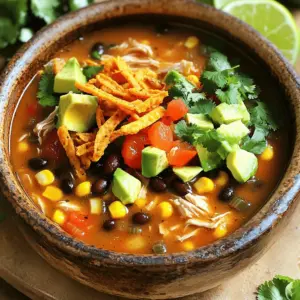 - 1 lb boneless, skinless chicken breasts - 1 can (14.5 oz) diced tomatoes with green chilies - 1 can (15 oz) black beans, rinsed and drained - 1 cup corn kernels (fresh or frozen) - 1 small onion, finely diced - 3 cloves garlic, minced - 4 cups chicken broth (preferably low-sodium) - 1 tablespoon taco seasoning - Salt and pepper to taste - Tortilla strips for garnish - Fresh cilantro, chopped, for garnish - 1 ripe avocado, diced, for garnish - Lime wedges for serving When I create this Instant Pot chicken tortilla soup, I focus on simple but bold flavors. The main ingredients are the foundation. Chicken adds protein and makes the soup hearty. The diced tomatoes with green chilies bring a nice kick, while black beans add fiber and texture. Next, I add corn for sweetness, diced onion for depth, and garlic for aroma. These ingredients blend perfectly. They make the soup rich and inviting. The spices are key to a great flavor. I use low-sodium chicken broth to keep it healthy. Taco seasoning adds a zesty touch. I always taste and adjust salt and pepper to get the perfect balance. Garnishes make the soup shine. Crispy tortilla strips add crunch, while chopped cilantro gives freshness. Diced avocado adds creaminess, and lime wedges brighten every bite. These touches turn a simple soup into something special. To start, I set my Instant Pot to 'Sauté' mode. I pour in the olive oil and let it heat up. Next, I add the diced onion and sauté it for about 3 to 4 minutes. I want the onion to be soft and clear. After that, I toss in the minced garlic, cooking it for another 30 seconds. The garlic should smell nice but not burn. I then take the chicken breasts and season them with salt, pepper, and taco seasoning. This step is key to adding flavor. I place the seasoned chicken into the pot and let it sear for 2 to 3 minutes on each side. Just a light brown is perfect. Once the chicken is browned, I pour in the can of diced tomatoes with green chilies. I follow that with the rinsed black beans, corn, and chicken broth. Stirring is important to mix all the ingredients well. Now, I close the Instant Pot lid, making sure the pressure valve is set to sealing. I select the 'Pressure Cook' function and set the timer for 10 minutes. After it finishes cooking, I do a quick release of the pressure. I turn the valve to allow steam to escape quickly. Once it’s safe, I open the lid and take two forks to shred the chicken right in the pot. This keeps the flavors mixed in. I give everything a good stir and taste the soup, adjusting the seasoning if needed. Then, I ladle the flavorful soup into bowls. I love to top each bowl with crunchy tortilla strips, fresh chopped cilantro, and diced avocado. A squeeze of fresh lime juice adds a perfect touch. - Use low-sodium chicken broth for a healthier option. - Experiment with fresh or frozen corn for best results. - Ensure the pressure valve is correctly set before cooking. - For more flavor, let the soup sit for a few minutes after cooking. - Use colorful bowls and arrange garnishes artistically. - Serve with lime wedges for added brightness. These tips really help me make the soup special. Choosing low-sodium broth keeps it light and fresh. Fresh corn adds a pop of sweetness, while frozen corn is easy and quick. Before you start cooking, check that the pressure valve is in the right place. It helps the soup cook evenly. After cooking, I like to let the soup rest for a bit. It allows the flavors to mix well. When serving, I love using bright bowls. They make the meal more fun. Adding lime wedges gives a nice touch. A squeeze of lime brightens the soup and makes it taste even better. {{image_4}} You can easily make this soup vegetarian. Just swap the chicken for chickpeas or tofu. Chickpeas add a nice bite and protein. Tofu offers a creamy texture and soaks up flavors well. Use 1 can of chickpeas or 1 block of firm tofu, cubed. This change makes the soup hearty and satisfying. If you like heat, this soup can be spiced up! Add diced jalapeños or extra taco seasoning. Start with one or two jalapeños, depending on your spice level. Increase the taco seasoning by one teaspoon if you want more flavor. This gives the soup a warm kick that many enjoy. For a rich taste, try a creamy version of this soup. Stir in a splash of cream or a few ounces of cream cheese before serving. This makes the soup smooth and velvety. It also balances the spices well. Adjust the amount based on your cream preference for the perfect taste. Store any leftover soup in an airtight container. It stays fresh for up to 3 days. This way, you can enjoy it again without losing its great taste. You can freeze the soup in portions. Use freezer-safe bags or containers. It will keep well for up to 3 months. This is perfect for quick meals later. To reheat, use the stove or microwave. Heat until warm, stirring occasionally. If you want it extra hot, keep it on the heat a bit longer. Enjoy your delicious soup again! Yes, you can use frozen chicken; increase cooking time slightly. Frozen chicken works well in this recipe. Just remember to adjust the cooking time on your Instant Pot. This way, you still get that tender chicken without any fuss. Great options include cornbread or a side salad. Cornbread adds a nice sweet touch. A fresh salad helps balance the meal. Both make your dinner feel complete and satisfying. Use a cornstarch slurry or blend a portion of the soup. To make a slurry, mix cornstarch with water. Stir this into the soup and heat until thickened. Blending adds creaminess and helps thicken too. Yes, the soup stores well and can be made ahead of time. You can make a big batch and store it in the fridge. It tastes even better the next day as the flavors blend. Tortilla strips, cilantro, avocado, and lime wedges enhance the dish nicely. These toppings add crunch, freshness, and a burst of flavor. They make your soup look and taste amazing. For the full preparation details, refer to the "Fiesta Chicken Tortilla Soup" recipe above. This will guide you through every step to make this delicious soup. This blog post shared a simple way to make delicious Fiesta Chicken Tortilla Soup. You learned about the key ingredients, step-by-step cooking, and helpful tips. Remember, you can switch it up with vegetarian or spicy options. The soup stores well and heats easily for busy days. Try garnishing with fresh toppings for more flavor. Making this soup can bring warmth and joy to your table. Enjoy your cooking, and share this recipe with friends!