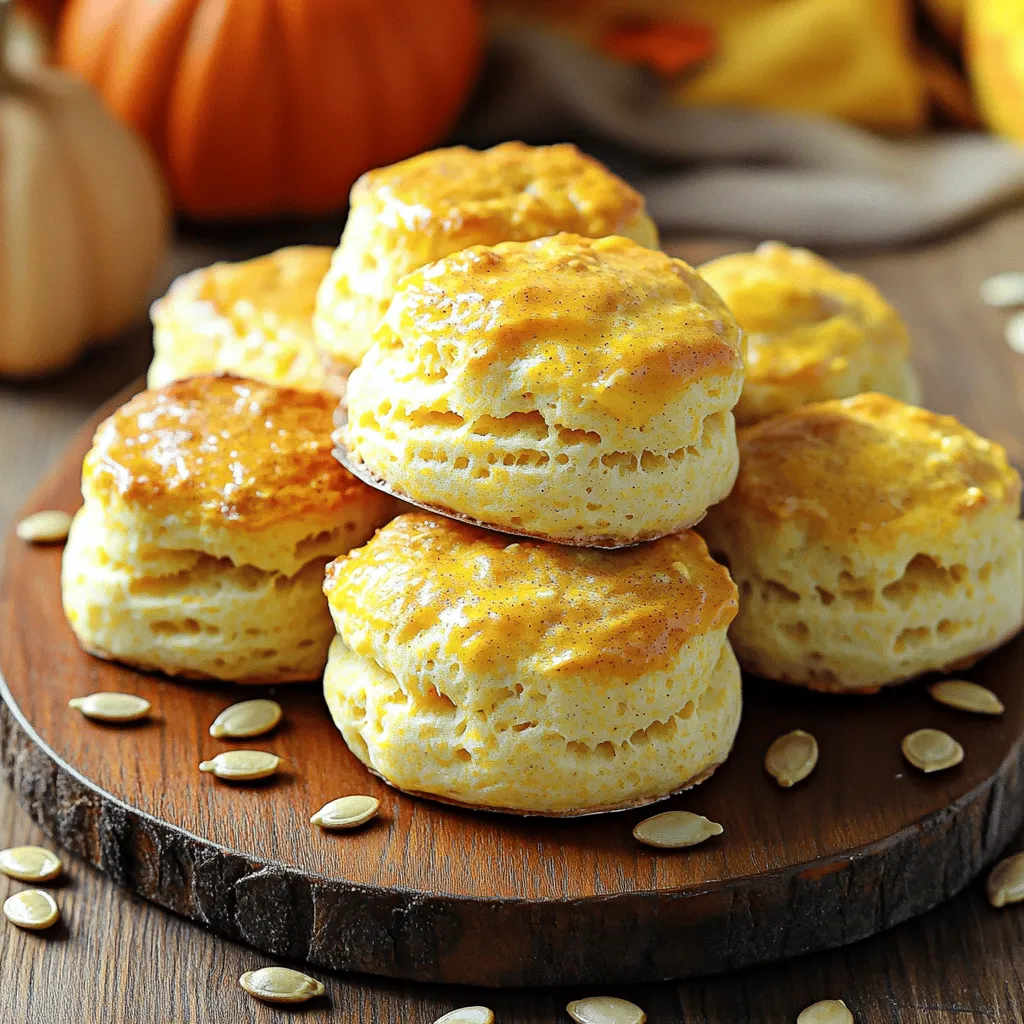 To make fluffy pumpkin biscuits, gather these key items: - 2 cups all-purpose flour - 1 tablespoon baking powder - 1/2 teaspoon baking soda - 1/2 teaspoon salt - 1 teaspoon ground cinnamon - 1/2 teaspoon ground ginger - 1/4 teaspoon ground nutmeg - 1/4 cup cold unsalted butter, cut into small cubes - 3/4 cup pumpkin puree (canned or freshly prepared) - 1/4 cup milk (dairy or non-dairy) - 2 tablespoons honey or maple syrup - 1 egg, lightly beaten (for egg wash) These ingredients create a rich and soft biscuit with delightful pumpkin flavor. You can easily swap some ingredients to fit your needs: - All-purpose flour: Use whole wheat flour for a nuttier taste. - Butter: Coconut oil or vegan butter works well for a dairy-free option. - Milk: Almond milk or soy milk are great non-dairy substitutes. - Sweeteners: Agave syrup can replace honey for a vegan version. These substitutions allow you to customize the recipe while keeping the biscuits delicious. I often use canned pumpkin puree for convenience. It's smooth and ready to use. However, fresh pumpkin can add a unique taste. If you choose fresh, roast the pumpkin first, then mash it. Both options work well in this recipe. Just remember to drain excess water from fresh pumpkin. This ensures your biscuits stay light and fluffy. Start by preheating your oven to 425°F (220°C). This heat will help the biscuits rise well. Next, line a baking sheet with parchment paper. This keeps the biscuits from sticking. In a large bowl, mix together the dry ingredients. Combine 2 cups of all-purpose flour, 1 tablespoon of baking powder, 1/2 teaspoon of baking soda, and 1/2 teaspoon of salt. Then add 1 teaspoon of ground cinnamon, 1/2 teaspoon of ground ginger, and 1/4 teaspoon of ground nutmeg. Whisk these ingredients until they blend well. This step is key for even flavor. Now, add 1/4 cup of cold, cubed unsalted butter to the flour mix. Use a pastry cutter, fork, or your fingers to work the butter into the flour. You want the mix to look like coarse crumbs. Don’t overwork it; this keeps your biscuits fluffy. In another bowl, mix 3/4 cup of pumpkin puree, 1/4 cup of milk, and 2 tablespoons of honey or maple syrup. Stir until smooth. Pour this pumpkin mix into the dry ingredients. Gently stir until just combined. It’s okay if there are lumps; over-mixing can make the biscuits tough. Flour your work surface lightly. Transfer the biscuit dough onto it and gently pat it into a rectangle about 1-inch thick. Use a biscuit cutter or a floured glass to cut out your biscuits. Press straight down without twisting. Place the cut biscuits on the baking sheet, leaving space between each one. Gather any scraps and re-shape them to cut more biscuits. For a nice finish, brush the tops of each biscuit with a lightly beaten egg. This gives them a golden color when baked. Now, bake the biscuits for about 12-15 minutes. They are done when they are golden brown on top. A toothpick should come out clean when you insert it into the center. After baking, cool the biscuits slightly on a wire rack. Enjoy them warm! To make your biscuits fluffy, keep your butter cold. Cold butter helps create air pockets while baking. When you mix the butter into the flour, aim for a crumbly texture. This keeps the biscuits light. Avoid over-mixing the dough. Stir until just combined. Some lumps are okay! This helps keep the biscuits airy. Preheat your oven to 425°F (220°C). This hot temperature helps the biscuits rise quickly. Bake for 12-15 minutes. Check for a golden brown top. A toothpick should come out clean from the center. If the biscuits look pale, they need more time. Remember to keep an eye on them to avoid burning. Get creative with your biscuit shapes! Use a biscuit cutter, or try a floured glass. You can even use cookie cutters for fun shapes. Just press straight down to keep the layers intact. This helps them rise better. Arrange them on your baking sheet, leaving space between each biscuit. It’s all about the fun shapes and sizes! {{image_4}} You can make your pumpkin biscuits even tastier with spices. Consider adding: - 1/2 teaspoon ground cloves for warmth. - 1 teaspoon allspice for a rich flavor. - A pinch of cayenne for a kick. Try mixing these spices into your dry ingredients. This small change can make a big difference. You’ll find new layers of flavor with each bite. If you want to change the sweetness, you have options. Instead of honey or maple syrup, try: - Coconut sugar for a caramel flavor. - Agave syrup for a lighter sweetness. For dairy, use: - Almond milk for a nutty taste. - Oat milk for a creamy texture. These swaps keep your biscuits delicious while fitting your diet. Get creative by adding unique ingredients. Cheese can add richness. Try: - 1/2 cup shredded cheddar for a savory twist. - Crumbled feta for a Mediterranean flair. Fresh herbs can brighten your biscuits. Add: - 1 tablespoon chopped rosemary for a fragrant note. - 1 tablespoon chopped sage for an earthy taste. Nuts can also give a crunchy texture. Consider: - 1/4 cup chopped pecans for sweetness. - 1/4 cup walnuts for a deeper flavor. These add-ins create a new experience with every batch. Enjoy mixing and matching to find your favorite version! To keep your fluffy pumpkin biscuits fresh, store them in an airtight container. This will help keep them soft. You can keep them at room temperature for up to two days. If you want to keep them longer, consider refrigeration. Just remember to let them cool completely before you store them. Freezing is a great way to save your biscuits for later. To freeze them, first let the biscuits cool. Then, place them on a baking sheet in a single layer for about an hour. This step will prevent them from sticking together. After that, transfer the biscuits into a freezer-safe bag. They can stay good in the freezer for up to three months. When you're ready to enjoy your frozen biscuits, reheating is key. For the best results, preheat your oven to 350°F (175°C). Place the biscuits on a baking sheet and cover them with foil. Heat for about 10-15 minutes, or until warmed through. You can also microwave them for 20-30 seconds, but they won't be as fluffy. Enjoy them warm! Yes, you can make these biscuits vegan. Replace the butter with a vegan butter or coconut oil. Use a non-dairy milk, like almond or oat milk, instead of regular milk. You can skip the egg wash or use a plant-based milk for brushing the tops. You can use a gluten-free flour blend if you need a gluten-free option. Almond flour or oat flour also works well, but you may need to adjust the liquid in the recipe. Each flour behaves differently, so some trial and error may be needed. The biscuits are done when they are golden brown on top. Insert a toothpick into the center; if it comes out clean, they are ready. The biscuits should feel firm yet soft to the touch. Keep an eye on them after 12 minutes to avoid overbaking. In this post, we explored essential ingredients, steps for making biscuits, and helpful tips. You learned about different variations and how to store your treats. Remember, you can change ingredients to suit your taste. Feel free to get creative with flavors and shapes. Don’t forget to check your biscuits for doneness by looking for a golden top. With these tips, you can bake delicious biscuits every time. Enjoy your time in the kitchen!