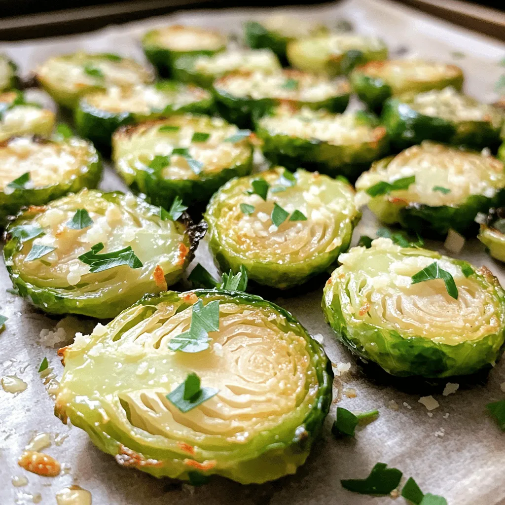 - 1 pound Brussels sprouts, trimmed and halved - 4 cloves garlic, finely minced - 1/4 cup freshly grated Parmesan cheese - 3 tablespoons extra-virgin olive oil - 1 teaspoon sea salt - 1/2 teaspoon freshly cracked black pepper - 1/2 teaspoon red pepper flakes (optional) - Fresh parsley for garnish The key to great Garlic Parmesan Roasted Brussels Sprouts lies in using fresh, simple ingredients. Start with the Brussels sprouts. Choose ones that are firm and bright green. Trim them well, cutting off the ends, and halve them to ensure even cooking. Next, garlic shines in this dish. Four cloves add a strong, savory kick. Mince them finely to release their oils. You want the garlic flavor to blend well with the sprouts. Now, let’s talk about cheese. Freshly grated Parmesan brings richness and depth. It melts beautifully over hot sprouts, adding a nice, cheesy touch. For the seasonings, extra-virgin olive oil serves as the base. It helps the veggies crisp up nicely. A teaspoon of sea salt balances the flavors, while black pepper adds warmth. If you want a bit of heat, toss in red pepper flakes. Finally, fresh parsley adds a pop of color and freshness when you serve. With these ingredients ready, you’re all set for a delicious meal. Each component plays a part in making this dish special. - Preheat your oven to 400°F (200°C). - Trim the Brussels sprouts, then cut them in half. - Mince the garlic into small pieces. - In a large bowl, combine the halved Brussels sprouts and minced garlic. - Drizzle 3 tablespoons of olive oil over the sprouts. - Sprinkle in 1 teaspoon of sea salt, 1/2 teaspoon of black pepper, and 1/2 teaspoon of red pepper flakes if you like heat. - Toss the mixture well with your hands or a spoon. Make sure every sprout is evenly coated. - Line a baking sheet with parchment paper. This makes cleanup easy. - Spread the Brussels sprouts in a single layer on the baking sheet. - Roast them in the oven for 20-25 minutes. Stir the sprouts halfway through to help them cook evenly. - After roasting, take the sheet out and sprinkle 1/4 cup of Parmesan cheese over the hot sprouts. - Return the baking sheet to the oven for 5 more minutes. This melts the cheese and gives it a nice texture. To get the best Garlic Parmesan Roasted Brussels Sprouts, spread them evenly on the baking sheet. This helps each sprout cook well and get crispy. If they are too close, they can steam instead of roast. Stir the sprouts halfway through cooking. This simple step helps them brown evenly and become tender. You can play with flavors by adding spices or herbs. Try thyme or rosemary for a fresh twist. If you like heat, add more red pepper flakes. To adjust the seasoning, taste the sprouts before serving. You can add more salt or pepper based on your preference. Enjoy making this dish your own! {{image_4}} If you want a vegan option, you can swap Parmesan cheese. Nutritional yeast works well. It gives a cheesy flavor without dairy. You can also use cashew cheese for a creamy touch. Both options keep it plant-based while still tasty. For gluten-free options, this recipe is naturally gluten-free. Just make sure your Parmesan cheese is from a gluten-free source. Most brands are safe, but always check the label. Adding balsamic vinegar or lemon juice can boost the taste. A splash of balsamic adds a sweet tang that pairs well with the sprouts. On the other hand, lemon juice brings a bright flavor that cuts through the richness. You can mix in other ingredients, too. Crispy bacon adds a savory crunch. Chopped nuts, like walnuts or pecans, give a nice texture. They also provide healthy fats. Don't be afraid to experiment and find what you love! To store your leftover Garlic Parmesan Roasted Brussels Sprouts, let them cool first. Use an airtight container for best results. Place them in the fridge if you plan to eat them within three days. For longer storage, freeze them in a freezer-safe bag. They will keep well for up to three months. When you’re ready to enjoy your sprouts again, I recommend using the oven. Preheat your oven to 350°F (175°C). Spread the sprouts on a baking sheet and heat for about 10 minutes. This method keeps them crispy. Avoid the microwave if possible. It can make your sprouts soggy. For a quick fix, you can use a skillet on medium heat. Just stir them often until they warm up. Enjoy the taste of your delicious dish again! Can I make this recipe ahead of time? Yes, you can prepare these Brussels sprouts in advance. Trim and halve the sprouts, then mix them with garlic and seasonings. Store this mix in your fridge for up to 24 hours. Right before serving, roast them for the best taste and texture. What other dishes pair well with this recipe? These roasted Brussels sprouts go well with many dishes. Try them with grilled chicken or fish. They also complement a hearty steak or a warm grain bowl. Add them to your holiday feast for a colorful side dish! How can I adjust the recipe for a larger group? To serve more people, simply double or triple the recipe. Use more baking sheets to ensure even roasting. Keep the cooking time the same, but check for doneness. The Brussels sprouts should be golden and tender when done. Health benefits of Brussels sprouts Brussels sprouts are packed with nutrients. They are high in fiber, which helps digestion. They also contain vitamins C and K, important for your immune system and bones. Plus, they have antioxidants that fight inflammation. Caloric breakdown per serving Each serving of Garlic Parmesan Roasted Brussels sprouts has about 150 calories. This includes healthy fats from olive oil and protein from Parmesan cheese. Enjoy these tasty sprouts without guilt! This blog post showed you how to make tasty Garlic Parmesan Roasted Brussels Sprouts. We covered essential ingredients, the right steps for cooking, and helpful tips. You can also mix it up with different flavors or storage methods. Remember, you can adjust the recipe to fit your needs. Whether you enjoy these as a side dish or a snack, this recipe is sure to please. Enjoy cooking and sharing this flavorful treat with others!