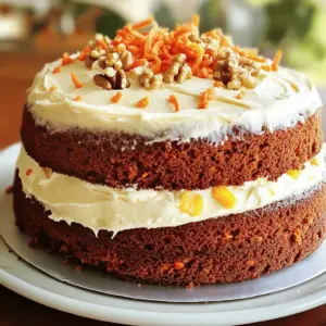 - 2 cups all-purpose flour - 2 teaspoons baking powder - 1 teaspoon baking soda - 1 teaspoon ground cinnamon - ½ teaspoon ground nutmeg - ½ teaspoon salt - 1 cup vegetable oil - 1 cup granulated sugar - 1 cup brown sugar, packed - 4 large eggs - 3 cups grated carrots (about 6-7 medium carrots) - ½ cup crushed pineapple, well-drained - 1 cup chopped walnuts (optional) - 1 cup raisins (optional) - 1 teaspoon vanilla extract Each ingredient plays a key role in the flavor and texture of the cake. - All-purpose flour gives the cake its structure. It holds everything together. - Baking powder and baking soda help the cake rise, making it light and fluffy. - Ground cinnamon and nutmeg add warm, sweet spice notes. These spices bring out the best in carrots. - Salt balances the sweetness and enhances flavor. It’s a must-have in any cake. - Vegetable oil keeps the cake moist and tender. It works better than butter in this recipe. - The sugars mix into the batter, creating sweetness and a rich flavor. Brown sugar adds depth. - Eggs help bind the ingredients and add moisture. They also give structure to the cake. - Grated carrots are the star of the show. They provide natural sweetness and moisture. - Crushed pineapple adds more moisture and a hint of tropical flavor. Make sure it’s well-drained. - Walnuts and raisins give texture and extra flavor. They are optional, but I love them in my cake. - Vanilla extract rounds out the flavors. It is essential for a great taste. Gather these ingredients, and you’re ready to make a delicious carrot cake! 1. Preheat the Oven: First, set your oven to 350°F (175°C). This helps the cake bake evenly. Grease and flour two 9-inch round cake pans to prevent sticking. 2. Mix Dry Ingredients: In a large bowl, combine 2 cups of all-purpose flour, 2 teaspoons of baking powder, 1 teaspoon of baking soda, 1 teaspoon of ground cinnamon, ½ teaspoon of ground nutmeg, and ½ teaspoon of salt. Whisk these until blended well. 3. Prepare Wet Ingredients: In another bowl, mix 1 cup of vegetable oil, 1 cup of granulated sugar, and 1 cup of packed brown sugar. Stir until smooth. Add 4 large eggs one at a time, mixing well after each. 4. Incorporate Vegetables and Flavors: Gently fold in 3 cups of grated carrots, ½ cup of well-drained crushed pineapple, and optional 1 cup of chopped walnuts or 1 cup of raisins. Add 1 teaspoon of vanilla extract and mix until evenly combined. 5. Combine Wet and Dry Mixtures: Slowly add the dry mix to the wet mix. Use a spatula to fold gently until just combined. Be careful not to overmix, as this can make the cake dense. 6. Fill the Cake Pans: Divide the batter evenly between the two prepared pans. Smooth the tops with a spatula if needed. 1. Bake: Place the pans in the preheated oven. Bake for 25-30 minutes. Check if they are done by inserting a toothpick in the center. If it comes out with a few moist crumbs, they are ready. 1. Cool the Cakes: Remove the cakes from the oven. Let them cool in the pans for about 10 minutes. Then, carefully transfer them to wire racks to cool completely. 2. Prepare Cream Cheese Frosting: While the cakes cool, make your frosting. In a mixing bowl, beat 8 oz of softened cream cheese and ½ cup of unsalted butter until smooth. Gradually add 4 cups of powdered sugar and 1 teaspoon of vanilla extract, mixing until fluffy and well blended. Now, your cakes are ready to be frosted and enjoyed! To bake the best carrot cake, avoid common mistakes. Here are some tips: - Measure Ingredients Carefully: Use the right tools. Too much flour makes the cake dry. - Do Not Overmix: Gently fold the batter. Overmixing can create a tough cake. - Use Fresh Ingredients: Fresh carrots and spices yield better flavor. - Check Oven Temperature: Use an oven thermometer. An inaccurate oven can ruin your bake. For the best texture, aim for a moist cake. The grated carrots and crushed pineapple help. They add moisture and sweetness. You can also add walnuts or raisins for crunch and flavor. Achieving a smooth frosting application is key to a beautiful cake. Here’s how: - Cool Cakes Completely: Frosting on warm cakes can melt. Wait until the cakes are cool. - Use a Crumb Coat: Apply a thin layer of frosting first. This seals crumbs and makes for a smooth finish. - Warm the Frosting: If it’s too thick, gently warm the frosting. This helps in spreading. For decoration, sprinkle chopped walnuts or grated carrots on top. You can even add a dusting of cinnamon or nutmeg for extra flair. Pair your carrot cake with drinks that enhance its flavors. Here are some ideas: - Coffee or Tea: The warmth of coffee or tea balances the sweetness of the cake. - Milk: A cold glass of milk complements the rich flavors well. - Fruit Garnish: Serve with fresh fruit for a refreshing touch. Try slices of orange or berries. These pairings make your dessert even more enjoyable. {{image_4}} You can easily change some ingredients in your carrot cake recipe. If you want a gluten-free version, use gluten-free flour. This works just as well and keeps the cake tasty. For a sugar-free option, try using a sweetener like stevia or erythritol. Just remember to adjust the amounts since these sweeteners can be sweeter than sugar. Feel free to add fun mix-ins to your cake. Shredded coconut adds a nice texture. Dried fruits, like cranberries or apricots, give a sweet twist. You can also swap out walnuts for pecans or leave them out entirely if you prefer. If you want to make this cake vegan, you can use flax eggs instead of regular eggs. For each egg, mix 1 tablespoon of flaxseed meal with 2.5 tablespoons of water. Let it sit for a few minutes until it thickens. Use almond milk or soy milk in place of regular milk if needed. To make this cake nut-free, just skip the walnuts. You can still have a rich flavor with the carrots and spices. If you want to keep it healthy, reduce the sugar. Try using applesauce instead of some of the oil to lighten the cake. This keeps it moist and adds natural sweetness. To keep your leftover carrot cake fresh, store it in an airtight container. This will help it stay moist. If you have extra frosting, store it separately. For the best flavor, enjoy the cake within a few days. If you want to save the cake for later, freezing is a great option. First, slice the cake into pieces. Wrap each slice tightly in plastic wrap. Then, place the wrapped slices in a freezer-safe bag. This method helps avoid freezer burn. You can store it in the freezer for up to three months. For the best taste, eat your carrot cake within three to five days if stored in the fridge. If frozen, let it thaw overnight in the fridge before enjoying. This way, you keep that delicious carrot flavor and moist texture. What is the best way to keep carrot cake moist? To keep your carrot cake moist, store it in an airtight container. You can also wrap it in plastic wrap. Adding crushed pineapple helps retain moisture. This makes the cake soft and tender. Can I make this recipe in advance? Yes, you can make this recipe in advance. Bake the cakes and let them cool completely. Wrap them well and store them in the fridge. You can frost them the next day for the best flavor. How do I know when my cake is done baking? To check if your cake is done, insert a toothpick into the center. If it comes out with a few moist crumbs, the cake is ready. If it has wet batter, let it bake for a few more minutes. What’s the ideal temperature for serving carrot cake? The best temperature for serving carrot cake is room temperature. This brings out the flavors and makes the cake taste even better. If it’s too cold, the flavors may not shine as bright. Can I substitute applesauce for oil in this recipe? Yes, you can substitute applesauce for oil. Use the same amount of applesauce as oil. This makes the cake a bit healthier and still keeps it moist. Just remember that it may change the flavor slightly. You learned how to make a tasty carrot cake from scratch. We covered essential ingredients, step-by-step instructions, and valuable tips. You can also explore variations to suit your needs, like vegan options or ingredient substitutions. Finally, we discussed the best ways to store your cake and answered common questions. Enjoy baking and sharing this delightful treat with loved ones. Your homemade carrot cake will surely impress everyone!