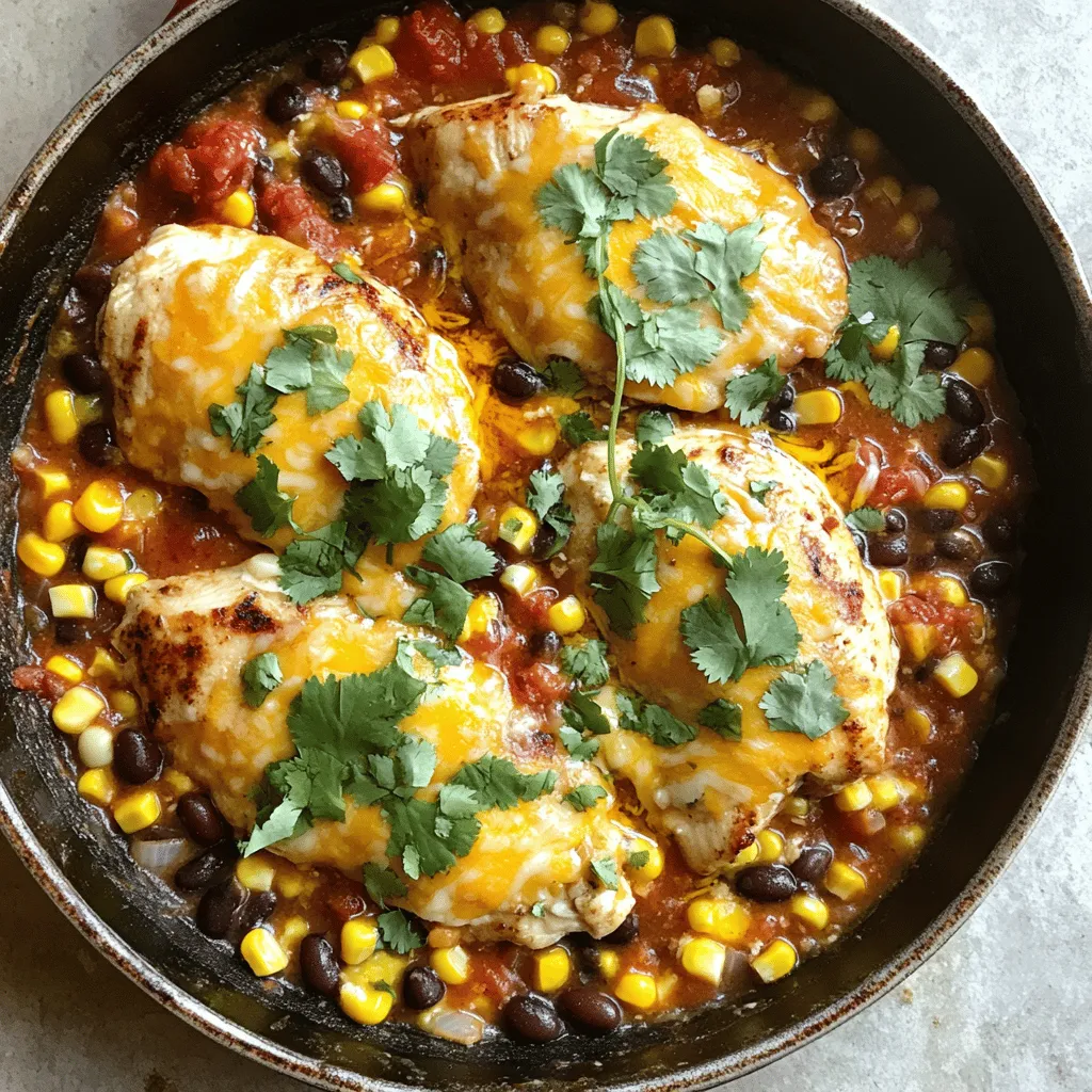 - 4 boneless, skinless chicken breasts - 1 cup salsa (select your preferred heat level: spicy or mild) - 1 cup corn (freshly cut, or frozen/canned, well-drained) - 1 cup black beans, well rinsed and drained The main ingredients are simple yet packed with flavor. The chicken breasts serve as the protein base. You can choose spicy or mild salsa based on your taste. Corn adds sweetness, while black beans provide heartiness. Each ingredient plays a key role in making this dish both tasty and filling. - 1 teaspoon ground cumin - 1 teaspoon chili powder - Salt and black pepper, to taste - Fresh cilantro, chopped, for garnish Seasonings bring the dish to life. Ground cumin and chili powder add warmth and depth. A pinch of salt and pepper enhances the flavors. Fresh cilantro is a must for brightening the dish before serving. It adds a nice touch that makes the meal feel special. - 1 cup shredded cheddar cheese (or your favorite melting cheese) - 2 tablespoons extra virgin olive oil Cheese gives a creamy texture and rich flavor. You can pick your favorite type of melting cheese. Olive oil helps to sear the chicken perfectly, adding a nice crisp. While optional, these ingredients enhance the overall dish and provide extra satisfaction. - Preheat the oven to 375°F (190°C). - Heat olive oil in an oven-safe skillet. To start, I preheat my oven. This step is key to getting a great roast. While it heats up, I grab a large, oven-safe skillet. I pour in some olive oil and let it warm over medium heat. The oil should shimmer but not smoke. - Season and sear the chicken breasts. - Transfer the chicken to a plate. Next, I season the chicken breasts with salt, black pepper, ground cumin, and chili powder. This mix gives the chicken a lovely flavor. I then place the seasoned chicken in the hot skillet. I let it sear for about 4-5 minutes on each side. I want that golden brown crust. Once done, I carefully transfer the chicken to a plate. - Mix salsa, corn, and black beans in the skillet. - Nestle the chicken back into the mixture and top with cheese. - Bake until cooked through. In the same skillet, I pour in salsa, corn, and black beans. I stir the mixture with a wooden spoon until all the ingredients blend well. Now, I nestle the chicken back into the salsa mix. I make sure to cover the chicken with some salsa. To finish, I sprinkle shredded cheddar cheese on top. I then transfer the skillet to the oven. I bake it for 25-30 minutes. The chicken should reach 165°F (75°C) to be fully cooked. After baking, I let it rest for a few minutes. This helps keep the chicken juicy and tender. To get a perfect golden brown crust, heat your skillet well. Make sure the olive oil is hot before adding the chicken. Sear each piece for about 4-5 minutes on each side. This step adds a nice texture and flavor. Letting the chicken rest is key. After baking, let it sit for a few minutes. This helps keep the juices inside. If you skip this step, the chicken may dry out. When it comes to melting cheese for Salsa Chicken, cheddar is a top choice. It melts perfectly and adds a rich flavor. Other good options include Monterey Jack or pepper jack. These cheeses bring extra creaminess and spice. Cheese enhances flavor and makes the dish more filling. It also adds a nice contrast to the tangy salsa. Choose your favorite cheese to make it your own. For an inviting presentation, serve Salsa Chicken in the skillet. This keeps it warm and looks rustic. You can also plate each chicken breast with salsa on top. Garnish with fresh cilantro for a pop of color. This adds brightness to the dish. Serve with sides like rice or tortilla chips for a complete meal. {{image_4}} If you want to switch things up, there are easy swaps for chicken. You can use turkey instead. Tofu is also a great choice for a plant-based option. Both will soak up the flavors well. For beans, consider using pinto or kidney beans. They add a nice twist. You can also use sweet corn or black-eyed peas for variety. The goal is to keep it fun and tasty. To boost flavor, try adding spices like paprika or garlic powder. Fresh herbs like basil or oregano can also add a punch. These small changes can make your dish stand out. You can toss in veggies like bell peppers or zucchini. Sauté them briefly before adding to the skillet. This extra step adds color and texture to your meal. If you want to make your own salsa, chop fresh tomatoes, onions, and cilantro. Add lime juice for zing. You can make it as spicy as you like! For store-bought salsa, look for different heat levels. Mild salsa is perfect for kids. If you love heat, try a hot version. Both choices work great in this dish. To store Salsa Chicken, let it cool first. Place it in an airtight container. This keeps the chicken fresh and tasty. In the fridge, it lasts about three to four days. Make sure to keep it sealed to prevent drying out. You can freeze Salsa Chicken for later meals. First, let it cool completely. Then, wrap it tightly in plastic wrap and place it in a freezer bag. Label the bag with the date. It can stay good in the freezer for up to three months. When you’re ready to eat, thaw it in the fridge overnight. To reheat, bake it at 350°F (175°C) for 25-30 minutes until hot. You can also microwave it until warmed through. Salsa Chicken is great for meal prep. You can make a batch on Sunday and enjoy it all week. Pair it with rice, salad, or tacos. Use leftovers creatively. Chop it up and add it to salads or burritos. You can even mix it into pasta for a unique dish. This makes meal planning easy and fun. How do I know when the chicken is fully cooked? The chicken is done when its center reaches 165°F (75°C). Use a meat thermometer for the best results. If you cut into the chicken, the juices should run clear, not pink. Can I make Salsa Chicken in a slow cooker? Yes, you can make Salsa Chicken in a slow cooker. Place the chicken, salsa, corn, and beans in the cooker. Cook on low for 6-8 hours or high for 3-4 hours. Add cheese in the last 30 minutes of cooking. What is the nutritional value of Salsa Chicken? Salsa Chicken offers a good balance of protein, fiber, and healthy fats. Each serving has around 300 calories, 30 grams of protein, and 10 grams of fat, depending on the cheese you use. How can I make this recipe healthier? You can make it healthier by using leaner cuts of chicken or reducing cheese. Add more veggies like bell peppers or spinach for extra nutrients. You can also use homemade salsa to control the sodium. Can I use bone-in chicken for this recipe? Yes, bone-in chicken works well too. Just remember that it may take longer to cook. Check the internal temperature to ensure it reaches 165°F (75°C). How to adjust the recipe for different serving sizes? To adjust servings, simply scale the ingredients up or down. For example, double the recipe for eight servings. Keep the cooking time similar, but check for doneness. Salsa Chicken combines simple ingredients for a tasty and easy meal. Use chicken, salsa, corn, and black beans for a filling dish. Don't forget the seasonings like cumin and chili powder for extra flavor. You can even switch up ingredients to suit your taste. Remember, leftovers are great for meal prep. Store and reheat easily for quick meals. Embrace this recipe for all its delicious options and enjoy your cooking journey!