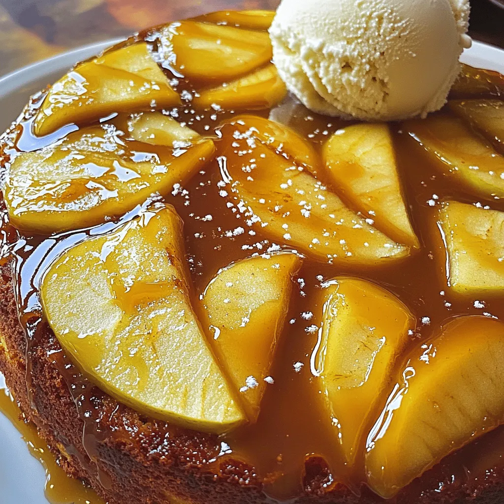 For the Salted Caramel Apple Upside-Down Cake, you will need the following ingredients: - 4 medium apples (like Granny Smith or Honeycrisp), peeled, cored, and thinly sliced - 1 cup granulated sugar, divided - 1/2 cup unsalted butter, plus 2 tablespoons for the batter - 1/2 teaspoon sea salt, plus more for garnish - 1 teaspoon ground cinnamon - 1 1/2 cups all-purpose flour - 1 1/2 teaspoons baking powder - 1/4 teaspoon baking soda - 1/2 teaspoon salt - 2 large eggs - 1 teaspoon vanilla extract - 3/4 cup whole milk Each ingredient plays a key role in making this cake a delight. The apples add natural sweetness and moisture. The sugar helps create that luscious caramel. Butter gives richness and flavor, while sea salt balances the sweetness. Ground cinnamon adds warmth. The flour, eggs, and milk are staples for a great cake texture. When you gather these ingredients, consider freshness. Fresh apples will enhance the flavor. Use good quality butter for the best taste. Trust me; these choices make a big difference. 1. Start by preheating your oven to 350°F (175°C). 2. Prepare a 9-inch round cake pan. Grease it with cooking spray or butter. 3. For easier release, line the bottom with parchment paper. 4. In a medium saucepan, melt 1/2 cup of unsalted butter over medium heat. 5. Once melted, mix in 1 cup of granulated sugar, 1/2 teaspoon of sea salt, and 1 teaspoon of ground cinnamon. 6. Stir this mixture gently for about 3-4 minutes until it bubbles. 7. Pour the hot caramel into the bottom of the prepared pan, spreading it evenly. 1. Take 4 medium apples, peel, core, and slice them thinly. 2. Layer the apple slices over the caramel in a circular pattern. 3. Make sure the apples overlap for a nice look. Set the pan aside. 1. In a large bowl, mix 1 1/2 cups of all-purpose flour, 1 1/2 teaspoons of baking powder, 1/4 teaspoon of baking soda, and 1/2 teaspoon of salt. 2. In a separate bowl, cream together 2 tablespoons of butter and 3/4 cup of granulated sugar using an electric mixer. 3. Beat until light and fluffy, then add 2 large eggs, one at a time. Mix after each addition. 4. Add 1 teaspoon of vanilla extract and mix well. 5. Gradually add the dry mix to the wet mixture, alternating with 3/4 cup of whole milk. 6. Mix until just combined; some lumps are fine. 7. Pour the batter over the arranged apples. Use a spatula to smooth the top. 1. Bake the cake for about 35-40 minutes. 2. Check doneness by inserting a toothpick in the center. It should come out clean. 3. Let the cake cool in the pan for about 10 minutes. 4. To invert, place a serving plate over the cake pan. Flip it upside down. 5. If the cake doesn’t come out easily, gently tap the pan's bottom. 6. Finish by sprinkling a pinch of sea salt over the top for added flavor. To make great caramel, watch closely. Heat the butter and sugar slowly. Stir it often to avoid burning. If it turns too dark, it can taste bitter. The right color is a warm amber. This gives the best flavor for your cake. Add ground cinnamon to the batter. This spice lifts the flavor of the cake. You can also use nutmeg or ginger for a twist. For apples, choose Granny Smith or Honeycrisp. These apples have a nice tartness. They hold their shape well when baked. This gives your cake a great texture and taste. Serve this cake warm for the best taste. Add a scoop of vanilla ice cream on top. The cold ice cream melts into the warm cake. You can also use whipped cream. Drizzle extra caramel sauce over each slice. A pinch of sea salt on top makes it even better. Enjoy every bite! {{image_4}} You can twist the salted caramel apple upside-down cake for every season. Adding nuts or dried fruits gives it a new crunch. Walnuts or pecans work well. Dried cranberries or apricots add a sweet touch. These mix with the apples to create a fun texture. Infusing flavors like bourbon or rum can take this cake to another level. Just a splash in the caramel adds warmth and depth. This makes the cake feel special for gatherings or holidays. Try different spirits to find your favorite taste. If you need a gluten-free version, use a gluten-free flour blend. This keeps the cake light and fluffy, just like the original. You can also swap regular sugar for coconut sugar or stevia. These choices lower calories and work for many diets. Always check the labels to ensure your substitutions fit your needs. These small changes let everyone enjoy the cake. You can satisfy a range of dietary needs while keeping the joy of this delicious dessert. To keep your salted caramel apple upside-down cake fresh, wrap it well. Use plastic wrap or foil. Store it in the fridge. This cake stays good for about 3-4 days. The cool air helps keep the flavors strong, and the apples juicy. When you want to enjoy the cake again, reheat it gently. Preheat your oven to 300°F (150°C). Place a slice on a baking sheet. Heat for about 10-15 minutes. This warms the cake without drying it out. You can also use a microwave for quick heat. Just warm it for about 10-15 seconds. Add a scoop of ice cream for extra delight! Can I use other types of fruits? Yes, you can use other fruits. Pears, peaches, or berries work well. Just slice them thinly and arrange them like apples. How do I know when the cake is done? Check the cake after 35 minutes. Insert a toothpick into the center. If it comes out clean, the cake is done. What is the best way to serve this cake? Serve the cake warm. A scoop of vanilla ice cream adds a creamy touch. Drizzle extra caramel on top for a sweet finish. Can I make the cake ahead of time? Yes, you can bake it a day ahead. Store it covered at room temperature. Reheat it gently before serving for best taste. What to do if the cake sticks to the pan? If the cake sticks, run a knife around the edges. Tap the pan gently to loosen it. If it still resists, let it cool a bit longer. Fixing overcooked caramel If your caramel is too dark, remove it from heat right away. Add a bit of water to the pan and stir to soften it. A slice of this cake has about 300 calories. This recipe makes 8-10 servings. For a healthier option, you can reduce sugar or use whole grain flour. This blog post covered everything you need to make a delicious apple cake. We discussed the ingredients, preparation steps, and baking process. I shared tips to enhance flavor and texture. You can also explore variations and storage methods. Baking is fun and creative. With practice, you can perfect your apple cake. Enjoy sharing this treat with friends and family. Happy baking!