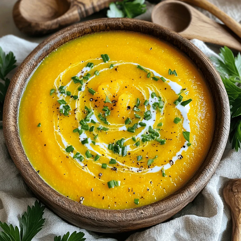 - 1 medium butternut squash, peeled, seeded, and cubed - 1 large onion, finely chopped - 2 cloves garlic, minced - 1 carrot, peeled and diced - 1 celery stalk, diced - 4 cups vegetable broth (homemade or store-bought) - 1 teaspoon ground ginger - 1 teaspoon ground cinnamon - 1 tablespoon extra-virgin olive oil - Salt and freshly ground black pepper to taste - 1/2 cup coconut milk (optional for creaminess) - Fresh parsley or chives, chopped, for garnish - A pinch of nutmeg for warmth - A splash of apple cider for sweetness - A bit of red pepper flakes for heat - Use sweet potato instead of butternut squash for a different flavor. - Swap vegetable broth for chicken broth for more depth. - Try almond milk in place of coconut milk for a nutty twist. First, grab a large pot. Heat the extra-virgin olive oil over medium heat. Once the oil is hot, add the finely chopped onion, diced carrot, and diced celery. Sauté these veggies for about 5 to 7 minutes. Stir them often until they soften and the onion turns translucent. This step builds a strong base for our soup. Next, it's time to add the star of the show—our butternut squash! Toss in the cubed squash and mix it well with the sautéed vegetables. Let everything cook together for another 3 to 4 minutes. This will help the squash soak up all those lovely flavors. Don’t forget to sprinkle in the ground ginger and ground cinnamon. These spices add warmth and depth. Season with salt and black pepper to taste. Now, pour in the vegetable broth, stirring until all ingredients are well combined. Bring the pot to a boil. Once it bubbles, lower the heat and let it simmer. After about 20 to 25 minutes, check if the squash is tender by piercing it with a fork. If it’s soft, take the pot off the heat. Now comes the fun part! Use an immersion blender to puree the soup. Aim for a smooth and creamy texture. If you don't have an immersion blender, carefully transfer the soup to a countertop blender in batches. Blend until creamy, then return it to the pot. For an extra touch of creaminess, stir in the coconut milk. This adds a rich flavor and a hint of sweetness. Gently heat the soup on low until it warms through, but do not let it boil. Now you’re ready to serve. Enjoy your cozy butternut squash soup! To get a smooth, creamy soup, you need to blend it well. I use an immersion blender. It makes this step easy and quick. If you don’t have one, a countertop blender works too. Just be careful when blending hot soup. Always let it cool a bit first. This way, the soup won’t splatter. To boost the flavor of the soup, try adding spices. Ground ginger and cinnamon give warmth and depth. You can also add a pinch of nutmeg for a nice twist. If you want a bit of heat, sprinkle in some red pepper flakes. Fresh herbs like thyme or rosemary can also add a lovely aroma. A large pot is key for making this soup. It allows room for all the veggies. An immersion blender is great for easy blending. If you need a countertop blender, ensure it’s large enough to hold the soup. A cutting board and good knife help when prepping your veggies. These tools make the cooking process smooth and fun. {{image_4}} To make a spicy butternut squash soup, add some heat. You can include red pepper flakes or diced jalapeños. Start with a small amount. Then, taste and adjust as needed. The heat can balance the sweetness of the squash. This twist makes the soup exciting and lively. This soup is easy to make vegan. Simply skip the coconut milk if you want. Instead, try cashew cream for richness. You can also add a splash of lemon juice for brightness. Use vegetable broth to keep it plant-based. These changes keep the soup creamy and delicious without dairy. You can make this soup heartier by adding proteins or grains. Consider adding cooked lentils for protein. Quinoa is also a great choice. It adds texture and nutrition. If you want a filling meal, try adding some rice. Just cook it separately and stir it in before serving. These additions make the soup satisfying and complete. To keep your butternut squash soup fresh, let it cool first. Transfer the soup to an airtight container. You can store it in the fridge for up to three days. When you're ready to enjoy it again, just give it a good stir. If you want to save the soup for later, freezing is a great option. Pour the cooled soup into freezer-safe containers. Leave some space at the top for expansion. You can freeze it for up to three months. Just label the containers with the date. To reheat the soup, you can use the stove or microwave. If using the stove, heat it in a pot over medium heat. Stir it often until it warms up. For the microwave, place the soup in a microwave-safe bowl. Heat it in short bursts, stirring in between, until it’s hot. You can add a splash of water or broth if it seems thick. You can use heavy cream or almond milk instead of coconut milk. Both options will give the soup a different taste and texture. If you want a non-dairy option, try oat milk or cashew cream. Each will add a unique flavor to your soup. You know the squash is cooked when it is soft and tender. Use a fork to poke the squash. If it goes in easily, the squash is ready. This should take about 20 to 25 minutes of simmering. Yes, you can make this soup ahead of time. Cook it and let it cool completely. Then, store it in an airtight container in the fridge for up to three days. You can also freeze it for up to three months. Just remember to thaw it before reheating. We explored the key ingredients for your butternut squash soup, including options to boost flavor. I shared step-by-step instructions for sautéing, blending, and perfecting the soup’s texture. You learned tips for consistency and flavor, plus recommended cooking gear. We also discussed tasty variations, storage methods, and answered common questions. By following these steps, you can enjoy a delicious bowl of soup any time. Get creative with flavors and enjoy your cooking journey!