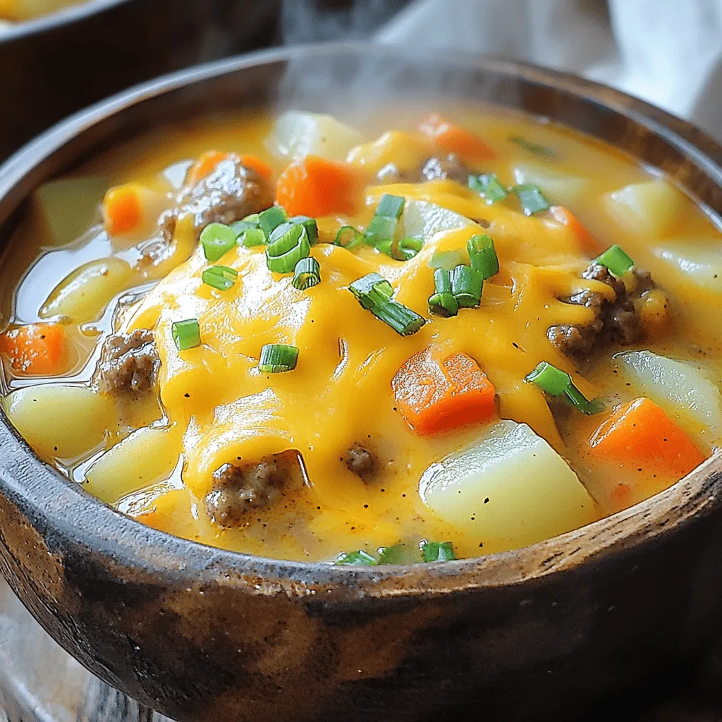 For the perfect Crock Pot cheeseburger soup, gather these ingredients: - 1 lb ground beef - 1 medium onion, diced - 2 cloves garlic, finely minced - 3 medium potatoes, peeled and cubed - 2 large carrots, peeled and diced - 1 bell pepper, diced (any color you prefer) - 4 cups beef broth (preferably low sodium) - 1 cup shredded sharp cheddar cheese - 1 cup whole milk - 1 tablespoon Dijon mustard - 1 teaspoon Worcestershire sauce - 1 teaspoon salt (adjust to taste) - 1/2 teaspoon freshly ground black pepper - 1/2 teaspoon smoked paprika - Optional: freshly chopped green onions for garnish For the best flavor and quality, I recommend using: - Ground Beef: Look for 80/20 ground beef for a good fat content. Brands like USDA Choice or certified Angus beef work well. - Cheese: Choose sharp cheddar from brands like Tillamook or Cabot for a rich taste. - Broth: Use low-sodium beef broth from Swanson or Kitchen Basics for a balanced flavor. If you have allergies or dietary needs, here are some easy swaps: - Ground Beef: Substitute with ground turkey or chicken for a leaner option. - Dairy: Use almond milk or coconut milk instead of whole milk for a dairy-free version. - Gluten: Worcestershire sauce may contain gluten, so opt for a gluten-free version. Always check labels to ensure safety. Start by gathering your ingredients. You will need: - 1 lb ground beef - 1 medium onion, diced - 2 cloves garlic, finely minced - 3 medium potatoes, peeled and cubed - 2 large carrots, peeled and diced - 1 bell pepper, diced - 4 cups beef broth - 1 cup shredded sharp cheddar cheese - 1 cup whole milk - 1 tablespoon Dijon mustard - 1 teaspoon Worcestershire sauce - 1 teaspoon salt - 1/2 teaspoon black pepper - 1/2 teaspoon smoked paprika - Optional: green onions for garnish Next, prepare your vegetables. Dice the onion, garlic, bell pepper, and carrots. Peel and cube the potatoes. This step helps the soup cook evenly and ensures great flavor in every bite. Now it’s time to cook! First, brown the ground beef in a skillet over medium heat. Break it apart as it cooks. Once browned, drain any fat and set the beef aside. In your crock pot, add the cooked beef, diced onion, minced garlic, cubed potatoes, diced carrots, and bell pepper. Pour in the beef broth and stir in the Dijon mustard, Worcestershire sauce, salt, black pepper, and smoked paprika. Mix everything well to combine all flavors. Cover the crock pot and set it to low for 6 to 8 hours or high for 3 to 4 hours. You’ll know it’s ready when the vegetables are soft and bursting with flavor. About 30 minutes before you plan to serve, stir in the whole milk and shredded sharp cheddar cheese. This is where the magic happens! Mix well until the cheese melts and the soup is creamy. Before serving, taste your soup. Adjust the seasoning if needed. If it’s too thick, add a splash of milk or broth. Ladle the hot soup into bowls and top with chopped green onions for a fresh finish. Enjoy your rich, comforting meal! For the full recipe, check the earlier section. To boost the taste of your cheeseburger soup, use fresh ingredients. Fresh herbs add great flavor. Try adding fresh parsley or thyme for a nice touch. Using low-sodium beef broth lets you control the salt. You can also add a splash of hot sauce for some heat. This adds depth without changing the soup's base flavors. Store leftover soup in an airtight container. It keeps well in the fridge for about three to four days. If you want to freeze it, let it cool first. Use freezer-safe bags or containers. It lasts up to three months in the freezer. To reheat, use a pot on the stove over low heat. Stir often to heat evenly. You can also use a microwave, but stir every minute to avoid hot spots. A common mistake is overcooking the vegetables. They should be tender but not mushy. Also, avoid adding the cheese too soon. Add it about 30 minutes before serving for the best melt. If the soup turns out too thick, add more milk or broth. Adjust seasoning at the end to get it just right. Follow the full recipe closely to avoid issues. {{image_4}} You can switch the ground beef for ground turkey. Turkey gives a lighter taste. If you want a veggie option, use lentils or chickpeas. They add protein and flavor without meat. Both options keep the soup hearty and satisfying. While sharp cheddar is classic, try mozzarella for a stretchier soup. Gouda adds a rich, smoky flavor that pairs well with the beef. Mix different cheeses for a fun twist. Experiment with your favorites to find the best combo. Add zucchini for a fresh crunch. Corn adds sweetness and color to the dish. You can toss in spinach or kale for extra nutrients. Feel free to mix and match veggies based on what you have. Each addition makes the soup even more comforting. For a complete guide on making this delicious soup, you can check the Full Recipe. To store leftovers, let the soup cool first. Then, transfer it to an airtight container. This helps keep the soup fresh. You can refrigerate the soup for up to three days. When reheating, make sure to warm it on low heat. Stir occasionally to prevent burning. You can freeze this cheeseburger soup for longer storage. Pour cooled soup into freezer-safe bags or containers. Leave some space at the top, as the soup will expand. You can freeze it for up to three months. To thaw, place it in the fridge overnight, then reheat gently. The shelf life of this soup in the fridge is about three days. If you see any signs of spoilage, like a strange smell or color, throw it away. Always reheat the soup to at least 165°F (74°C) before eating. This ensures it’s safe to enjoy. For best flavor, consume the soup within a few days of making it. Check the [Full Recipe] for more tips on making this comforting meal. To make the soup thicker, you can use a few simple tricks. First, mash some of the cooked potatoes with a fork. This adds creaminess and helps thicken the soup. Another method is to mix a bit of cornstarch with cold water. Stir this mixture into the soup about 30 minutes before serving. Let it cook a bit longer to reach the desired thickness. You can also reduce the liquid by cooking the soup uncovered for the last hour. Yes, you can prepare this soup ahead of time. Cook the soup as directed, then let it cool. Store it in the fridge for up to three days. When you are ready to eat, reheat it on the stove or in the crock pot. If you want to freeze it, let it cool completely, then transfer it to an airtight container. It can last in the freezer for up to three months. Thaw it in the fridge before reheating. Cheeseburger soup pairs well with many sides. Some great options are: - Crusty bread or rolls - Simple green salad - Garlic bread - Potato chips or fries - Pickles for a tangy crunch These sides enhance the meal and make it more filling, bringing comfort to your dining experience. For the full recipe, you can refer back to the earlier section. This blog post covered everything you need to make a delicious cheeseburger soup. We looked at the ingredients, including the best brands and substitutions. I shared clear steps for cooking in a crock pot and tips for added flavor. We also explored variations like using turkey or adding more veggies. Lastly, I provided storage info and answered common questions. Remember, this soup is simple, tasty, and perfect for any meal. Enjoy your cooking!