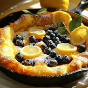 - 3 large eggs - 1 cup whole milk - 1 cup all-purpose flour - 1/4 cup granulated sugar - 1 teaspoon pure vanilla extract - Zest of 1 lemon - 1 tablespoon freshly squeezed lemon juice - 1/4 teaspoon fine salt - 4 tablespoons unsalted butter - 1 cup fresh blueberries - Powdered sugar for dusting - Fresh lemon slices for garnish Why fresh blueberries matter Fresh blueberries add a burst of flavor. Their sweetness balances the tartness of lemon. Frozen blueberries can work, but they may make the batter soggy. How to choose the right lemon Look for lemons that feel heavy for their size. This means they are juicy. Bright yellow skin shows freshness. Avoid any that feel soft or have blemishes. Alternatives for gluten-free options If you need a gluten-free dish, use a gluten-free flour blend. This swap works well in this recipe. Just ensure it has a binding agent, like xanthan gum, for best results. - Preheat the oven to 425°F (220°C). - Place a large cast-iron skillet or an oven-safe non-stick skillet in the oven to heat. This step helps create a nice rise in the Dutch baby. - In a mixing bowl, whisk together 3 large eggs and 1 cup of whole milk. - Add in 1 cup of all-purpose flour, 1/4 cup of granulated sugar, and 1/4 teaspoon of fine salt. - Mix in 1 teaspoon of pure vanilla extract, the zest of 1 lemon, and 1 tablespoon of freshly squeezed lemon juice. - Ensure your batter is smooth and free of lumps. - Carefully take the hot skillet out of the oven and add 4 tablespoons of unsalted butter. - Swirl the skillet to coat the bottom and sides well. - Pour the prepared batter into the hot skillet. - Distribute 1 cup of fresh blueberries evenly on top of the batter. - Place the skillet back in the oven and bake for 20-25 minutes. - The Dutch baby is done when the edges puff up and turn golden brown. - Remove the skillet from the oven and let it cool for a minute before slicing. It will slightly deflate as it cools. - Dust the top with powdered sugar and garnish with fresh lemon slices for a lovely finish. For the complete recipe, check out the Full Recipe. Using a hot skillet is key to a great Dutch baby. It helps the batter rise and puff. Preheat your cast-iron skillet in the oven for best results. If the skillet is not hot enough, the Dutch baby will not rise well. You want that beautiful puff! To avoid a deflated Dutch baby, serve it right away. It will lose its height as it cools. Take it out of the oven, dust with powdered sugar, and add lemon slices. Serve it fresh for the best taste and look. For a lovely finish, garnish your Dutch baby with powdered sugar and lemon slices. This adds a sweet touch. You can also pair it with syrup or whipped cream. Both make it even sweeter and more enjoyable. A good skillet makes a big difference. I recommend a cast-iron skillet. It heats evenly and gives a nice crust. A non-stick skillet works too but may not give the same texture. You will need bowls for mixing and a whisk for blending. A sturdy whisk will help you mix the batter smoothly. Make sure your tools are ready before you start. This saves time and keeps you organized while cooking. For the complete Lemon Blueberry Dutch Baby Delight, check out the Full Recipe. {{image_4}} You can change the flavor of your Dutch baby by adding different fruits. Try peaches or strawberries for a sweet twist. You might also add raspberries for a tart kick. Mixing these fruits with blueberries makes a fun and tasty dish. Citrus can give your Dutch baby a fresh taste. Consider using orange or lime zest. Both options bring a bright flavor that pairs well with the lemon and blueberries. A little zest makes your dish pop with taste. If you want a vegan version, you can make easy swaps. Use plant-based milk like almond or oat milk. For eggs, try flaxseed meal or chia seeds mixed with water. These options work well and keep the dish tasty. For a lower-sugar option, reduce the granulated sugar. You can also use natural sweeteners like maple syrup or honey. This keeps your Dutch baby sweet but healthier. After you enjoy your perfect lemon blueberry Dutch baby, store any leftovers in the fridge. Use an airtight container to keep it fresh. This dish stays good for up to three days in the fridge. When you want to eat it again, reheat slices in the oven at 350°F (175°C) for about 10 minutes. This way, it will taste just as good as fresh! If you want to save some for later, freezing is easy! First, let the Dutch baby cool completely. Cut it into slices for easy serving. Wrap each slice tightly in plastic wrap. Place the wrapped slices in a freezer bag or container. You can freeze it for up to two months. When you are ready to enjoy it again, take the slices out of the freezer. You can reheat them directly from frozen. Place the slices in the oven at 350°F (175°C) for around 15-20 minutes. This will warm them up and bring back that delightful puff! You can tell when your Dutch baby is done by looking at its edges. They should puff up and turn a golden brown. A toothpick inserted in the center should come out clean. This means the batter has cooked through. You can make a Dutch baby ahead of time, but it is best fresh. If you must prep ahead, cook it and let it cool. Store it in the fridge for a few hours. When ready to serve, reheat it in the oven. This will help it puff up again. You can serve your Dutch baby with many tasty options. A sprinkle of powdered sugar adds sweetness. Fresh lemon slices give a nice touch. You could add maple syrup or whipped cream for extra flavor. Fresh mint leaves also make a pretty garnish. To adjust the recipe, you need to change the ingredient amounts. For more servings, double the ingredients. For fewer servings, cut the amounts in half. Keep the oven temperature the same. Bake time might change slightly, so watch for doneness. Yes, you can use different types of flour. All-purpose flour works best for a classic Dutch baby. If you want a gluten-free version, try almond flour or a gluten-free blend. Just remember that different flours may change the texture and taste slightly. This blog post covered the tasty lemon blueberry Dutch baby. We looked at ingredients, step-by-step instructions, tips, variations, and storage. Using fresh blueberries and a hot skillet is key for success. Don’t be afraid to try new flavors or make substitutions. With practice, you'll create a delightful dish. Enjoy this treat for breakfast or brunch. It’s a fun recipe to share with friends and family. Now, get cooking and enjoy every bite!
