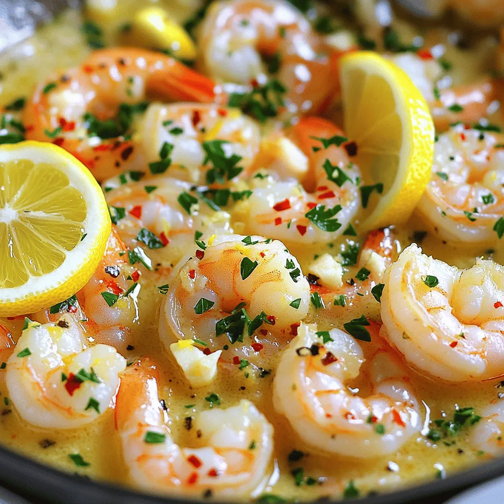 - 1 lb large shrimp, peeled and deveined - 4 tablespoons unsalted butter - 4 cloves garlic, finely minced - 1 teaspoon red pepper flakes - 1 large lemon, juiced and zested - 1/4 cup chicken or vegetable broth - Salt and freshly cracked black pepper, to taste - 2 tablespoons fresh parsley, finely chopped (for garnish) - Lemon slices, for garnish If you want to change things up, here are some easy swaps: - Use olive oil instead of butter for a lighter option. - Try shrimp with the shells on for added flavor. - Swap lemon for lime for a different citrus taste. - Use vegetable broth for a vegetarian version. - Red pepper flakes can be replaced with paprika for less heat. Garnishing adds a nice touch to your dish. Here are some ideas: - Fresh basil or cilantro instead of parsley for a new flavor. - Add grated Parmesan cheese for a rich taste. - Use thin lemon slices or wedges for color and zest. - Serve with a sprinkle of crushed red pepper for extra spice. These ingredients and options will help you create a tasty Lemon Garlic Butter Shrimp Skillet that’s sure to impress. Enjoy mixing and matching to suit your taste! Gather your ingredients before you start. You will need: - 1 lb large shrimp, peeled and deveined - 4 tablespoons unsalted butter - 4 cloves garlic, finely minced - 1 teaspoon red pepper flakes - 1 large lemon, juiced and zested - 1/4 cup chicken or vegetable broth - Salt and freshly cracked black pepper - 2 tablespoons fresh parsley, finely chopped - Lemon slices, for garnish This makes cooking easier and faster. Start by heating a large skillet over medium heat. Add the butter and let it melt. Swirl the pan gently for even coating. When the butter is melted, add the garlic and red pepper flakes. Cook for about 1 minute. The garlic should smell great but not brown. Next, add the shrimp to the skillet. Place them in a single layer. Season with salt and pepper. Cook for 2-3 minutes until the shrimp turn pink on one side. Flip the shrimp over and pour in the broth. Add the lemon juice and zest. Gently stir all ingredients. Cook for another 2-3 minutes. Ensure the shrimp are fully cooked and coated in the sauce. Taste the sauce and adjust the seasoning if needed. You can add more salt, pepper, or lemon juice for brightness. Once cooked, remove the skillet from the heat. Garnish your dish with parsley. Place lemon slices around the shrimp for color. Serve the shrimp right from the skillet or plate them individually. Drizzle with sauce and add extra parsley for a nice touch. Enjoy with crusty bread to soak up the delicious sauce! To get the best flavor, always use fresh shrimp. Look for shrimp that are firm and have a slight ocean scent. When cooking, use unsalted butter for more control over the salt. Melt the butter slowly to keep it from burning. Add the garlic once the butter is melted, and stir it to avoid browning. This keeps the taste bright and fresh. One common mistake is overcooking the shrimp. Cook them just until they turn pink. If you cook them too long, they become tough. Also, don’t skip the seasoning. Salt and pepper enhance the dish's flavor. Lastly, avoid using too much lemon juice at first. You can always add more later for a brighter taste. Serve your shrimp in the skillet for a cozy feel. Garnish with parsley and lemon slices for a pop of color. Pair it with crusty bread to soak up the sauce. You can also serve it over rice or pasta for a hearty meal. For a refreshing touch, add a simple green salad on the side. {{image_4}} If you want to switch it up, consider using other seafood. Scallops work great and cook fast. You can also use fish like salmon or tilapia. These options bring their own unique taste. Just adjust the cooking time based on what you choose. To elevate the flavor, add fresh herbs like thyme or basil. These herbs mix well with lemon and garlic. You can also toss in some cherry tomatoes for a sweet touch. If you like a kick, try adding more red pepper flakes. A splash of white wine can deepen the flavor as well. For a healthier twist, use olive oil instead of butter. This option is great for those watching their fat intake. If you need a gluten-free meal, ensure your broth is gluten-free. You can also serve this dish over zucchini noodles for a low-carb option. After enjoying your Lemon Garlic Butter Shrimp, store any leftovers in an airtight container. Make sure to let the shrimp cool to room temperature first. Keep it in the fridge for up to three days. If you want to keep it longer, consider freezing. To reheat, warm the shrimp in a skillet over low heat. Add a splash of broth or water to keep it moist. Stir gently until heated through. You can also microwave it in short bursts, stirring in between. Just be careful not to overcook the shrimp again. If you want to freeze the shrimp, pack it in a freezer-safe bag. Remove as much air as possible before sealing. It can last in the freezer for up to three months. When you're ready to eat, thaw it overnight in the fridge before reheating. Cooking shrimp is quick. It takes about 4 to 6 minutes total. First, cook them for 2 to 3 minutes on one side. When they turn pink, flip them and cook for another 2 to 3 minutes. The shrimp are done when they are fully pink and opaque. Yes, you can use frozen shrimp. Just make sure to thaw them first. Place the shrimp in cold water for about 15-20 minutes. Then, drain and dry them before cooking. This way, the shrimp will cook evenly. Lemon Garlic Butter Shrimp goes well with many sides. You can serve it with: - Crusty bread to soak up the sauce - Rice or quinoa for a filling meal - Steamed vegetables for a healthy touch - Pasta for a hearty option These sides enhance the dish and make your meal complete. In this post, we explored the key ingredients, cooking steps, and helpful tips for your lemon garlic butter shrimp. I shared substitutions, variations, and storage advice to make your dish shine. Remember, cooking is about fun and creativity. Don’t be afraid to experiment with flavors. Enjoy your meal and impress your guests with these tasty shrimp dishes. Happy cooking!