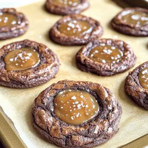 - 1 cup unsalted butter, melted - 1 1/4 cups packed brown sugar - 2 large eggs, at room temperature - 1 teaspoon vanilla extract - 1 cup all-purpose flour - 1/2 cup unsweetened cocoa powder - 1/2 teaspoon baking powder - 1/4 teaspoon fine sea salt - 1 cup semi-sweet chocolate chips - 1/2 cup salted caramel sauce (can be store-bought or homemade) - Sea salt flakes, for garnish For dietary needs, you can substitute: - Coconut oil for butter - Gluten-free flour for all-purpose flour Using unsalted butter is key here. It lets you control the salt amount in your cookies. If you use salted butter, your cookies may be too salty. Unsalted butter also helps achieve a rich flavor. Dark or semi-sweet chocolate chips add a deep, rich taste. They balance the sweet caramel. Dark chocolate has less sugar, which makes the cookies taste more grown-up. Semi-sweet chips melt nicely, giving gooey pockets of chocolate. For this recipe, you need some essential tools: - Mixing bowls for wet and dry ingredients - Whisk for blending the butter and sugar - Sifter for aerating dry ingredients - Baking sheets lined with parchment paper for easy release - Cookie scoop for portioning dough evenly Using these tools makes your baking easier and more fun. Parchment paper helps cookies bake evenly and prevents sticking. To start, preheat your oven to 350°F (175°C). This step is key for baking your cookies evenly. Next, melt 1 cup of unsalted butter in a bowl. Then, mix in 1 1/4 cups of packed brown sugar. Use a whisk to blend these two until smooth. This mixture will be the base of your cookies. After that, crack in 2 large eggs and add 1 teaspoon of vanilla extract. Whisk again until everything is mixed well. In a separate bowl, sift together 1 cup of all-purpose flour, 1/2 cup of unsweetened cocoa powder, 1/2 teaspoon of baking powder, and 1/4 teaspoon of fine sea salt. Sifting helps keep the dry ingredients light and fluffy. Gradually add this dry mix to your wet ingredients. Gently fold it in using a spatula until you see no dry flour. Be careful not to overmix; this keeps the cookies soft. Now, it's time to form your cookie dough. Use a spoon or a cookie scoop to drop generous tablespoons of dough onto lined baking sheets. Space them about 2 inches apart for even baking. With the back of a spoon, make a small indentation in the center of each mound. This is where the magic happens! Carefully fill each indent with about one teaspoon of salted caramel sauce. This will create a gooey, sweet center. Place the cookie sheets in your preheated oven. Bake for 10 to 12 minutes. The edges should look set, while the centers remain soft and slightly gooey. Keep a close watch to avoid overbaking. As soon as you pull them out of the oven, sprinkle a pinch of sea salt flakes over each warm cookie. This touch enhances the sweet and salty flavors. Let the cookies cool on the baking sheets for about 5 minutes. After that, transfer them to a wire rack to cool completely. This step is vital as it helps achieve that perfect brownie-like texture. Enjoy your delicious salted caramel brownie cookies! To know when your cookies are done, watch the edges. They should look set while the center stays soft. A slight shine on the top means they are just right. If the cookies look dry, they may be overbaked. To avoid overmixing, mix the dough just enough to combine. When you see no more flour streaks, stop mixing. Overmixing can make your cookies tough. Store leftover cookies in an airtight container. This keeps them fresh and soft. You can also layer parchment paper between cookies to prevent sticking. If you want to bake later, freeze the dough. Scoop the dough onto a baking sheet and freeze until firm. Then, transfer the dough balls to a freezer bag. You can bake them straight from the freezer; just add a minute or two to the bake time. Pair these cookies with your favorite drink. They go well with milk, coffee, or even hot chocolate. For a fun presentation, use a rustic wooden platter. Drizzle some salted caramel sauce over the top before serving. This adds flair and extra flavor to your dessert table. {{image_4}} You can enhance your salted caramel brownie cookies by adding nuts or spices. Chopped walnuts or pecans bring a great crunch. If you want warmth, try adding a pinch of cinnamon or nutmeg. These flavors mix well with chocolate and caramel. Flavored chocolate chips can also change the taste. For a fun twist, use mint or orange-flavored chips. They add a new layer of flavor. You can even mix different types for a unique cookie experience. Making gluten-free salted caramel brownie cookies is easy. Just switch the all-purpose flour with a gluten-free blend. This keeps the texture nice while making it safe for those with gluten issues. For a vegan version, replace the eggs with flax eggs. Mix one tablespoon of flaxseed meal with three tablespoons of water. Let it sit for a few minutes to thicken. Use vegan butter and dairy-free chocolate chips for a fully plant-based treat. You can serve these cookies in fun ways. Try making ice cream sandwiches! Just place a scoop of your favorite ice cream between two cookies. It's a delightful treat on a warm day. For festive occasions, arrange the cookies on a colorful plate. Drizzle extra salted caramel sauce over the top for a beautiful finish. Add some sprinkles or edible glitter for a touch of fun. These simple ideas make your cookies stand out at any gathering. You can find salted caramel brownie cookies at many local bakeries. Look for shops known for their desserts. They often have fresh cookies ready to go. You can also check farmer’s markets for unique flavors. If you prefer shopping online, several stores ship cookies right to your door. Websites like Amazon and specialty bakeries offer great options. Making cookies at home has many benefits. You control the ingredients and can adjust flavors. Freshly baked cookies taste better than store-bought ones. You can experiment with your favorite flavors too. Store-bought cookies may lack the richness of homemade ones. They often use preservatives, which can change the taste. When making salted caramel brownie cookies, choose quality ingredients. For unsalted butter, brands like Kerrygold or Land O'Lakes are great. Use Ghirardelli or Nestlé for semi-sweet chocolate chips. For brown sugar, Domino is a popular choice. When it comes to salted caramel sauce, look for brands like Torani or Smucker's. You can find these ingredients at grocery stores like Walmart or Target. Yes, you can use other flours. If you want a gluten-free option, try almond flour or oat flour. They add a nice flavor and texture to the cookies. Keep in mind that these flours may change the cookie's texture. Almond flour makes them softer, while oat flour can give a more cake-like feel. Just remember to use a bit less, as these flours absorb more moisture. To keep your cookies from spreading too much, chill the dough before baking. Put the dough in the fridge for about 30 minutes. This helps the butter harden, which keeps the cookies thicker. Also, use parchment paper on your baking sheets. It helps keep the cookies from spreading too quickly. Lastly, do not overmix your dough. Mix just until combined to ensure a thicker cookie. If your caramel is too thick, you can fix it easily. Heat it gently in a microwave or on the stove. Add a little water or cream while warming. Stir until it reaches your desired consistency. If you want a richer flavor, try using milk instead of water. Just remember to add small amounts at a time to avoid making it too thin. This guide covers everything you need for perfect cookies. We discussed the right ingredients, tools, and step-by-step instructions. You learned how to achieve great texture and store your cookies well. Plus, we explored variations and where to find supplies. Baking cookies can be fun and rewarding. With these tips, you can create delicious treats to share or enjoy yourself. Happy baking!