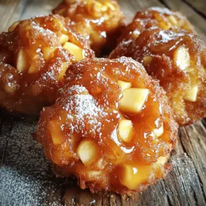 - 2 medium apples (preferably Granny Smith or Honeycrisp), peeled and finely diced - 1 cup all-purpose flour - 1/2 cup granulated sugar - 1/4 teaspoon baking powder - 1/4 teaspoon baking soda - 1/2 teaspoon ground cinnamon - 1/4 teaspoon ground nutmeg - 1/4 teaspoon salt - 1 large egg, gently beaten - 1/2 cup milk - 1/4 cup pure maple syrup (plus additional for glazing) - Vegetable oil for frying - Powdered sugar for dusting The apples give these fritters a sweet burst of flavor. I love using Granny Smith or Honeycrisp apples. They add a nice tartness and stay firm when cooked. Maple syrup is another star here. It adds a rich, sweet glaze that pairs perfectly with the fritters. Ground cinnamon and nutmeg bring warmth and spice, making every bite comforting and delicious. If you want a different flavor, you can swap the apples for pears. They work well too. For a gluten-free option, use a gluten-free flour blend in place of all-purpose flour. You can use almond milk instead of regular milk for a dairy-free fritter. If you don’t have maple syrup, honey or agave syrup makes a tasty glaze. Start by grabbing a large mixing bowl. Add 1 cup of all-purpose flour, 1/2 cup of granulated sugar, 1/4 teaspoon of baking powder, 1/4 teaspoon of baking soda, 1/2 teaspoon of ground cinnamon, 1/4 teaspoon of ground nutmeg, and 1/4 teaspoon of salt. Mix these dry ingredients well. Use a whisk or spoon to break any lumps. This step ensures even flavor in your fritters. In another bowl, beat 1 large egg and then add 1/2 cup of milk and 1/4 cup of pure maple syrup. Whisk these wet ingredients together until they blend smoothly. You want a uniform texture to help the fritters rise and stay fluffy. Now, pour the wet mixture into the bowl with the dry ingredients. Gently stir with a spatula or wooden spoon. Don't overmix; this keeps the fritters light. After that, fold in 2 medium apples, peeled and diced. Make sure the apples are evenly spread throughout the batter. Heat vegetable oil in a frying pan over medium heat to about 350°F (175°C). You need enough oil for the fritters to float. Use a spoon or small ice cream scoop to drop rounded batter into the hot oil. Don't overcrowd the pan. Fry each fritter for about 3-4 minutes per side. They should turn a nice, golden brown. While the fritters cool, prepare the maple glaze. In a small bowl, mix 1/2 cup of powdered sugar with 2-3 tablespoons of maple syrup. Whisk until smooth. Adjust the thickness by adding more sugar or syrup as needed. Drizzle this glaze over the warm fritters. For extra sweetness, dust with powdered sugar before serving. Enjoy your fresh and flavorful treat! To get the best texture, do not overmix the batter. Mix just until the dry and wet ingredients come together. This keeps the fritters light and fluffy. The apples add moisture, so keep the diced pieces small. Use a mix of Granny Smith and Honeycrisp apples for great flavor. Heat your oil to about 350°F (175°C) before frying. Use a thermometer for accuracy. Drop the batter in small amounts to avoid crowding. Fry only a few fritters at a time. This helps them cook evenly and stay crispy. Flip them halfway through to achieve a golden brown on both sides. For the glaze, mix powdered sugar with maple syrup until smooth. The glaze should be thick but pourable. Drizzle it over warm fritters for the best flavor. If you want more sweetness, add more powdered sugar. For a nice finish, dust with powdered sugar after glazing. This adds a lovely touch to your fritters. {{image_4}} You can add fun twists to your fritters. Try mixing in chopped nuts, like walnuts or pecans. They add crunch and flavor. You can also sprinkle in other spices. A dash of ginger or cardamom can brighten the taste. Chocolate chips or dried fruits can make great additions too. Experiment with what you love! If you want a lighter version, consider baking the fritters instead of frying. Preheat your oven to 375°F (190°C). Drop spoonfuls of batter onto a lined baking sheet. Bake for about 15-20 minutes, or until golden. You can also use whole wheat flour for more fiber. This keeps the taste and cuts down on oil. Use seasonal fruits to change the flavor. In fall, add pears or cranberries for a festive twist. In spring, try fresh berries for a bright touch. You can also use citrus zest, like lemon or orange, for added brightness. Seasonal ingredients not only taste great but also keep your fritters fresh and exciting! To keep leftover fritters fresh, place them in an airtight container. Layer them with parchment paper to avoid sticking. Store them at room temperature for one day. If you want them to last longer, refrigerate them. They can stay good in the fridge for up to three days. To reheat fritters, use an oven or an air fryer. Preheat the oven to 350°F (175°C). Place the fritters on a baking sheet. Heat them for about 5-7 minutes. This helps keep them crispy. If using an air fryer, set it to 350°F (175°C) for 3-5 minutes. Avoid microwaving, as it can make them soggy. For long-term storage, freeze the fritters. First, let them cool completely. Then, wrap each fritter in plastic wrap. Place the wrapped fritters in a freezer bag. They can last for up to three months in the freezer. To enjoy, simply thaw them in the fridge and reheat as mentioned. Yes, you can use different apples. Granny Smith and Honeycrisp work best for their tartness. You might try Fuji or Gala for a sweeter taste. Each apple adds its own flavor and texture. Just ensure they are firm and fresh for the best fritters. Fritters are done when they are golden brown. Fry them for about 3-4 minutes per side. You can test one by lifting it with a slotted spoon. If it looks crisp and golden, it is ready. Also, they should float to the top of the oil. If you need an alternative to maple syrup, you can use honey or agave syrup. Both will add sweetness but change the flavor slightly. You can also try brown sugar for a richer taste. Just keep in mind the flavor will not be the same. These fritters are best eaten fresh. However, you can store them for up to two days. Place them in an airtight container at room temperature. You can also freeze them for longer storage, up to a month. Just reheat them in an oven for best results. This blog post covered how to make delicious fritters. We explored important ingredients, substitutions, and step-by-step methods. I shared tips for perfect texture and glazing techniques. We also looked at fun flavor variations and how to store leftovers properly. Now, you’re ready to create your own tasty fritters. Enjoy making them unique to your taste. Happy frying!